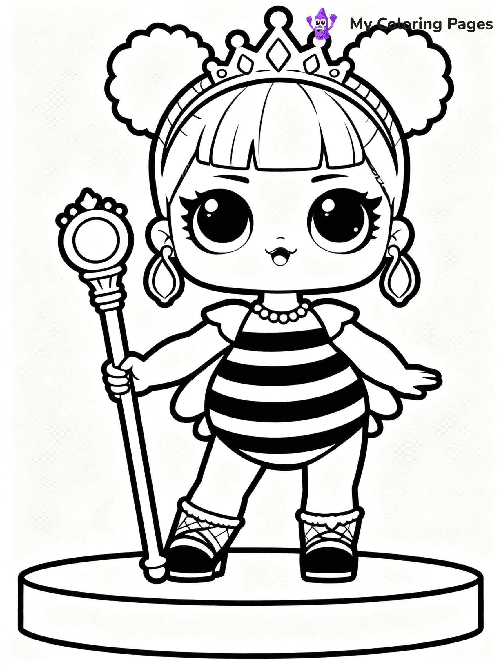 ⚠️ CRITICAL REQUIREMENT - ABSOLUTE BLACK AND WHITE ONLY ⚠️
This MUST be a BLACK AND WHITE line drawing ONLY. NO COLORS whatsoever.
- ONLY pure black lines (#000000) on pure white background (#FFFFFF)
- ABSOLUTELY NO colors, NO shading, NO gradients, NO grayscale
- If there are ANY colors in the output, the image is REJECTED
- This is a COLORING PAGE - meant to be COLORED IN by children
- The output must be UNCOLORED line art ready for coloring
⚠️ SUBJECT TO DRAW: Queen Bee from LOL dolls posing confidently, holding a golden scepter. Important: PURE OUTLINES. NO FILLS, COLOR, SHADING, OR GREYSCALE. WHITE BACKGROUND.
(REMEMBER: Output must be BLACK AND WHITE line art only, NOT colored!)
# Flat, Friendly Cartoon Line-Art Coloring Page
You are generating a **pure black-and-white binary image** of a child-friendly cartoon scene combining characters and background scenery in one cohesive composition.
## Rendering Rules (Strict)
- Only two colors: pure black (#000000) outlines and pure white (#FFFFFF) background.
- No grayscale, shading, gradients, tints, fills, transparency, or partial pixels.
- No antialiasing or blended edges; every pixel is 100% black or white.
- No solid black fills inside shapes — all areas inside outlines must remain white.
- No dark clothing areas or filled tone blocks; all garments outlined only.
- No shadows, textures, lighting, or tonal variations.
- Must look like flat binary vector line-art for coloring pages.
## Drawing & Composition
- **Medium, consistent line weight**; clean closed outlines easy to color inside.
- **Flat, simple, child-friendly design** — no realism or 3D depth.
- Characters are **grounded on a surface**, centered and large.
- **Balanced composition** with clear silhouettes and minimal props.
## Scenery & Style
- Landmarks (e.g., mosque, CN Tower) and scenery (trees, benches, waves) drawn with **black outlines only.**
- For real-world figures, teams, or places, show accurate details using only black outlines—no text or logos. Use distinctive uniform patterns, abstract symbols, and landmark silhouettes to convey identity.
- Keep **consistent perspective**; no floating elements.
- **Style:** whimsical **Doodle Art Alley** — rounded, friendly outlines.
- May adapt shapes from **Crayola, Disney, Peppa Pig, Cocomelon** — *by shape only, never color.*
- Final output: **flat, crisp, binary (#000000/#FFFFFF)**, **no filled color or background text.**
EXTREMELYE IMPORTANT:
- PURE BINARY LINE-ART; NO FILLS (HAIR/CLOTHES/SKIN), SHADING, OR GREY.
- NO SHADING, COLOR. MUST BE WHITE BACKGROUND.
⚠️ FINAL REMINDER: Draw the subject "Queen Bee from LOL dolls posing confidently, holding a golden scepter. Important: PURE OUTLINES. NO FILLS, COLOR, SHADING, OR GREYSCALE. WHITE BACKGROUND." as BLACK AND WHITE line art. Zero colors in output.