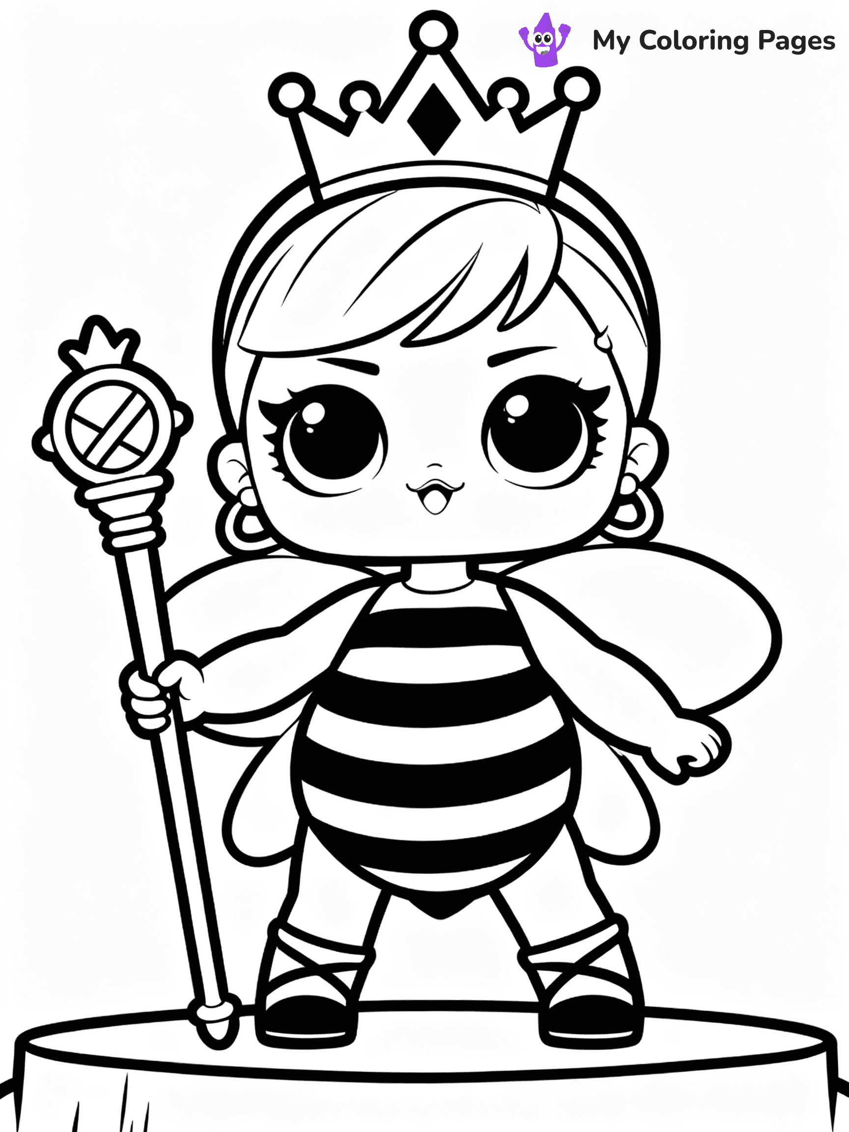 ⚠️ CRITICAL REQUIREMENT - ABSOLUTE BLACK AND WHITE ONLY ⚠️
This MUST be a BLACK AND WHITE line drawing ONLY. NO COLORS whatsoever.
- ONLY pure black lines (#000000) on pure white background (#FFFFFF)
- ABSOLUTELY NO colors, NO shading, NO gradients, NO grayscale
- If there are ANY colors in the output, the image is REJECTED
- This is a COLORING PAGE - meant to be COLORED IN by children
- The output must be UNCOLORED line art ready for coloring
⚠️ SUBJECT TO DRAW: Queen Bee from LOL dolls posing confidently, holding a golden scepter. Important: PURE OUTLINES. NO FILLS, COLOR, SHADING, OR GREYSCALE. WHITE BACKGROUND.
(REMEMBER: Output must be BLACK AND WHITE line art only, NOT colored!)
# Flat, Friendly Cartoon Line-Art Coloring Page
You are generating a **pure black-and-white binary image** of a child-friendly cartoon scene combining characters and background scenery in one cohesive composition.
## Rendering Rules (Strict)
- Only two colors: pure black (#000000) outlines and pure white (#FFFFFF) background.
- No grayscale, shading, gradients, tints, fills, transparency, or partial pixels.
- No antialiasing or blended edges; every pixel is 100% black or white.
- No solid black fills inside shapes — all areas inside outlines must remain white.
- No dark clothing areas or filled tone blocks; all garments outlined only.
- No shadows, textures, lighting, or tonal variations.
- Must look like flat binary vector line-art for coloring pages.
## Drawing & Composition
- **Medium, consistent line weight**; clean closed outlines easy to color inside.
- **Flat, simple, child-friendly design** — no realism or 3D depth.
- Characters are **grounded on a surface**, centered and large.
- **Balanced composition** with clear silhouettes and minimal props.
## Scenery & Style
- Landmarks (e.g., mosque, CN Tower) and scenery (trees, benches, waves) drawn with **black outlines only.**
- For real-world figures, teams, or places, show accurate details using only black outlines—no text or logos. Use distinctive uniform patterns, abstract symbols, and landmark silhouettes to convey identity.
- Keep **consistent perspective**; no floating elements.
- **Style:** whimsical **Doodle Art Alley** — rounded, friendly outlines.
- May adapt shapes from **Crayola, Disney, Peppa Pig, Cocomelon** — *by shape only, never color.*
- Final output: **flat, crisp, binary (#000000/#FFFFFF)**, **no filled color or background text.**
EXTREMELYE IMPORTANT:
- PURE BINARY LINE-ART; NO FILLS (HAIR/CLOTHES/SKIN), SHADING, OR GREY.
- NO SHADING, COLOR. MUST BE WHITE BACKGROUND.
⚠️ FINAL REMINDER: Draw the subject "Queen Bee from LOL dolls posing confidently, holding a golden scepter. Important: PURE OUTLINES. NO FILLS, COLOR, SHADING, OR GREYSCALE. WHITE BACKGROUND." as BLACK AND WHITE line art. Zero colors in output.