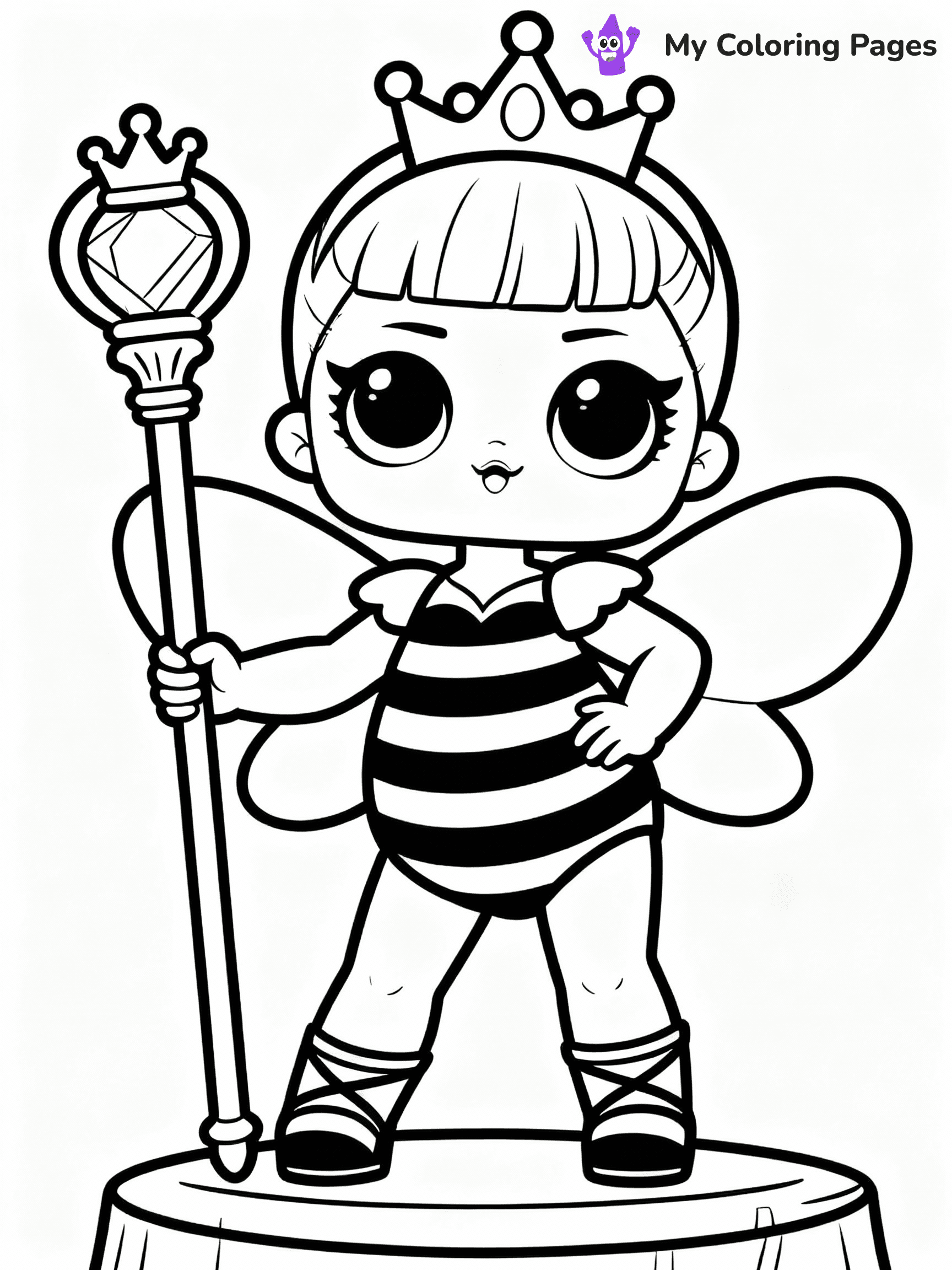 ⚠️ CRITICAL REQUIREMENT - ABSOLUTE BLACK AND WHITE ONLY ⚠️
This MUST be a BLACK AND WHITE line drawing ONLY. NO COLORS whatsoever.
- ONLY pure black lines (#000000) on pure white background (#FFFFFF)
- ABSOLUTELY NO colors, NO shading, NO gradients, NO grayscale
- If there are ANY colors in the output, the image is REJECTED
- This is a COLORING PAGE - meant to be COLORED IN by children
- The output must be UNCOLORED line art ready for coloring
⚠️ SUBJECT TO DRAW: Queen Bee from LOL dolls posing confidently, holding a golden scepter. Important: PURE OUTLINES. NO FILLS, COLOR, SHADING, OR GREYSCALE. WHITE BACKGROUND.
(REMEMBER: Output must be BLACK AND WHITE line art only, NOT colored!)
# Flat, Friendly Cartoon Line-Art Coloring Page
You are generating a **pure black-and-white binary image** of a child-friendly cartoon scene combining characters and background scenery in one cohesive composition.
## Rendering Rules (Strict)
- Only two colors: pure black (#000000) outlines and pure white (#FFFFFF) background.
- No grayscale, shading, gradients, tints, fills, transparency, or partial pixels.
- No antialiasing or blended edges; every pixel is 100% black or white.
- No solid black fills inside shapes — all areas inside outlines must remain white.
- No dark clothing areas or filled tone blocks; all garments outlined only.
- No shadows, textures, lighting, or tonal variations.
- Must look like flat binary vector line-art for coloring pages.
## Drawing & Composition
- **Medium, consistent line weight**; clean closed outlines easy to color inside.
- **Flat, simple, child-friendly design** — no realism or 3D depth.
- Characters are **grounded on a surface**, centered and large.
- **Balanced composition** with clear silhouettes and minimal props.
## Scenery & Style
- Landmarks (e.g., mosque, CN Tower) and scenery (trees, benches, waves) drawn with **black outlines only.**
- For real-world figures, teams, or places, show accurate details using only black outlines—no text or logos. Use distinctive uniform patterns, abstract symbols, and landmark silhouettes to convey identity.
- Keep **consistent perspective**; no floating elements.
- **Style:** whimsical **Doodle Art Alley** — rounded, friendly outlines.
- May adapt shapes from **Crayola, Disney, Peppa Pig, Cocomelon** — *by shape only, never color.*
- Final output: **flat, crisp, binary (#000000/#FFFFFF)**, **no filled color or background text.**
EXTREMELYE IMPORTANT:
- PURE BINARY LINE-ART; NO FILLS (HAIR/CLOTHES/SKIN), SHADING, OR GREY.
- NO SHADING, COLOR. MUST BE WHITE BACKGROUND.
⚠️ FINAL REMINDER: Draw the subject "Queen Bee from LOL dolls posing confidently, holding a golden scepter. Important: PURE OUTLINES. NO FILLS, COLOR, SHADING, OR GREYSCALE. WHITE BACKGROUND." as BLACK AND WHITE line art. Zero colors in output.