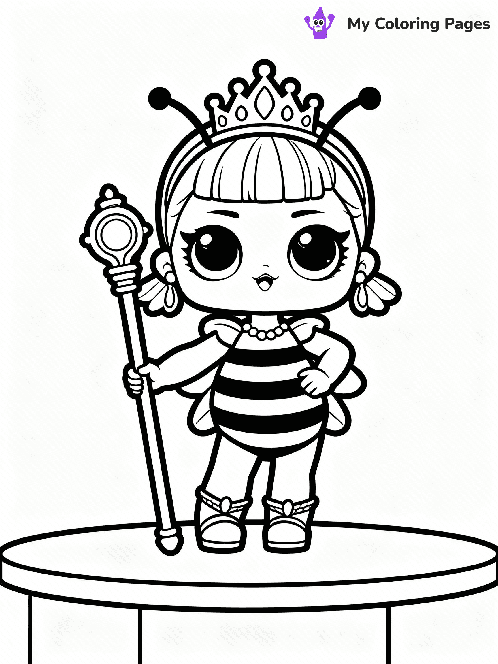 ⚠️ CRITICAL REQUIREMENT - ABSOLUTE BLACK AND WHITE ONLY ⚠️
This MUST be a BLACK AND WHITE line drawing ONLY. NO COLORS whatsoever.
- ONLY pure black lines (#000000) on pure white background (#FFFFFF)
- ABSOLUTELY NO colors, NO shading, NO gradients, NO grayscale
- If there are ANY colors in the output, the image is REJECTED
- This is a COLORING PAGE - meant to be COLORED IN by children
- The output must be UNCOLORED line art ready for coloring
⚠️ SUBJECT TO DRAW: Queen Bee from LOL dolls posing confidently, holding a golden scepter. Important: PURE OUTLINES. NO FILLS, COLOR, SHADING, OR GREYSCALE. WHITE BACKGROUND.
(REMEMBER: Output must be BLACK AND WHITE line art only, NOT colored!)
# Flat, Friendly Cartoon Line-Art Coloring Page
You are generating a **pure black-and-white binary image** of a child-friendly cartoon scene combining characters and background scenery in one cohesive composition.
## Rendering Rules (Strict)
- Only two colors: pure black (#000000) outlines and pure white (#FFFFFF) background.
- No grayscale, shading, gradients, tints, fills, transparency, or partial pixels.
- No antialiasing or blended edges; every pixel is 100% black or white.
- No solid black fills inside shapes — all areas inside outlines must remain white.
- No dark clothing areas or filled tone blocks; all garments outlined only.
- No shadows, textures, lighting, or tonal variations.
- Must look like flat binary vector line-art for coloring pages.
## Drawing & Composition
- **Medium, consistent line weight**; clean closed outlines easy to color inside.
- **Flat, simple, child-friendly design** — no realism or 3D depth.
- Characters are **grounded on a surface**, centered and large.
- **Balanced composition** with clear silhouettes and minimal props.
## Scenery & Style
- Landmarks (e.g., mosque, CN Tower) and scenery (trees, benches, waves) drawn with **black outlines only.**
- For real-world figures, teams, or places, show accurate details using only black outlines—no text or logos. Use distinctive uniform patterns, abstract symbols, and landmark silhouettes to convey identity.
- Keep **consistent perspective**; no floating elements.
- **Style:** whimsical **Doodle Art Alley** — rounded, friendly outlines.
- May adapt shapes from **Crayola, Disney, Peppa Pig, Cocomelon** — *by shape only, never color.*
- Final output: **flat, crisp, binary (#000000/#FFFFFF)**, **no filled color or background text.**
EXTREMELYE IMPORTANT:
- PURE BINARY LINE-ART; NO FILLS (HAIR/CLOTHES/SKIN), SHADING, OR GREY.
- NO SHADING, COLOR. MUST BE WHITE BACKGROUND.
⚠️ FINAL REMINDER: Draw the subject "Queen Bee from LOL dolls posing confidently, holding a golden scepter. Important: PURE OUTLINES. NO FILLS, COLOR, SHADING, OR GREYSCALE. WHITE BACKGROUND." as BLACK AND WHITE line art. Zero colors in output.