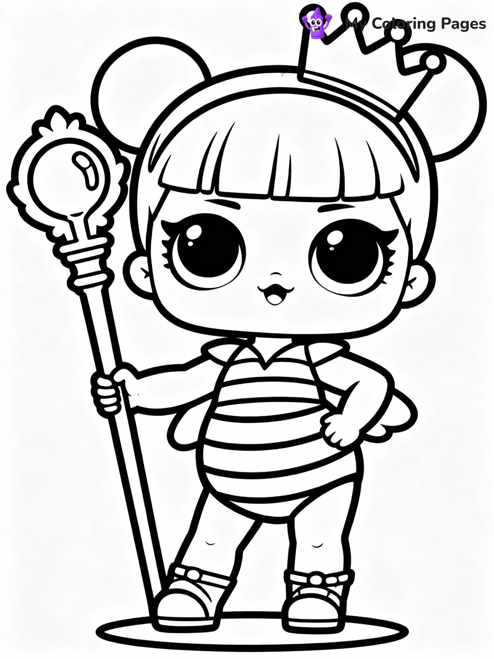 ⚠️ CRITICAL REQUIREMENT - ABSOLUTE BLACK AND WHITE ONLY ⚠️
This MUST be a BLACK AND WHITE line drawing ONLY. NO COLORS whatsoever.
- ONLY pure black lines (#000000) on pure white background (#FFFFFF)
- ABSOLUTELY NO colors, NO shading, NO gradients, NO grayscale
- If there are ANY colors in the output, the image is REJECTED
- This is a COLORING PAGE - meant to be COLORED IN by children
- The output must be UNCOLORED line art ready for coloring
⚠️ SUBJECT TO DRAW: Queen Bee from LOL dolls posing confidently, holding a golden scepter. Important: PURE OUTLINES. NO FILLS, COLOR, SHADING, OR GREYSCALE. WHITE BACKGROUND.
(REMEMBER: Output must be BLACK AND WHITE line art only, NOT colored!)
# Flat, Friendly Cartoon Line-Art Coloring Page
You are generating a **pure black-and-white binary image** of a child-friendly cartoon scene combining characters and background scenery in one cohesive composition.
## Rendering Rules (Strict)
- Only two colors: pure black (#000000) outlines and pure white (#FFFFFF) background.
- No grayscale, shading, gradients, tints, fills, transparency, or partial pixels.
- No antialiasing or blended edges; every pixel is 100% black or white.
- No solid black fills inside shapes — all areas inside outlines must remain white.
- No dark clothing areas or filled tone blocks; all garments outlined only.
- No shadows, textures, lighting, or tonal variations.
- Must look like flat binary vector line-art for coloring pages.
## Drawing & Composition
- **Medium, consistent line weight**; clean closed outlines easy to color inside.
- **Flat, simple, child-friendly design** — no realism or 3D depth.
- Characters are **grounded on a surface**, centered and large.
- **Balanced composition** with clear silhouettes and minimal props.
## Scenery & Style
- Landmarks (e.g., mosque, CN Tower) and scenery (trees, benches, waves) drawn with **black outlines only.**
- For real-world figures, teams, or places, show accurate details using only black outlines—no text or logos. Use distinctive uniform patterns, abstract symbols, and landmark silhouettes to convey identity.
- Keep **consistent perspective**; no floating elements.
- **Style:** whimsical **Doodle Art Alley** — rounded, friendly outlines.
- May adapt shapes from **Crayola, Disney, Peppa Pig, Cocomelon** — *by shape only, never color.*
- Final output: **flat, crisp, binary (#000000/#FFFFFF)**, **no filled color or background text.**
EXTREMELYE IMPORTANT:
- PURE BINARY LINE-ART; NO FILLS (HAIR/CLOTHES/SKIN), SHADING, OR GREY.
- NO SHADING, COLOR. MUST BE WHITE BACKGROUND.
⚠️ FINAL REMINDER: Draw the subject "Queen Bee from LOL dolls posing confidently, holding a golden scepter. Important: PURE OUTLINES. NO FILLS, COLOR, SHADING, OR GREYSCALE. WHITE BACKGROUND." as BLACK AND WHITE line art. Zero colors in output.