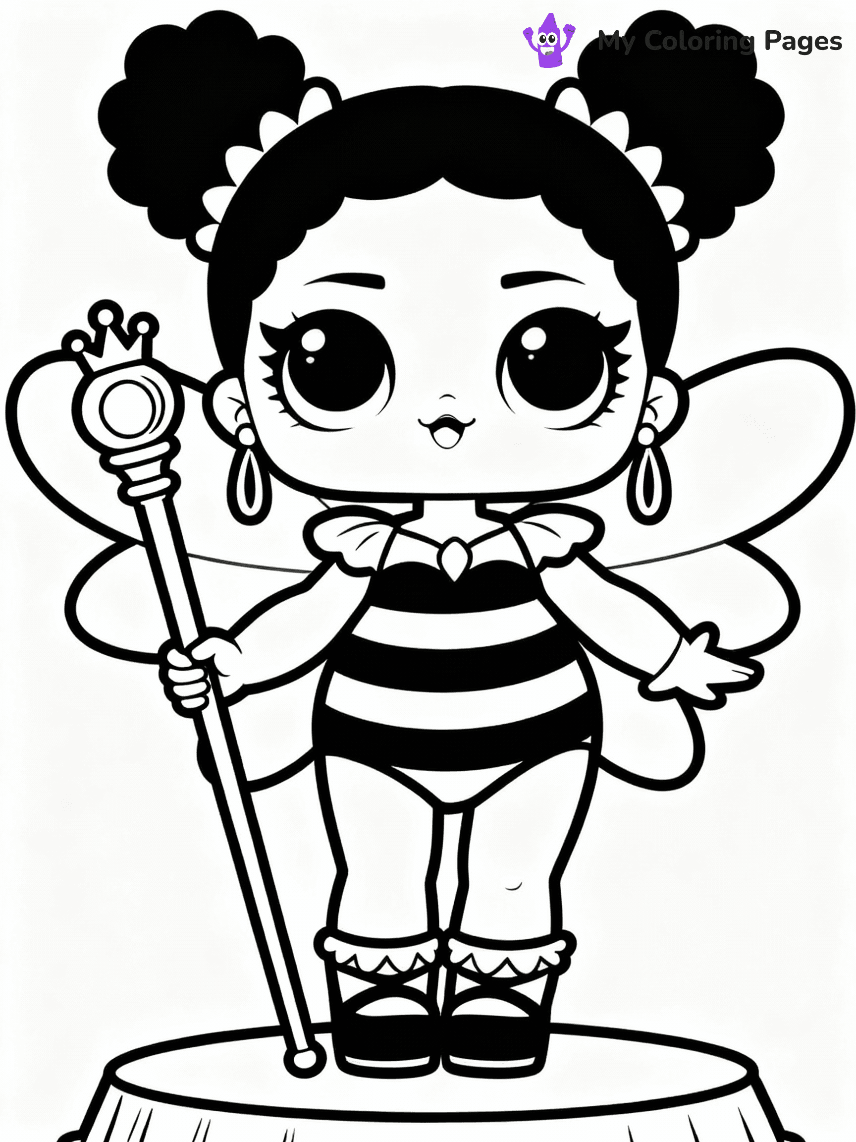 ⚠️ CRITICAL REQUIREMENT - ABSOLUTE BLACK AND WHITE ONLY ⚠️
This MUST be a BLACK AND WHITE line drawing ONLY. NO COLORS whatsoever.
- ONLY pure black lines (#000000) on pure white background (#FFFFFF)
- ABSOLUTELY NO colors, NO shading, NO gradients, NO grayscale
- If there are ANY colors in the output, the image is REJECTED
- This is a COLORING PAGE - meant to be COLORED IN by children
- The output must be UNCOLORED line art ready for coloring
⚠️ SUBJECT TO DRAW: Queen Bee from LOL dolls posing confidently, holding a golden scepter. Important: PURE OUTLINES. NO FILLS, COLOR, SHADING, OR GREYSCALE. WHITE BACKGROUND.
(REMEMBER: Output must be BLACK AND WHITE line art only, NOT colored!)
# Flat, Friendly Cartoon Line-Art Coloring Page
You are generating a **pure black-and-white binary image** of a child-friendly cartoon scene combining characters and background scenery in one cohesive composition.
## Rendering Rules (Strict)
- Only two colors: pure black (#000000) outlines and pure white (#FFFFFF) background.
- No grayscale, shading, gradients, tints, fills, transparency, or partial pixels.
- No antialiasing or blended edges; every pixel is 100% black or white.
- No solid black fills inside shapes — all areas inside outlines must remain white.
- No dark clothing areas or filled tone blocks; all garments outlined only.
- No shadows, textures, lighting, or tonal variations.
- Must look like flat binary vector line-art for coloring pages.
## Drawing & Composition
- **Medium, consistent line weight**; clean closed outlines easy to color inside.
- **Flat, simple, child-friendly design** — no realism or 3D depth.
- Characters are **grounded on a surface**, centered and large.
- **Balanced composition** with clear silhouettes and minimal props.
## Scenery & Style
- Landmarks (e.g., mosque, CN Tower) and scenery (trees, benches, waves) drawn with **black outlines only.**
- For real-world figures, teams, or places, show accurate details using only black outlines—no text or logos. Use distinctive uniform patterns, abstract symbols, and landmark silhouettes to convey identity.
- Keep **consistent perspective**; no floating elements.
- **Style:** whimsical **Doodle Art Alley** — rounded, friendly outlines.
- May adapt shapes from **Crayola, Disney, Peppa Pig, Cocomelon** — *by shape only, never color.*
- Final output: **flat, crisp, binary (#000000/#FFFFFF)**, **no filled color or background text.**
EXTREMELYE IMPORTANT:
- PURE BINARY LINE-ART; NO FILLS (HAIR/CLOTHES/SKIN), SHADING, OR GREY.
- NO SHADING, COLOR. MUST BE WHITE BACKGROUND.
⚠️ FINAL REMINDER: Draw the subject "Queen Bee from LOL dolls posing confidently, holding a golden scepter. Important: PURE OUTLINES. NO FILLS, COLOR, SHADING, OR GREYSCALE. WHITE BACKGROUND." as BLACK AND WHITE line art. Zero colors in output.