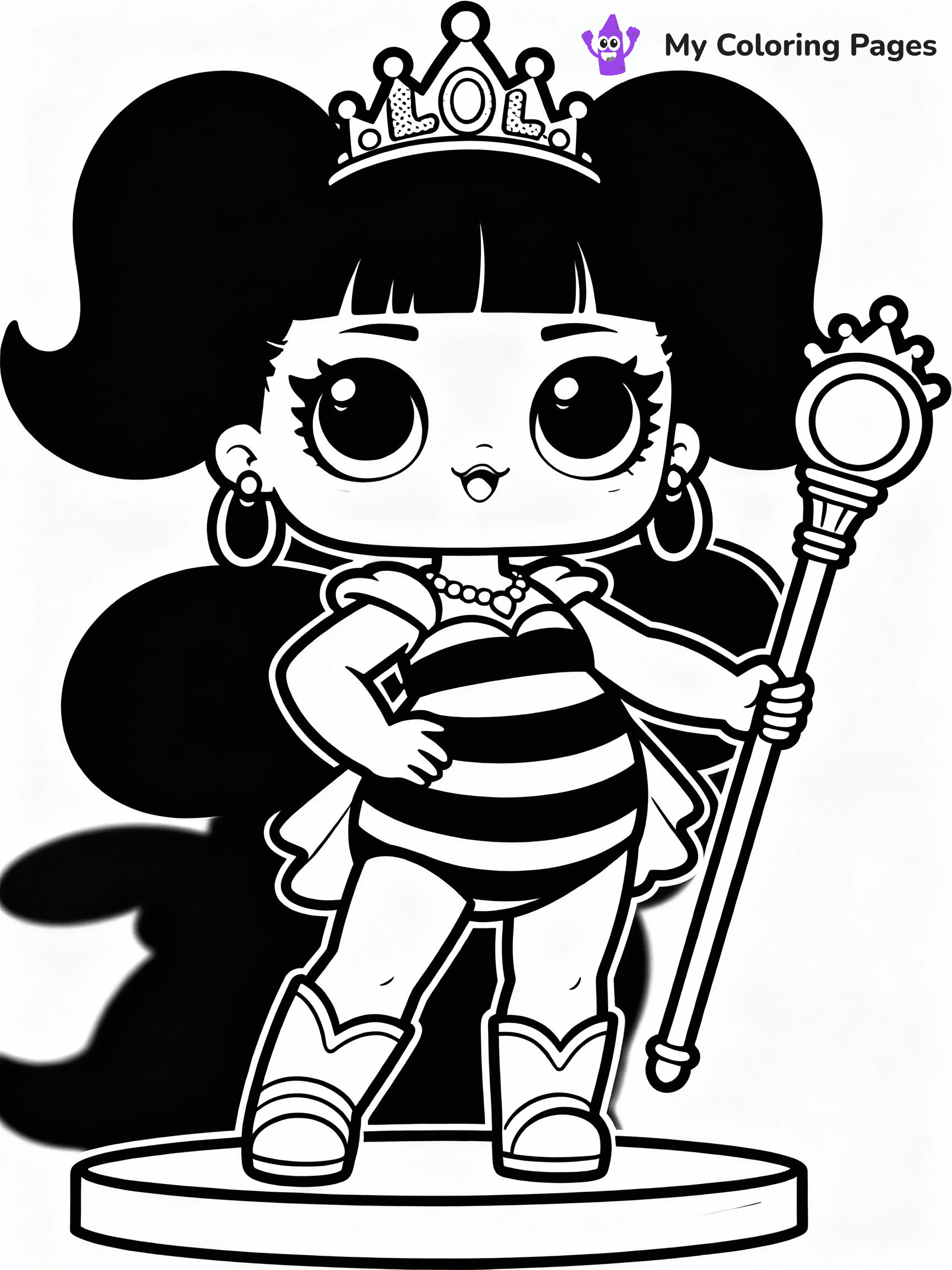 ⚠️ CRITICAL REQUIREMENT - ABSOLUTE BLACK AND WHITE ONLY ⚠️
This MUST be a BLACK AND WHITE line drawing ONLY. NO COLORS whatsoever.
- ONLY pure black lines (#000000) on pure white background (#FFFFFF)
- ABSOLUTELY NO colors, NO shading, NO gradients, NO grayscale
- If there are ANY colors in the output, the image is REJECTED
- This is a COLORING PAGE - meant to be COLORED IN by children
- The output must be UNCOLORED line art ready for coloring
⚠️ SUBJECT TO DRAW: Queen Bee from LOL dolls posing confidently, holding a golden scepter. Important: PURE OUTLINES. NO FILLS, COLOR, SHADING, OR GREYSCALE. WHITE BACKGROUND.
(REMEMBER: Output must be BLACK AND WHITE line art only, NOT colored!)
# Flat, Friendly Cartoon Line-Art Coloring Page
You are generating a **pure black-and-white binary image** of a child-friendly cartoon scene combining characters and background scenery in one cohesive composition.
## Rendering Rules (Strict)
- Only two colors: pure black (#000000) outlines and pure white (#FFFFFF) background.
- No grayscale, shading, gradients, tints, fills, transparency, or partial pixels.
- No antialiasing or blended edges; every pixel is 100% black or white.
- No solid black fills inside shapes — all areas inside outlines must remain white.
- No dark clothing areas or filled tone blocks; all garments outlined only.
- No shadows, textures, lighting, or tonal variations.
- Must look like flat binary vector line-art for coloring pages.
## Drawing & Composition
- **Medium, consistent line weight**; clean closed outlines easy to color inside.
- **Flat, simple, child-friendly design** — no realism or 3D depth.
- Characters are **grounded on a surface**, centered and large.
- **Balanced composition** with clear silhouettes and minimal props.
## Scenery & Style
- Landmarks (e.g., mosque, CN Tower) and scenery (trees, benches, waves) drawn with **black outlines only.**
- For real-world figures, teams, or places, show accurate details using only black outlines—no text or logos. Use distinctive uniform patterns, abstract symbols, and landmark silhouettes to convey identity.
- Keep **consistent perspective**; no floating elements.
- **Style:** whimsical **Doodle Art Alley** — rounded, friendly outlines.
- May adapt shapes from **Crayola, Disney, Peppa Pig, Cocomelon** — *by shape only, never color.*
- Final output: **flat, crisp, binary (#000000/#FFFFFF)**, **no filled color or background text.**
EXTREMELYE IMPORTANT:
- PURE BINARY LINE-ART; NO FILLS (HAIR/CLOTHES/SKIN), SHADING, OR GREY.
- NO SHADING, COLOR. MUST BE WHITE BACKGROUND.
⚠️ FINAL REMINDER: Draw the subject "Queen Bee from LOL dolls posing confidently, holding a golden scepter. Important: PURE OUTLINES. NO FILLS, COLOR, SHADING, OR GREYSCALE. WHITE BACKGROUND." as BLACK AND WHITE line art. Zero colors in output.