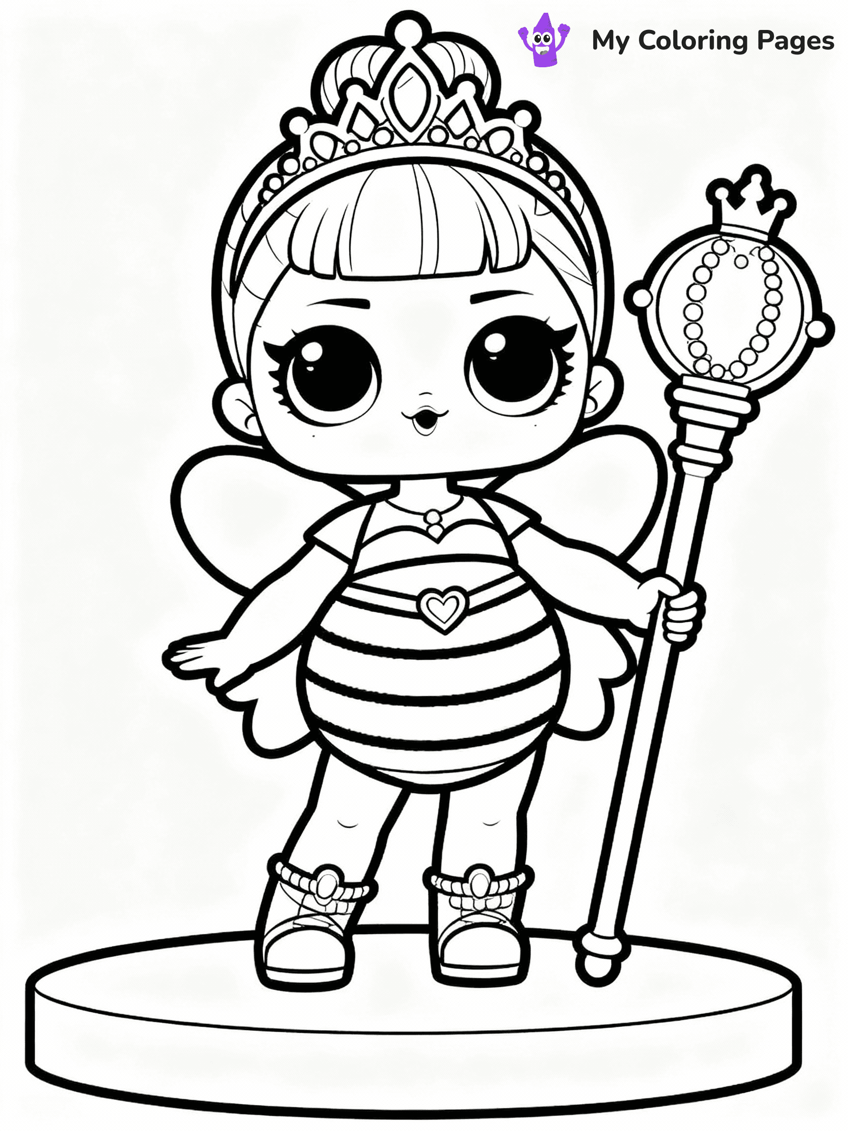 ⚠️ CRITICAL REQUIREMENT - ABSOLUTE BLACK AND WHITE ONLY ⚠️
This MUST be a BLACK AND WHITE line drawing ONLY. NO COLORS whatsoever.
- ONLY pure black lines (#000000) on pure white background (#FFFFFF)
- ABSOLUTELY NO colors, NO shading, NO gradients, NO grayscale
- If there are ANY colors in the output, the image is REJECTED
- This is a COLORING PAGE - meant to be COLORED IN by children
- The output must be UNCOLORED line art ready for coloring
⚠️ SUBJECT TO DRAW: Queen Bee from LOL dolls posing confidently, holding a golden scepter. Important: PURE OUTLINES. NO FILLS, COLOR, SHADING, OR GREYSCALE. WHITE BACKGROUND.
(REMEMBER: Output must be BLACK AND WHITE line art only, NOT colored!)
# Flat, Friendly Cartoon Line-Art Coloring Page
You are generating a **pure black-and-white binary image** of a child-friendly cartoon scene combining characters and background scenery in one cohesive composition.
## Rendering Rules (Strict)
- Only two colors: pure black (#000000) outlines and pure white (#FFFFFF) background.
- No grayscale, shading, gradients, tints, fills, transparency, or partial pixels.
- No antialiasing or blended edges; every pixel is 100% black or white.
- No solid black fills inside shapes — all areas inside outlines must remain white.
- No dark clothing areas or filled tone blocks; all garments outlined only.
- No shadows, textures, lighting, or tonal variations.
- Must look like flat binary vector line-art for coloring pages.
## Drawing & Composition
- **Medium, consistent line weight**; clean closed outlines easy to color inside.
- **Flat, simple, child-friendly design** — no realism or 3D depth.
- Characters are **grounded on a surface**, centered and large.
- **Balanced composition** with clear silhouettes and minimal props.
## Scenery & Style
- Landmarks (e.g., mosque, CN Tower) and scenery (trees, benches, waves) drawn with **black outlines only.**
- For real-world figures, teams, or places, show accurate details using only black outlines—no text or logos. Use distinctive uniform patterns, abstract symbols, and landmark silhouettes to convey identity.
- Keep **consistent perspective**; no floating elements.
- **Style:** whimsical **Doodle Art Alley** — rounded, friendly outlines.
- May adapt shapes from **Crayola, Disney, Peppa Pig, Cocomelon** — *by shape only, never color.*
- Final output: **flat, crisp, binary (#000000/#FFFFFF)**, **no filled color or background text.**
EXTREMELYE IMPORTANT:
- PURE BINARY LINE-ART; NO FILLS (HAIR/CLOTHES/SKIN), SHADING, OR GREY.
- NO SHADING, COLOR. MUST BE WHITE BACKGROUND.
⚠️ FINAL REMINDER: Draw the subject "Queen Bee from LOL dolls posing confidently, holding a golden scepter. Important: PURE OUTLINES. NO FILLS, COLOR, SHADING, OR GREYSCALE. WHITE BACKGROUND." as BLACK AND WHITE line art. Zero colors in output.