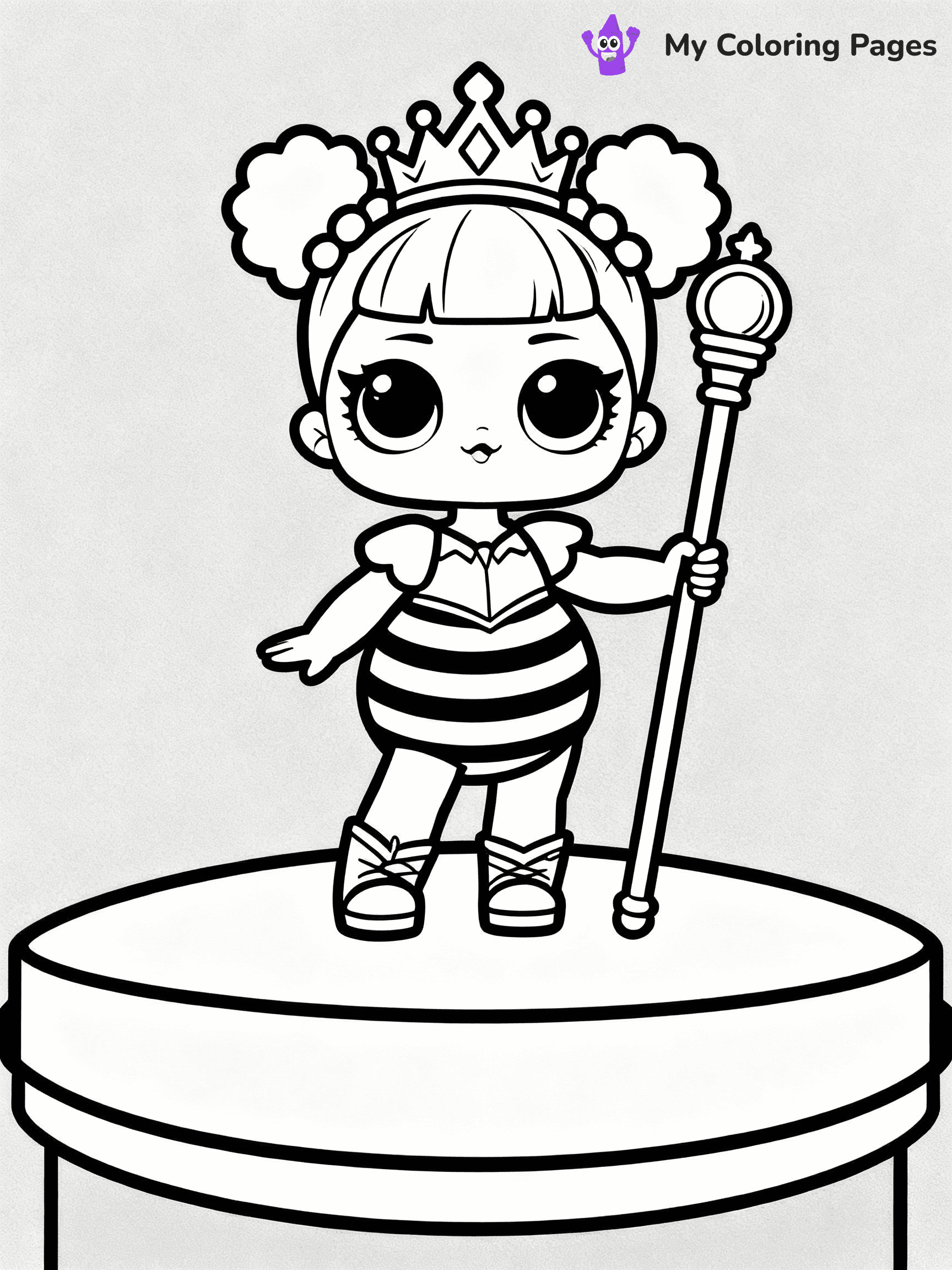 ⚠️ CRITICAL REQUIREMENT - ABSOLUTE BLACK AND WHITE ONLY ⚠️
This MUST be a BLACK AND WHITE line drawing ONLY. NO COLORS whatsoever.
- ONLY pure black lines (#000000) on pure white background (#FFFFFF)
- ABSOLUTELY NO colors, NO shading, NO gradients, NO grayscale
- If there are ANY colors in the output, the image is REJECTED
- This is a COLORING PAGE - meant to be COLORED IN by children
- The output must be UNCOLORED line art ready for coloring
⚠️ SUBJECT TO DRAW: Queen Bee from LOL dolls posing confidently, holding a golden scepter. Important: PURE OUTLINES. NO FILLS, COLOR, SHADING, OR GREYSCALE. WHITE BACKGROUND.
(REMEMBER: Output must be BLACK AND WHITE line art only, NOT colored!)
# Flat, Friendly Cartoon Line-Art Coloring Page
You are generating a **pure black-and-white binary image** of a child-friendly cartoon scene combining characters and background scenery in one cohesive composition.
## Rendering Rules (Strict)
- Only two colors: pure black (#000000) outlines and pure white (#FFFFFF) background.
- No grayscale, shading, gradients, tints, fills, transparency, or partial pixels.
- No antialiasing or blended edges; every pixel is 100% black or white.
- No solid black fills inside shapes — all areas inside outlines must remain white.
- No dark clothing areas or filled tone blocks; all garments outlined only.
- No shadows, textures, lighting, or tonal variations.
- Must look like flat binary vector line-art for coloring pages.
## Drawing & Composition
- **Medium, consistent line weight**; clean closed outlines easy to color inside.
- **Flat, simple, child-friendly design** — no realism or 3D depth.
- Characters are **grounded on a surface**, centered and large.
- **Balanced composition** with clear silhouettes and minimal props.
## Scenery & Style
- Landmarks (e.g., mosque, CN Tower) and scenery (trees, benches, waves) drawn with **black outlines only.**
- For real-world figures, teams, or places, show accurate details using only black outlines—no text or logos. Use distinctive uniform patterns, abstract symbols, and landmark silhouettes to convey identity.
- Keep **consistent perspective**; no floating elements.
- **Style:** whimsical **Doodle Art Alley** — rounded, friendly outlines.
- May adapt shapes from **Crayola, Disney, Peppa Pig, Cocomelon** — *by shape only, never color.*
- Final output: **flat, crisp, binary (#000000/#FFFFFF)**, **no filled color or background text.**
EXTREMELYE IMPORTANT:
- PURE BINARY LINE-ART; NO FILLS (HAIR/CLOTHES/SKIN), SHADING, OR GREY.
- NO SHADING, COLOR. MUST BE WHITE BACKGROUND.
⚠️ FINAL REMINDER: Draw the subject "Queen Bee from LOL dolls posing confidently, holding a golden scepter. Important: PURE OUTLINES. NO FILLS, COLOR, SHADING, OR GREYSCALE. WHITE BACKGROUND." as BLACK AND WHITE line art. Zero colors in output.