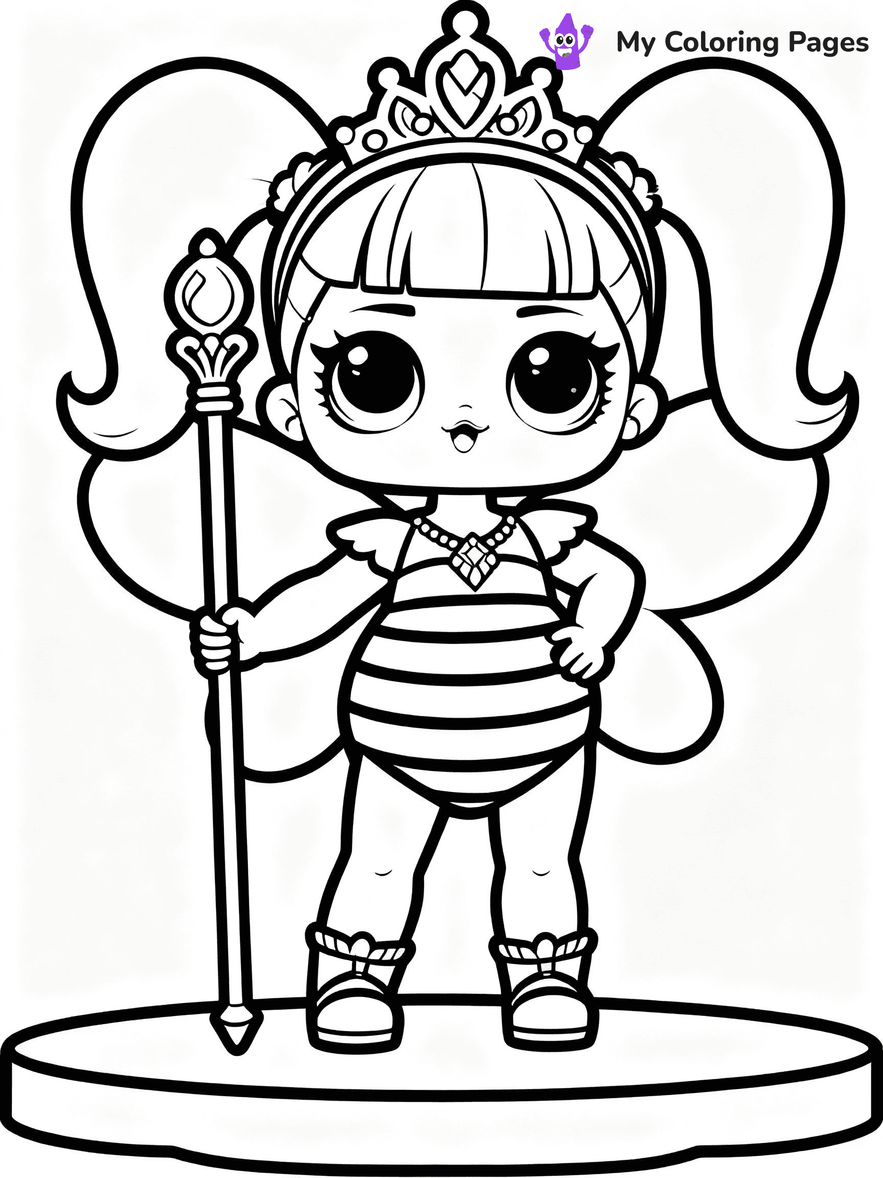 ⚠️ CRITICAL REQUIREMENT - ABSOLUTE BLACK AND WHITE ONLY ⚠️
This MUST be a BLACK AND WHITE line drawing ONLY. NO COLORS whatsoever.
- ONLY pure black lines (#000000) on pure white background (#FFFFFF)
- ABSOLUTELY NO colors, NO shading, NO gradients, NO grayscale
- If there are ANY colors in the output, the image is REJECTED
- This is a COLORING PAGE - meant to be COLORED IN by children
- The output must be UNCOLORED line art ready for coloring
⚠️ SUBJECT TO DRAW: Queen Bee from LOL dolls posing confidently, holding a golden scepter. Important: PURE OUTLINES. NO FILLS, COLOR, SHADING, OR GREYSCALE. WHITE BACKGROUND.
(REMEMBER: Output must be BLACK AND WHITE line art only, NOT colored!)
# Flat, Friendly Cartoon Line-Art Coloring Page
You are generating a **pure black-and-white binary image** of a child-friendly cartoon scene combining characters and background scenery in one cohesive composition.
## Rendering Rules (Strict)
- Only two colors: pure black (#000000) outlines and pure white (#FFFFFF) background.
- No grayscale, shading, gradients, tints, fills, transparency, or partial pixels.
- No antialiasing or blended edges; every pixel is 100% black or white.
- No solid black fills inside shapes — all areas inside outlines must remain white.
- No dark clothing areas or filled tone blocks; all garments outlined only.
- No shadows, textures, lighting, or tonal variations.
- Must look like flat binary vector line-art for coloring pages.
## Drawing & Composition
- **Medium, consistent line weight**; clean closed outlines easy to color inside.
- **Flat, simple, child-friendly design** — no realism or 3D depth.
- Characters are **grounded on a surface**, centered and large.
- **Balanced composition** with clear silhouettes and minimal props.
## Scenery & Style
- Landmarks (e.g., mosque, CN Tower) and scenery (trees, benches, waves) drawn with **black outlines only.**
- For real-world figures, teams, or places, show accurate details using only black outlines—no text or logos. Use distinctive uniform patterns, abstract symbols, and landmark silhouettes to convey identity.
- Keep **consistent perspective**; no floating elements.
- **Style:** whimsical **Doodle Art Alley** — rounded, friendly outlines.
- May adapt shapes from **Crayola, Disney, Peppa Pig, Cocomelon** — *by shape only, never color.*
- Final output: **flat, crisp, binary (#000000/#FFFFFF)**, **no filled color or background text.**
EXTREMELYE IMPORTANT:
- PURE BINARY LINE-ART; NO FILLS (HAIR/CLOTHES/SKIN), SHADING, OR GREY.
- NO SHADING, COLOR. MUST BE WHITE BACKGROUND.
⚠️ FINAL REMINDER: Draw the subject "Queen Bee from LOL dolls posing confidently, holding a golden scepter. Important: PURE OUTLINES. NO FILLS, COLOR, SHADING, OR GREYSCALE. WHITE BACKGROUND." as BLACK AND WHITE line art. Zero colors in output.