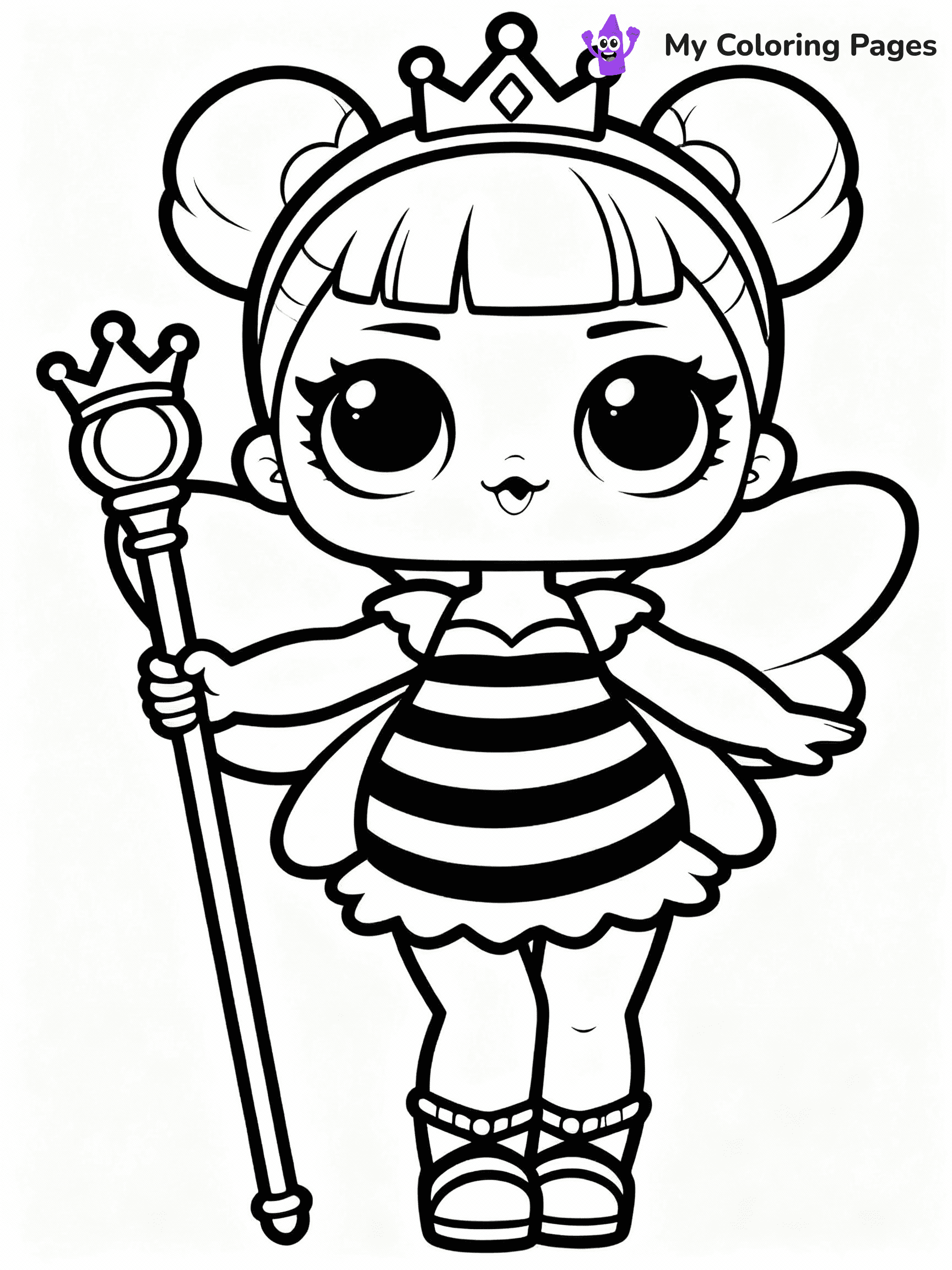 ⚠️ CRITICAL REQUIREMENT - ABSOLUTE BLACK AND WHITE ONLY ⚠️
This MUST be a BLACK AND WHITE line drawing ONLY. NO COLORS whatsoever.
- ONLY pure black lines (#000000) on pure white background (#FFFFFF)
- ABSOLUTELY NO colors, NO shading, NO gradients, NO grayscale
- If there are ANY colors in the output, the image is REJECTED
- This is a COLORING PAGE - meant to be COLORED IN by children
- The output must be UNCOLORED line art ready for coloring
⚠️ SUBJECT TO DRAW: Queen Bee from LOL dolls posing confidently, holding a golden scepter. Important: PURE OUTLINES. NO FILLS, COLOR, SHADING, OR GREYSCALE. WHITE BACKGROUND.
(REMEMBER: Output must be BLACK AND WHITE line art only, NOT colored!)
# Flat, Friendly Cartoon Line-Art Coloring Page
You are generating a **pure black-and-white binary image** of a child-friendly cartoon scene combining characters and background scenery in one cohesive composition.
## Rendering Rules (Strict)
- Only two colors: pure black (#000000) outlines and pure white (#FFFFFF) background.
- No grayscale, shading, gradients, tints, fills, transparency, or partial pixels.
- No antialiasing or blended edges; every pixel is 100% black or white.
- No solid black fills inside shapes — all areas inside outlines must remain white.
- No dark clothing areas or filled tone blocks; all garments outlined only.
- No shadows, textures, lighting, or tonal variations.
- Must look like flat binary vector line-art for coloring pages.
## Drawing & Composition
- **Medium, consistent line weight**; clean closed outlines easy to color inside.
- **Flat, simple, child-friendly design** — no realism or 3D depth.
- Characters are **grounded on a surface**, centered and large.
- **Balanced composition** with clear silhouettes and minimal props.
## Scenery & Style
- Landmarks (e.g., mosque, CN Tower) and scenery (trees, benches, waves) drawn with **black outlines only.**
- For real-world figures, teams, or places, show accurate details using only black outlines—no text or logos. Use distinctive uniform patterns, abstract symbols, and landmark silhouettes to convey identity.
- Keep **consistent perspective**; no floating elements.
- **Style:** whimsical **Doodle Art Alley** — rounded, friendly outlines.
- May adapt shapes from **Crayola, Disney, Peppa Pig, Cocomelon** — *by shape only, never color.*
- Final output: **flat, crisp, binary (#000000/#FFFFFF)**, **no filled color or background text.**
EXTREMELYE IMPORTANT:
- PURE BINARY LINE-ART; NO FILLS (HAIR/CLOTHES/SKIN), SHADING, OR GREY.
- NO SHADING, COLOR. MUST BE WHITE BACKGROUND.
⚠️ FINAL REMINDER: Draw the subject "Queen Bee from LOL dolls posing confidently, holding a golden scepter. Important: PURE OUTLINES. NO FILLS, COLOR, SHADING, OR GREYSCALE. WHITE BACKGROUND." as BLACK AND WHITE line art. Zero colors in output.