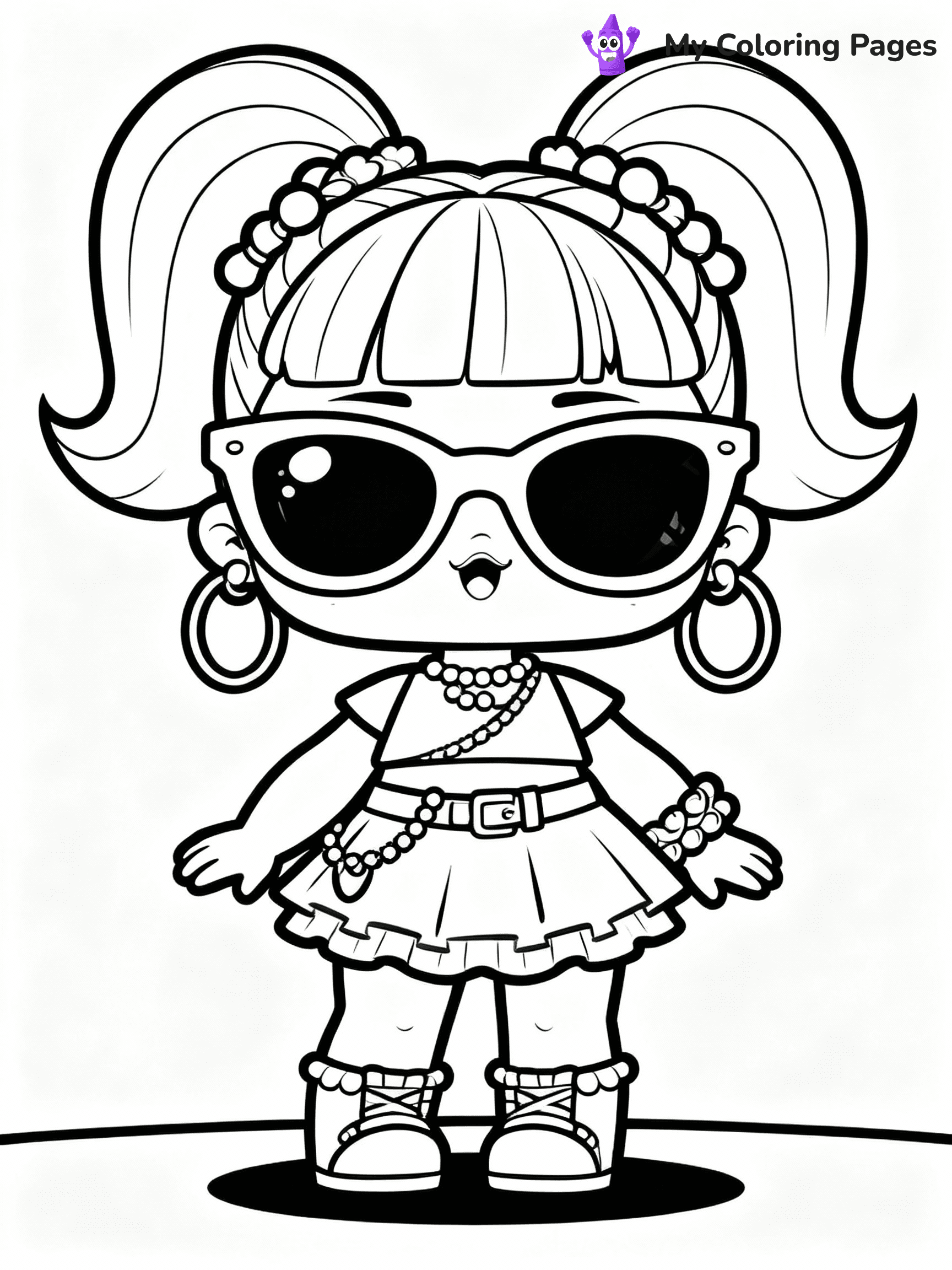 ⚠️ CRITICAL REQUIREMENT - ABSOLUTE BLACK AND WHITE ONLY ⚠️
This MUST be a BLACK AND WHITE line drawing ONLY. NO COLORS whatsoever.
- ONLY pure black lines (#000000) on pure white background (#FFFFFF)
- ABSOLUTELY NO colors, NO shading, NO gradients, NO grayscale
- If there are ANY colors in the output, the image is REJECTED
- This is a COLORING PAGE - meant to be COLORED IN by children
- The output must be UNCOLORED line art ready for coloring
⚠️ SUBJECT TO DRAW: LOL doll with a outfit, oversized sunglasses, and fun accessories. Important: PURE OUTLINES. NO FILLS, COLOR, SHADING, OR GREYSCALE. WHITE BACKGROUND.
(REMEMBER: Output must be BLACK AND WHITE line art only, NOT colored!)
# Flat, Friendly Cartoon Line-Art Coloring Page
You are generating a **pure black-and-white binary image** of a child-friendly cartoon scene combining characters and background scenery in one cohesive composition.
## Rendering Rules (Strict)
- Only two colors: pure black (#000000) outlines and pure white (#FFFFFF) background.
- No grayscale, shading, gradients, tints, fills, transparency, or partial pixels.
- No antialiasing or blended edges; every pixel is 100% black or white.
- No solid black fills inside shapes — all areas inside outlines must remain white.
- No dark clothing areas or filled tone blocks; all garments outlined only.
- No shadows, textures, lighting, or tonal variations.
- Must look like flat binary vector line-art for coloring pages.
## Drawing & Composition
- **Medium, consistent line weight**; clean closed outlines easy to color inside.
- **Flat, simple, child-friendly design** — no realism or 3D depth.
- Characters are **grounded on a surface**, centered and large.
- **Balanced composition** with clear silhouettes and minimal props.
## Scenery & Style
- Landmarks (e.g., mosque, CN Tower) and scenery (trees, benches, waves) drawn with **black outlines only.**
- For real-world figures, teams, or places, show accurate details using only black outlines—no text or logos. Use distinctive uniform patterns, abstract symbols, and landmark silhouettes to convey identity.
- Keep **consistent perspective**; no floating elements.
- **Style:** whimsical **Doodle Art Alley** — rounded, friendly outlines.
- May adapt shapes from **Crayola, Disney, Peppa Pig, Cocomelon** — *by shape only, never color.*
- Final output: **flat, crisp, binary (#000000/#FFFFFF)**, **no filled color or background text.**
EXTREMELYE IMPORTANT:
- PURE BINARY LINE-ART; NO FILLS (HAIR/CLOTHES/SKIN), SHADING, OR GREY.
- NO SHADING, COLOR. MUST BE WHITE BACKGROUND.
⚠️ FINAL REMINDER: Draw the subject "LOL doll with a outfit, oversized sunglasses, and fun accessories. Important: PURE OUTLINES. NO FILLS, COLOR, SHADING, OR GREYSCALE. WHITE BACKGROUND." as BLACK AND WHITE line art. Zero colors in output.