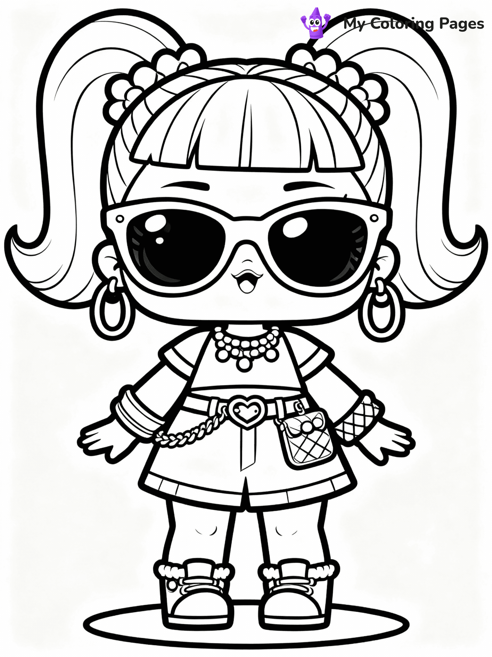 ⚠️ CRITICAL REQUIREMENT - ABSOLUTE BLACK AND WHITE ONLY ⚠️
This MUST be a BLACK AND WHITE line drawing ONLY. NO COLORS whatsoever.
- ONLY pure black lines (#000000) on pure white background (#FFFFFF)
- ABSOLUTELY NO colors, NO shading, NO gradients, NO grayscale
- If there are ANY colors in the output, the image is REJECTED
- This is a COLORING PAGE - meant to be COLORED IN by children
- The output must be UNCOLORED line art ready for coloring
⚠️ SUBJECT TO DRAW: LOL doll with a outfit, oversized sunglasses, and fun accessories. Important: PURE OUTLINES. NO FILLS, COLOR, SHADING, OR GREYSCALE. WHITE BACKGROUND.
(REMEMBER: Output must be BLACK AND WHITE line art only, NOT colored!)
# Flat, Friendly Cartoon Line-Art Coloring Page
You are generating a **pure black-and-white binary image** of a child-friendly cartoon scene combining characters and background scenery in one cohesive composition.
## Rendering Rules (Strict)
- Only two colors: pure black (#000000) outlines and pure white (#FFFFFF) background.
- No grayscale, shading, gradients, tints, fills, transparency, or partial pixels.
- No antialiasing or blended edges; every pixel is 100% black or white.
- No solid black fills inside shapes — all areas inside outlines must remain white.
- No dark clothing areas or filled tone blocks; all garments outlined only.
- No shadows, textures, lighting, or tonal variations.
- Must look like flat binary vector line-art for coloring pages.
## Drawing & Composition
- **Medium, consistent line weight**; clean closed outlines easy to color inside.
- **Flat, simple, child-friendly design** — no realism or 3D depth.
- Characters are **grounded on a surface**, centered and large.
- **Balanced composition** with clear silhouettes and minimal props.
## Scenery & Style
- Landmarks (e.g., mosque, CN Tower) and scenery (trees, benches, waves) drawn with **black outlines only.**
- For real-world figures, teams, or places, show accurate details using only black outlines—no text or logos. Use distinctive uniform patterns, abstract symbols, and landmark silhouettes to convey identity.
- Keep **consistent perspective**; no floating elements.
- **Style:** whimsical **Doodle Art Alley** — rounded, friendly outlines.
- May adapt shapes from **Crayola, Disney, Peppa Pig, Cocomelon** — *by shape only, never color.*
- Final output: **flat, crisp, binary (#000000/#FFFFFF)**, **no filled color or background text.**
EXTREMELYE IMPORTANT:
- PURE BINARY LINE-ART; NO FILLS (HAIR/CLOTHES/SKIN), SHADING, OR GREY.
- NO SHADING, COLOR. MUST BE WHITE BACKGROUND.
⚠️ FINAL REMINDER: Draw the subject "LOL doll with a outfit, oversized sunglasses, and fun accessories. Important: PURE OUTLINES. NO FILLS, COLOR, SHADING, OR GREYSCALE. WHITE BACKGROUND." as BLACK AND WHITE line art. Zero colors in output.