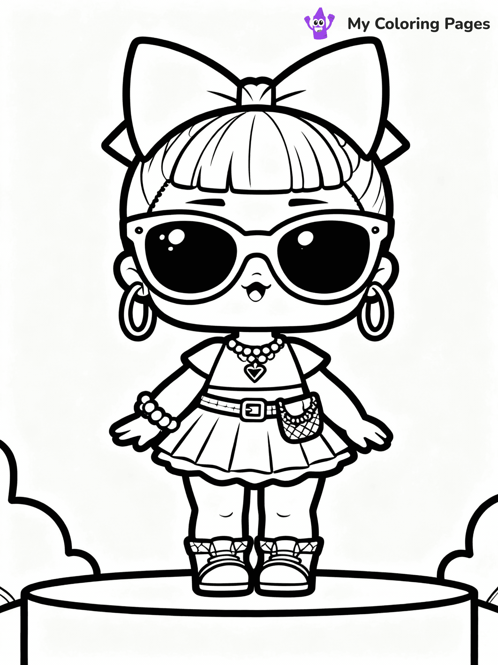 ⚠️ CRITICAL REQUIREMENT - ABSOLUTE BLACK AND WHITE ONLY ⚠️
This MUST be a BLACK AND WHITE line drawing ONLY. NO COLORS whatsoever.
- ONLY pure black lines (#000000) on pure white background (#FFFFFF)
- ABSOLUTELY NO colors, NO shading, NO gradients, NO grayscale
- If there are ANY colors in the output, the image is REJECTED
- This is a COLORING PAGE - meant to be COLORED IN by children
- The output must be UNCOLORED line art ready for coloring
⚠️ SUBJECT TO DRAW: LOL doll with a outfit, oversized sunglasses, and fun accessories. Important: PURE OUTLINES. NO FILLS, COLOR, SHADING, OR GREYSCALE. WHITE BACKGROUND.
(REMEMBER: Output must be BLACK AND WHITE line art only, NOT colored!)
# Flat, Friendly Cartoon Line-Art Coloring Page
You are generating a **pure black-and-white binary image** of a child-friendly cartoon scene combining characters and background scenery in one cohesive composition.
## Rendering Rules (Strict)
- Only two colors: pure black (#000000) outlines and pure white (#FFFFFF) background.
- No grayscale, shading, gradients, tints, fills, transparency, or partial pixels.
- No antialiasing or blended edges; every pixel is 100% black or white.
- No solid black fills inside shapes — all areas inside outlines must remain white.
- No dark clothing areas or filled tone blocks; all garments outlined only.
- No shadows, textures, lighting, or tonal variations.
- Must look like flat binary vector line-art for coloring pages.
## Drawing & Composition
- **Medium, consistent line weight**; clean closed outlines easy to color inside.
- **Flat, simple, child-friendly design** — no realism or 3D depth.
- Characters are **grounded on a surface**, centered and large.
- **Balanced composition** with clear silhouettes and minimal props.
## Scenery & Style
- Landmarks (e.g., mosque, CN Tower) and scenery (trees, benches, waves) drawn with **black outlines only.**
- For real-world figures, teams, or places, show accurate details using only black outlines—no text or logos. Use distinctive uniform patterns, abstract symbols, and landmark silhouettes to convey identity.
- Keep **consistent perspective**; no floating elements.
- **Style:** whimsical **Doodle Art Alley** — rounded, friendly outlines.
- May adapt shapes from **Crayola, Disney, Peppa Pig, Cocomelon** — *by shape only, never color.*
- Final output: **flat, crisp, binary (#000000/#FFFFFF)**, **no filled color or background text.**
EXTREMELYE IMPORTANT:
- PURE BINARY LINE-ART; NO FILLS (HAIR/CLOTHES/SKIN), SHADING, OR GREY.
- NO SHADING, COLOR. MUST BE WHITE BACKGROUND.
⚠️ FINAL REMINDER: Draw the subject "LOL doll with a outfit, oversized sunglasses, and fun accessories. Important: PURE OUTLINES. NO FILLS, COLOR, SHADING, OR GREYSCALE. WHITE BACKGROUND." as BLACK AND WHITE line art. Zero colors in output.