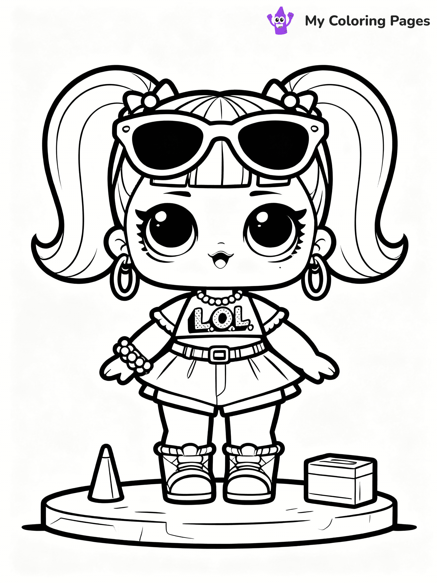 ⚠️ CRITICAL REQUIREMENT - ABSOLUTE BLACK AND WHITE ONLY ⚠️
This MUST be a BLACK AND WHITE line drawing ONLY. NO COLORS whatsoever.
- ONLY pure black lines (#000000) on pure white background (#FFFFFF)
- ABSOLUTELY NO colors, NO shading, NO gradients, NO grayscale
- If there are ANY colors in the output, the image is REJECTED
- This is a COLORING PAGE - meant to be COLORED IN by children
- The output must be UNCOLORED line art ready for coloring
⚠️ SUBJECT TO DRAW: LOL doll with a outfit, oversized sunglasses, and fun accessories. Important: PURE OUTLINES. NO FILLS, COLOR, SHADING, OR GREYSCALE. WHITE BACKGROUND.
(REMEMBER: Output must be BLACK AND WHITE line art only, NOT colored!)
# Flat, Friendly Cartoon Line-Art Coloring Page
You are generating a **pure black-and-white binary image** of a child-friendly cartoon scene combining characters and background scenery in one cohesive composition.
## Rendering Rules (Strict)
- Only two colors: pure black (#000000) outlines and pure white (#FFFFFF) background.
- No grayscale, shading, gradients, tints, fills, transparency, or partial pixels.
- No antialiasing or blended edges; every pixel is 100% black or white.
- No solid black fills inside shapes — all areas inside outlines must remain white.
- No dark clothing areas or filled tone blocks; all garments outlined only.
- No shadows, textures, lighting, or tonal variations.
- Must look like flat binary vector line-art for coloring pages.
## Drawing & Composition
- **Medium, consistent line weight**; clean closed outlines easy to color inside.
- **Flat, simple, child-friendly design** — no realism or 3D depth.
- Characters are **grounded on a surface**, centered and large.
- **Balanced composition** with clear silhouettes and minimal props.
## Scenery & Style
- Landmarks (e.g., mosque, CN Tower) and scenery (trees, benches, waves) drawn with **black outlines only.**
- For real-world figures, teams, or places, show accurate details using only black outlines—no text or logos. Use distinctive uniform patterns, abstract symbols, and landmark silhouettes to convey identity.
- Keep **consistent perspective**; no floating elements.
- **Style:** whimsical **Doodle Art Alley** — rounded, friendly outlines.
- May adapt shapes from **Crayola, Disney, Peppa Pig, Cocomelon** — *by shape only, never color.*
- Final output: **flat, crisp, binary (#000000/#FFFFFF)**, **no filled color or background text.**
EXTREMELYE IMPORTANT:
- PURE BINARY LINE-ART; NO FILLS (HAIR/CLOTHES/SKIN), SHADING, OR GREY.
- NO SHADING, COLOR. MUST BE WHITE BACKGROUND.
⚠️ FINAL REMINDER: Draw the subject "LOL doll with a outfit, oversized sunglasses, and fun accessories. Important: PURE OUTLINES. NO FILLS, COLOR, SHADING, OR GREYSCALE. WHITE BACKGROUND." as BLACK AND WHITE line art. Zero colors in output.