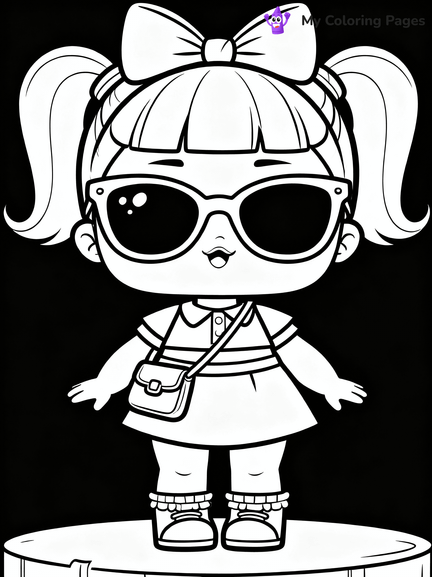 ⚠️ CRITICAL REQUIREMENT - ABSOLUTE BLACK AND WHITE ONLY ⚠️
This MUST be a BLACK AND WHITE line drawing ONLY. NO COLORS whatsoever.
- ONLY pure black lines (#000000) on pure white background (#FFFFFF)
- ABSOLUTELY NO colors, NO shading, NO gradients, NO grayscale
- If there are ANY colors in the output, the image is REJECTED
- This is a COLORING PAGE - meant to be COLORED IN by children
- The output must be UNCOLORED line art ready for coloring
⚠️ SUBJECT TO DRAW: LOL doll with a outfit, oversized sunglasses, and fun accessories. Important: PURE OUTLINES. NO FILLS, COLOR, SHADING, OR GREYSCALE. WHITE BACKGROUND.
(REMEMBER: Output must be BLACK AND WHITE line art only, NOT colored!)
# Flat, Friendly Cartoon Line-Art Coloring Page
You are generating a **pure black-and-white binary image** of a child-friendly cartoon scene combining characters and background scenery in one cohesive composition.
## Rendering Rules (Strict)
- Only two colors: pure black (#000000) outlines and pure white (#FFFFFF) background.
- No grayscale, shading, gradients, tints, fills, transparency, or partial pixels.
- No antialiasing or blended edges; every pixel is 100% black or white.
- No solid black fills inside shapes — all areas inside outlines must remain white.
- No dark clothing areas or filled tone blocks; all garments outlined only.
- No shadows, textures, lighting, or tonal variations.
- Must look like flat binary vector line-art for coloring pages.
## Drawing & Composition
- **Medium, consistent line weight**; clean closed outlines easy to color inside.
- **Flat, simple, child-friendly design** — no realism or 3D depth.
- Characters are **grounded on a surface**, centered and large.
- **Balanced composition** with clear silhouettes and minimal props.
## Scenery & Style
- Landmarks (e.g., mosque, CN Tower) and scenery (trees, benches, waves) drawn with **black outlines only.**
- For real-world figures, teams, or places, show accurate details using only black outlines—no text or logos. Use distinctive uniform patterns, abstract symbols, and landmark silhouettes to convey identity.
- Keep **consistent perspective**; no floating elements.
- **Style:** whimsical **Doodle Art Alley** — rounded, friendly outlines.
- May adapt shapes from **Crayola, Disney, Peppa Pig, Cocomelon** — *by shape only, never color.*
- Final output: **flat, crisp, binary (#000000/#FFFFFF)**, **no filled color or background text.**
EXTREMELYE IMPORTANT:
- PURE BINARY LINE-ART; NO FILLS (HAIR/CLOTHES/SKIN), SHADING, OR GREY.
- NO SHADING, COLOR. MUST BE WHITE BACKGROUND.
⚠️ FINAL REMINDER: Draw the subject "LOL doll with a outfit, oversized sunglasses, and fun accessories. Important: PURE OUTLINES. NO FILLS, COLOR, SHADING, OR GREYSCALE. WHITE BACKGROUND." as BLACK AND WHITE line art. Zero colors in output.