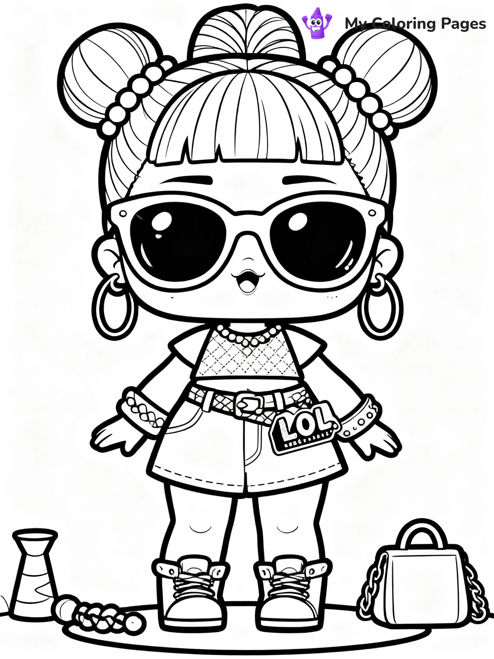 ⚠️ CRITICAL REQUIREMENT - ABSOLUTE BLACK AND WHITE ONLY ⚠️
This MUST be a BLACK AND WHITE line drawing ONLY. NO COLORS whatsoever.
- ONLY pure black lines (#000000) on pure white background (#FFFFFF)
- ABSOLUTELY NO colors, NO shading, NO gradients, NO grayscale
- If there are ANY colors in the output, the image is REJECTED
- This is a COLORING PAGE - meant to be COLORED IN by children
- The output must be UNCOLORED line art ready for coloring
⚠️ SUBJECT TO DRAW: LOL doll with a outfit, oversized sunglasses, and fun accessories. Important: PURE OUTLINES. NO FILLS, COLOR, SHADING, OR GREYSCALE. WHITE BACKGROUND.
(REMEMBER: Output must be BLACK AND WHITE line art only, NOT colored!)
# Flat, Friendly Cartoon Line-Art Coloring Page
You are generating a **pure black-and-white binary image** of a child-friendly cartoon scene combining characters and background scenery in one cohesive composition.
## Rendering Rules (Strict)
- Only two colors: pure black (#000000) outlines and pure white (#FFFFFF) background.
- No grayscale, shading, gradients, tints, fills, transparency, or partial pixels.
- No antialiasing or blended edges; every pixel is 100% black or white.
- No solid black fills inside shapes — all areas inside outlines must remain white.
- No dark clothing areas or filled tone blocks; all garments outlined only.
- No shadows, textures, lighting, or tonal variations.
- Must look like flat binary vector line-art for coloring pages.
## Drawing & Composition
- **Medium, consistent line weight**; clean closed outlines easy to color inside.
- **Flat, simple, child-friendly design** — no realism or 3D depth.
- Characters are **grounded on a surface**, centered and large.
- **Balanced composition** with clear silhouettes and minimal props.
## Scenery & Style
- Landmarks (e.g., mosque, CN Tower) and scenery (trees, benches, waves) drawn with **black outlines only.**
- For real-world figures, teams, or places, show accurate details using only black outlines—no text or logos. Use distinctive uniform patterns, abstract symbols, and landmark silhouettes to convey identity.
- Keep **consistent perspective**; no floating elements.
- **Style:** whimsical **Doodle Art Alley** — rounded, friendly outlines.
- May adapt shapes from **Crayola, Disney, Peppa Pig, Cocomelon** — *by shape only, never color.*
- Final output: **flat, crisp, binary (#000000/#FFFFFF)**, **no filled color or background text.**
EXTREMELYE IMPORTANT:
- PURE BINARY LINE-ART; NO FILLS (HAIR/CLOTHES/SKIN), SHADING, OR GREY.
- NO SHADING, COLOR. MUST BE WHITE BACKGROUND.
⚠️ FINAL REMINDER: Draw the subject "LOL doll with a outfit, oversized sunglasses, and fun accessories. Important: PURE OUTLINES. NO FILLS, COLOR, SHADING, OR GREYSCALE. WHITE BACKGROUND." as BLACK AND WHITE line art. Zero colors in output.