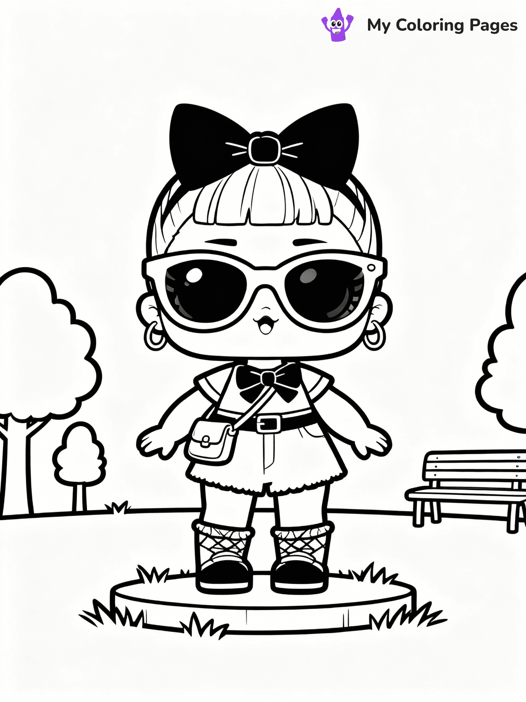 ⚠️ CRITICAL REQUIREMENT - ABSOLUTE BLACK AND WHITE ONLY ⚠️
This MUST be a BLACK AND WHITE line drawing ONLY. NO COLORS whatsoever.
- ONLY pure black lines (#000000) on pure white background (#FFFFFF)
- ABSOLUTELY NO colors, NO shading, NO gradients, NO grayscale
- If there are ANY colors in the output, the image is REJECTED
- This is a COLORING PAGE - meant to be COLORED IN by children
- The output must be UNCOLORED line art ready for coloring
⚠️ SUBJECT TO DRAW: LOL doll with a outfit, oversized sunglasses, and fun accessories. Important: PURE OUTLINES. NO FILLS, COLOR, SHADING, OR GREYSCALE. WHITE BACKGROUND.
(REMEMBER: Output must be BLACK AND WHITE line art only, NOT colored!)
# Flat, Friendly Cartoon Line-Art Coloring Page
You are generating a **pure black-and-white binary image** of a child-friendly cartoon scene combining characters and background scenery in one cohesive composition.
## Rendering Rules (Strict)
- Only two colors: pure black (#000000) outlines and pure white (#FFFFFF) background.
- No grayscale, shading, gradients, tints, fills, transparency, or partial pixels.
- No antialiasing or blended edges; every pixel is 100% black or white.
- No solid black fills inside shapes — all areas inside outlines must remain white.
- No dark clothing areas or filled tone blocks; all garments outlined only.
- No shadows, textures, lighting, or tonal variations.
- Must look like flat binary vector line-art for coloring pages.
## Drawing & Composition
- **Medium, consistent line weight**; clean closed outlines easy to color inside.
- **Flat, simple, child-friendly design** — no realism or 3D depth.
- Characters are **grounded on a surface**, centered and large.
- **Balanced composition** with clear silhouettes and minimal props.
## Scenery & Style
- Landmarks (e.g., mosque, CN Tower) and scenery (trees, benches, waves) drawn with **black outlines only.**
- For real-world figures, teams, or places, show accurate details using only black outlines—no text or logos. Use distinctive uniform patterns, abstract symbols, and landmark silhouettes to convey identity.
- Keep **consistent perspective**; no floating elements.
- **Style:** whimsical **Doodle Art Alley** — rounded, friendly outlines.
- May adapt shapes from **Crayola, Disney, Peppa Pig, Cocomelon** — *by shape only, never color.*
- Final output: **flat, crisp, binary (#000000/#FFFFFF)**, **no filled color or background text.**
EXTREMELYE IMPORTANT:
- PURE BINARY LINE-ART; NO FILLS (HAIR/CLOTHES/SKIN), SHADING, OR GREY.
- NO SHADING, COLOR. MUST BE WHITE BACKGROUND.
⚠️ FINAL REMINDER: Draw the subject "LOL doll with a outfit, oversized sunglasses, and fun accessories. Important: PURE OUTLINES. NO FILLS, COLOR, SHADING, OR GREYSCALE. WHITE BACKGROUND." as BLACK AND WHITE line art. Zero colors in output.