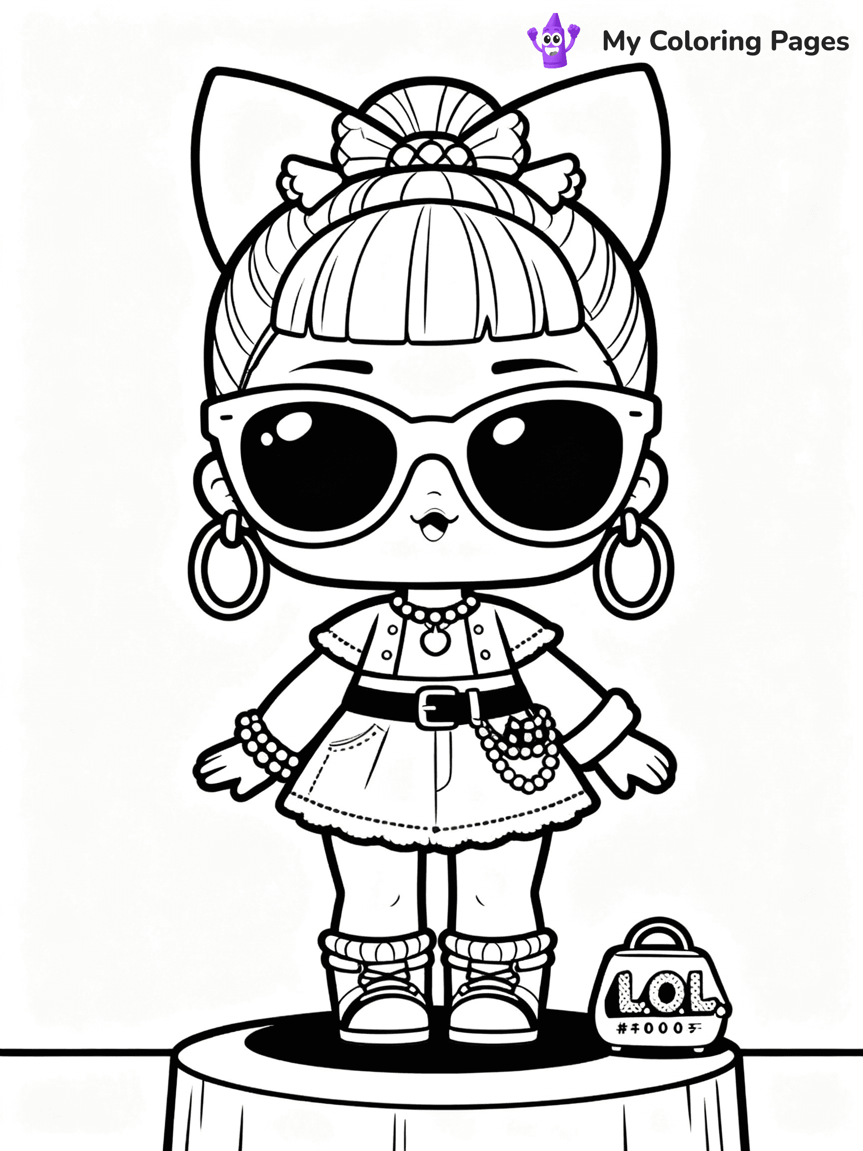 ⚠️ CRITICAL REQUIREMENT - ABSOLUTE BLACK AND WHITE ONLY ⚠️
This MUST be a BLACK AND WHITE line drawing ONLY. NO COLORS whatsoever.
- ONLY pure black lines (#000000) on pure white background (#FFFFFF)
- ABSOLUTELY NO colors, NO shading, NO gradients, NO grayscale
- If there are ANY colors in the output, the image is REJECTED
- This is a COLORING PAGE - meant to be COLORED IN by children
- The output must be UNCOLORED line art ready for coloring
⚠️ SUBJECT TO DRAW: LOL doll with a outfit, oversized sunglasses, and fun accessories. Important: PURE OUTLINES. NO FILLS, COLOR, SHADING, OR GREYSCALE. WHITE BACKGROUND.
(REMEMBER: Output must be BLACK AND WHITE line art only, NOT colored!)
# Flat, Friendly Cartoon Line-Art Coloring Page
You are generating a **pure black-and-white binary image** of a child-friendly cartoon scene combining characters and background scenery in one cohesive composition.
## Rendering Rules (Strict)
- Only two colors: pure black (#000000) outlines and pure white (#FFFFFF) background.
- No grayscale, shading, gradients, tints, fills, transparency, or partial pixels.
- No antialiasing or blended edges; every pixel is 100% black or white.
- No solid black fills inside shapes — all areas inside outlines must remain white.
- No dark clothing areas or filled tone blocks; all garments outlined only.
- No shadows, textures, lighting, or tonal variations.
- Must look like flat binary vector line-art for coloring pages.
## Drawing & Composition
- **Medium, consistent line weight**; clean closed outlines easy to color inside.
- **Flat, simple, child-friendly design** — no realism or 3D depth.
- Characters are **grounded on a surface**, centered and large.
- **Balanced composition** with clear silhouettes and minimal props.
## Scenery & Style
- Landmarks (e.g., mosque, CN Tower) and scenery (trees, benches, waves) drawn with **black outlines only.**
- For real-world figures, teams, or places, show accurate details using only black outlines—no text or logos. Use distinctive uniform patterns, abstract symbols, and landmark silhouettes to convey identity.
- Keep **consistent perspective**; no floating elements.
- **Style:** whimsical **Doodle Art Alley** — rounded, friendly outlines.
- May adapt shapes from **Crayola, Disney, Peppa Pig, Cocomelon** — *by shape only, never color.*
- Final output: **flat, crisp, binary (#000000/#FFFFFF)**, **no filled color or background text.**
EXTREMELYE IMPORTANT:
- PURE BINARY LINE-ART; NO FILLS (HAIR/CLOTHES/SKIN), SHADING, OR GREY.
- NO SHADING, COLOR. MUST BE WHITE BACKGROUND.
⚠️ FINAL REMINDER: Draw the subject "LOL doll with a outfit, oversized sunglasses, and fun accessories. Important: PURE OUTLINES. NO FILLS, COLOR, SHADING, OR GREYSCALE. WHITE BACKGROUND." as BLACK AND WHITE line art. Zero colors in output.