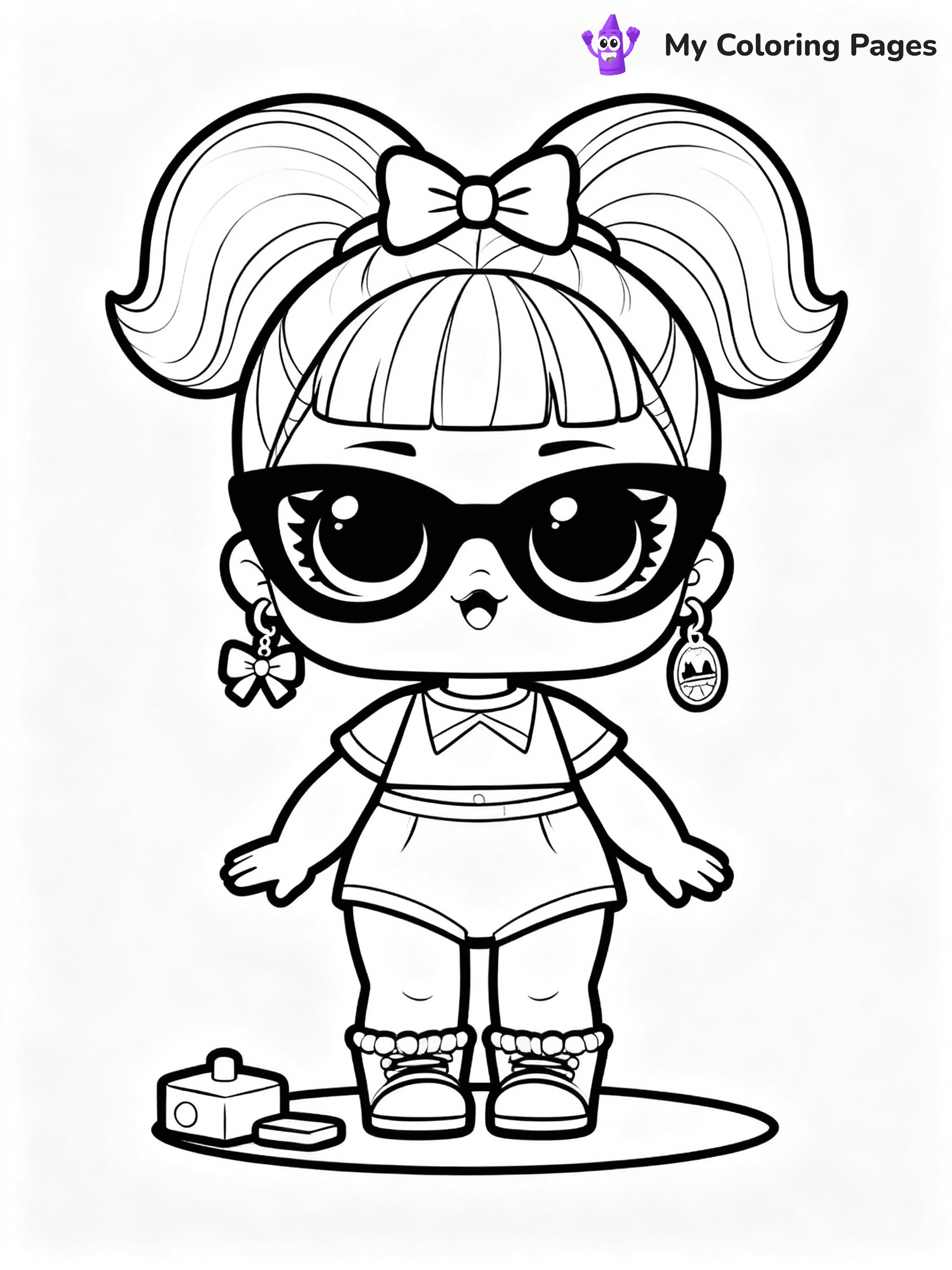 ⚠️ CRITICAL REQUIREMENT - ABSOLUTE BLACK AND WHITE ONLY ⚠️
This MUST be a BLACK AND WHITE line drawing ONLY. NO COLORS whatsoever.
- ONLY pure black lines (#000000) on pure white background (#FFFFFF)
- ABSOLUTELY NO colors, NO shading, NO gradients, NO grayscale
- If there are ANY colors in the output, the image is REJECTED
- This is a COLORING PAGE - meant to be COLORED IN by children
- The output must be UNCOLORED line art ready for coloring
⚠️ SUBJECT TO DRAW: LOL doll with a outfit, oversized sunglasses, and fun accessories. Important: PURE OUTLINES. NO FILLS, COLOR, SHADING, OR GREYSCALE. WHITE BACKGROUND.
(REMEMBER: Output must be BLACK AND WHITE line art only, NOT colored!)
# Flat, Friendly Cartoon Line-Art Coloring Page
You are generating a **pure black-and-white binary image** of a child-friendly cartoon scene combining characters and background scenery in one cohesive composition.
## Rendering Rules (Strict)
- Only two colors: pure black (#000000) outlines and pure white (#FFFFFF) background.
- No grayscale, shading, gradients, tints, fills, transparency, or partial pixels.
- No antialiasing or blended edges; every pixel is 100% black or white.
- No solid black fills inside shapes — all areas inside outlines must remain white.
- No dark clothing areas or filled tone blocks; all garments outlined only.
- No shadows, textures, lighting, or tonal variations.
- Must look like flat binary vector line-art for coloring pages.
## Drawing & Composition
- **Medium, consistent line weight**; clean closed outlines easy to color inside.
- **Flat, simple, child-friendly design** — no realism or 3D depth.
- Characters are **grounded on a surface**, centered and large.
- **Balanced composition** with clear silhouettes and minimal props.
## Scenery & Style
- Landmarks (e.g., mosque, CN Tower) and scenery (trees, benches, waves) drawn with **black outlines only.**
- For real-world figures, teams, or places, show accurate details using only black outlines—no text or logos. Use distinctive uniform patterns, abstract symbols, and landmark silhouettes to convey identity.
- Keep **consistent perspective**; no floating elements.
- **Style:** whimsical **Doodle Art Alley** — rounded, friendly outlines.
- May adapt shapes from **Crayola, Disney, Peppa Pig, Cocomelon** — *by shape only, never color.*
- Final output: **flat, crisp, binary (#000000/#FFFFFF)**, **no filled color or background text.**
EXTREMELYE IMPORTANT:
- PURE BINARY LINE-ART; NO FILLS (HAIR/CLOTHES/SKIN), SHADING, OR GREY.
- NO SHADING, COLOR. MUST BE WHITE BACKGROUND.
⚠️ FINAL REMINDER: Draw the subject "LOL doll with a outfit, oversized sunglasses, and fun accessories. Important: PURE OUTLINES. NO FILLS, COLOR, SHADING, OR GREYSCALE. WHITE BACKGROUND." as BLACK AND WHITE line art. Zero colors in output.
