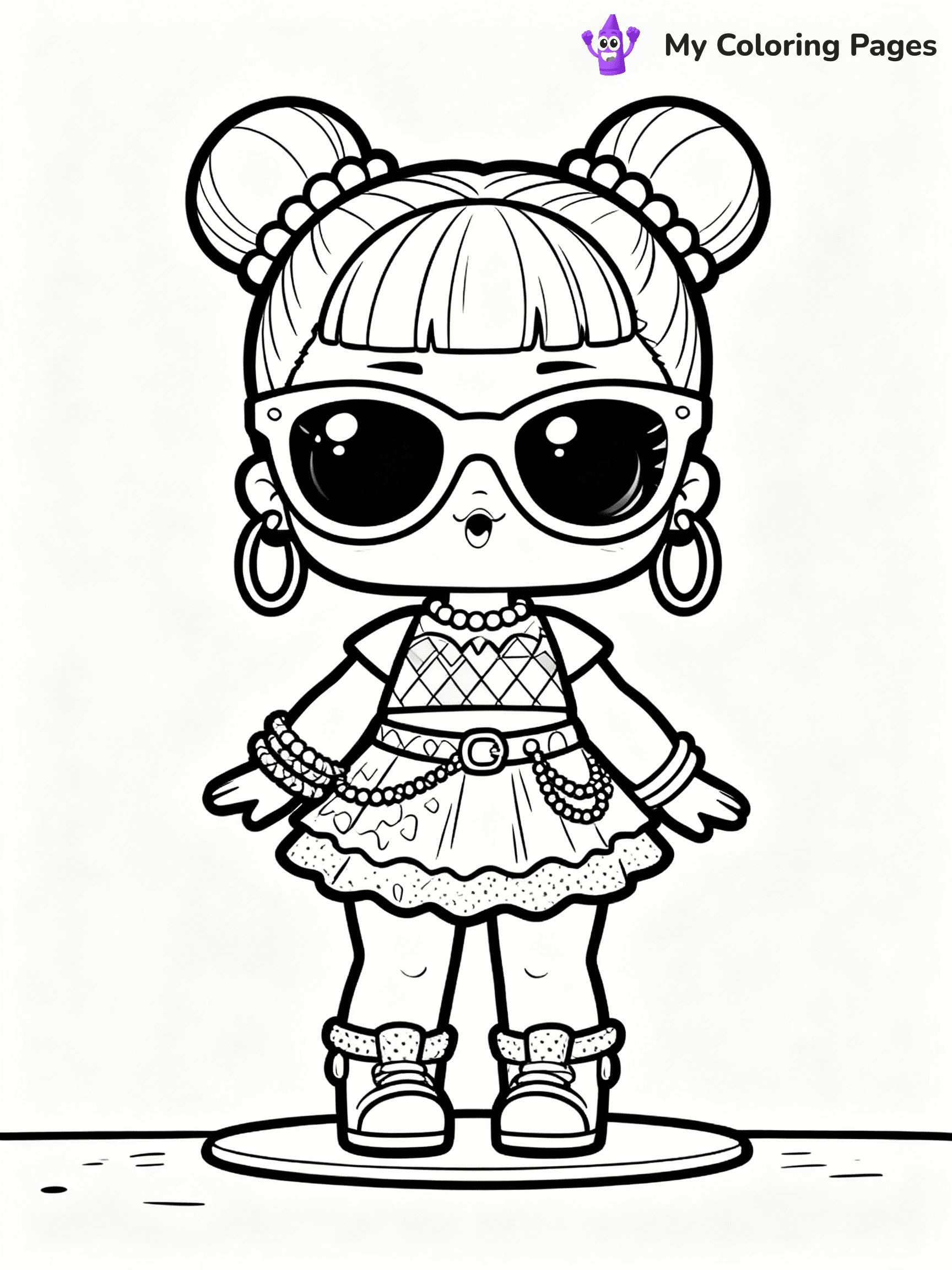 ⚠️ CRITICAL REQUIREMENT - ABSOLUTE BLACK AND WHITE ONLY ⚠️
This MUST be a BLACK AND WHITE line drawing ONLY. NO COLORS whatsoever.
- ONLY pure black lines (#000000) on pure white background (#FFFFFF)
- ABSOLUTELY NO colors, NO shading, NO gradients, NO grayscale
- If there are ANY colors in the output, the image is REJECTED
- This is a COLORING PAGE - meant to be COLORED IN by children
- The output must be UNCOLORED line art ready for coloring
⚠️ SUBJECT TO DRAW: LOL doll with a outfit, oversized sunglasses, and fun accessories. Important: PURE OUTLINES. NO FILLS, COLOR, SHADING, OR GREYSCALE. WHITE BACKGROUND.
(REMEMBER: Output must be BLACK AND WHITE line art only, NOT colored!)
# Flat, Friendly Cartoon Line-Art Coloring Page
You are generating a **pure black-and-white binary image** of a child-friendly cartoon scene combining characters and background scenery in one cohesive composition.
## Rendering Rules (Strict)
- Only two colors: pure black (#000000) outlines and pure white (#FFFFFF) background.
- No grayscale, shading, gradients, tints, fills, transparency, or partial pixels.
- No antialiasing or blended edges; every pixel is 100% black or white.
- No solid black fills inside shapes — all areas inside outlines must remain white.
- No dark clothing areas or filled tone blocks; all garments outlined only.
- No shadows, textures, lighting, or tonal variations.
- Must look like flat binary vector line-art for coloring pages.
## Drawing & Composition
- **Medium, consistent line weight**; clean closed outlines easy to color inside.
- **Flat, simple, child-friendly design** — no realism or 3D depth.
- Characters are **grounded on a surface**, centered and large.
- **Balanced composition** with clear silhouettes and minimal props.
## Scenery & Style
- Landmarks (e.g., mosque, CN Tower) and scenery (trees, benches, waves) drawn with **black outlines only.**
- For real-world figures, teams, or places, show accurate details using only black outlines—no text or logos. Use distinctive uniform patterns, abstract symbols, and landmark silhouettes to convey identity.
- Keep **consistent perspective**; no floating elements.
- **Style:** whimsical **Doodle Art Alley** — rounded, friendly outlines.
- May adapt shapes from **Crayola, Disney, Peppa Pig, Cocomelon** — *by shape only, never color.*
- Final output: **flat, crisp, binary (#000000/#FFFFFF)**, **no filled color or background text.**
EXTREMELYE IMPORTANT:
- PURE BINARY LINE-ART; NO FILLS (HAIR/CLOTHES/SKIN), SHADING, OR GREY.
- NO SHADING, COLOR. MUST BE WHITE BACKGROUND.
⚠️ FINAL REMINDER: Draw the subject "LOL doll with a outfit, oversized sunglasses, and fun accessories. Important: PURE OUTLINES. NO FILLS, COLOR, SHADING, OR GREYSCALE. WHITE BACKGROUND." as BLACK AND WHITE line art. Zero colors in output.