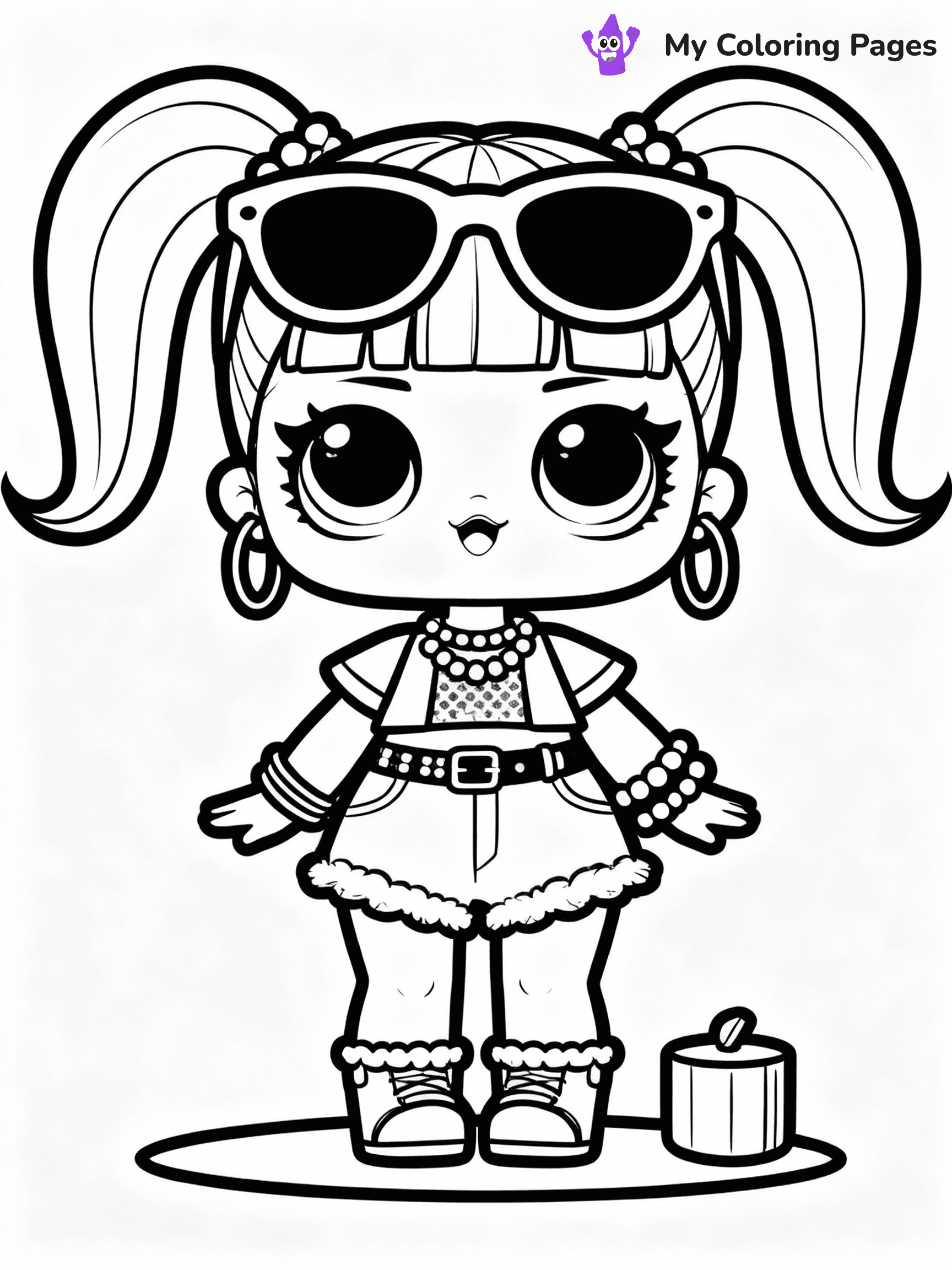 ⚠️ CRITICAL REQUIREMENT - ABSOLUTE BLACK AND WHITE ONLY ⚠️
This MUST be a BLACK AND WHITE line drawing ONLY. NO COLORS whatsoever.
- ONLY pure black lines (#000000) on pure white background (#FFFFFF)
- ABSOLUTELY NO colors, NO shading, NO gradients, NO grayscale
- If there are ANY colors in the output, the image is REJECTED
- This is a COLORING PAGE - meant to be COLORED IN by children
- The output must be UNCOLORED line art ready for coloring
⚠️ SUBJECT TO DRAW: LOL doll with a outfit, oversized sunglasses, and fun accessories. Important: PURE OUTLINES. NO FILLS, COLOR, SHADING, OR GREYSCALE. WHITE BACKGROUND.
(REMEMBER: Output must be BLACK AND WHITE line art only, NOT colored!)
# Flat, Friendly Cartoon Line-Art Coloring Page
You are generating a **pure black-and-white binary image** of a child-friendly cartoon scene combining characters and background scenery in one cohesive composition.
## Rendering Rules (Strict)
- Only two colors: pure black (#000000) outlines and pure white (#FFFFFF) background.
- No grayscale, shading, gradients, tints, fills, transparency, or partial pixels.
- No antialiasing or blended edges; every pixel is 100% black or white.
- No solid black fills inside shapes — all areas inside outlines must remain white.
- No dark clothing areas or filled tone blocks; all garments outlined only.
- No shadows, textures, lighting, or tonal variations.
- Must look like flat binary vector line-art for coloring pages.
## Drawing & Composition
- **Medium, consistent line weight**; clean closed outlines easy to color inside.
- **Flat, simple, child-friendly design** — no realism or 3D depth.
- Characters are **grounded on a surface**, centered and large.
- **Balanced composition** with clear silhouettes and minimal props.
## Scenery & Style
- Landmarks (e.g., mosque, CN Tower) and scenery (trees, benches, waves) drawn with **black outlines only.**
- For real-world figures, teams, or places, show accurate details using only black outlines—no text or logos. Use distinctive uniform patterns, abstract symbols, and landmark silhouettes to convey identity.
- Keep **consistent perspective**; no floating elements.
- **Style:** whimsical **Doodle Art Alley** — rounded, friendly outlines.
- May adapt shapes from **Crayola, Disney, Peppa Pig, Cocomelon** — *by shape only, never color.*
- Final output: **flat, crisp, binary (#000000/#FFFFFF)**, **no filled color or background text.**
EXTREMELYE IMPORTANT:
- PURE BINARY LINE-ART; NO FILLS (HAIR/CLOTHES/SKIN), SHADING, OR GREY.
- NO SHADING, COLOR. MUST BE WHITE BACKGROUND.
⚠️ FINAL REMINDER: Draw the subject "LOL doll with a outfit, oversized sunglasses, and fun accessories. Important: PURE OUTLINES. NO FILLS, COLOR, SHADING, OR GREYSCALE. WHITE BACKGROUND." as BLACK AND WHITE line art. Zero colors in output.