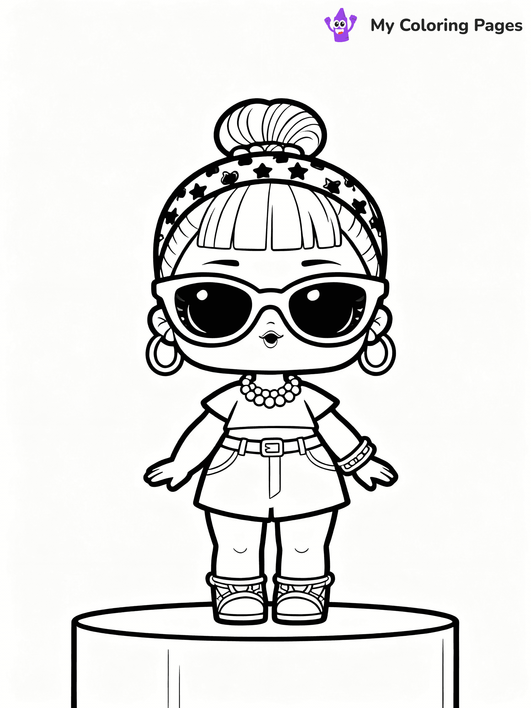 ⚠️ CRITICAL REQUIREMENT - ABSOLUTE BLACK AND WHITE ONLY ⚠️
This MUST be a BLACK AND WHITE line drawing ONLY. NO COLORS whatsoever.
- ONLY pure black lines (#000000) on pure white background (#FFFFFF)
- ABSOLUTELY NO colors, NO shading, NO gradients, NO grayscale
- If there are ANY colors in the output, the image is REJECTED
- This is a COLORING PAGE - meant to be COLORED IN by children
- The output must be UNCOLORED line art ready for coloring
⚠️ SUBJECT TO DRAW: LOL doll with a outfit, oversized sunglasses, and fun accessories. Important: PURE OUTLINES. NO FILLS, COLOR, SHADING, OR GREYSCALE. WHITE BACKGROUND.
(REMEMBER: Output must be BLACK AND WHITE line art only, NOT colored!)
# Flat, Friendly Cartoon Line-Art Coloring Page
You are generating a **pure black-and-white binary image** of a child-friendly cartoon scene combining characters and background scenery in one cohesive composition.
## Rendering Rules (Strict)
- Only two colors: pure black (#000000) outlines and pure white (#FFFFFF) background.
- No grayscale, shading, gradients, tints, fills, transparency, or partial pixels.
- No antialiasing or blended edges; every pixel is 100% black or white.
- No solid black fills inside shapes — all areas inside outlines must remain white.
- No dark clothing areas or filled tone blocks; all garments outlined only.
- No shadows, textures, lighting, or tonal variations.
- Must look like flat binary vector line-art for coloring pages.
## Drawing & Composition
- **Medium, consistent line weight**; clean closed outlines easy to color inside.
- **Flat, simple, child-friendly design** — no realism or 3D depth.
- Characters are **grounded on a surface**, centered and large.
- **Balanced composition** with clear silhouettes and minimal props.
## Scenery & Style
- Landmarks (e.g., mosque, CN Tower) and scenery (trees, benches, waves) drawn with **black outlines only.**
- For real-world figures, teams, or places, show accurate details using only black outlines—no text or logos. Use distinctive uniform patterns, abstract symbols, and landmark silhouettes to convey identity.
- Keep **consistent perspective**; no floating elements.
- **Style:** whimsical **Doodle Art Alley** — rounded, friendly outlines.
- May adapt shapes from **Crayola, Disney, Peppa Pig, Cocomelon** — *by shape only, never color.*
- Final output: **flat, crisp, binary (#000000/#FFFFFF)**, **no filled color or background text.**
EXTREMELYE IMPORTANT:
- PURE BINARY LINE-ART; NO FILLS (HAIR/CLOTHES/SKIN), SHADING, OR GREY.
- NO SHADING, COLOR. MUST BE WHITE BACKGROUND.
⚠️ FINAL REMINDER: Draw the subject "LOL doll with a outfit, oversized sunglasses, and fun accessories. Important: PURE OUTLINES. NO FILLS, COLOR, SHADING, OR GREYSCALE. WHITE BACKGROUND." as BLACK AND WHITE line art. Zero colors in output.