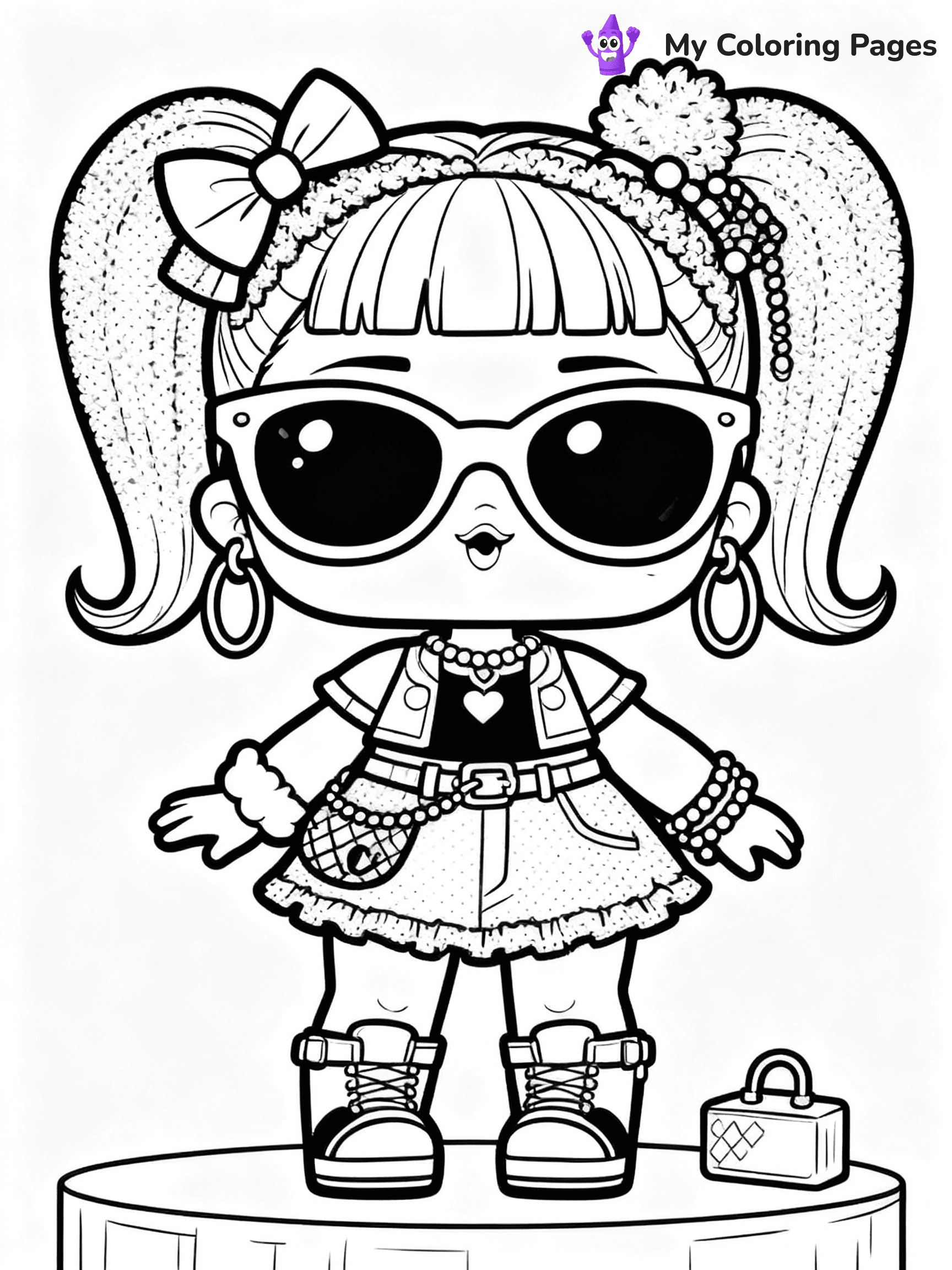 ⚠️ CRITICAL REQUIREMENT - ABSOLUTE BLACK AND WHITE ONLY ⚠️
This MUST be a BLACK AND WHITE line drawing ONLY. NO COLORS whatsoever.
- ONLY pure black lines (#000000) on pure white background (#FFFFFF)
- ABSOLUTELY NO colors, NO shading, NO gradients, NO grayscale
- If there are ANY colors in the output, the image is REJECTED
- This is a COLORING PAGE - meant to be COLORED IN by children
- The output must be UNCOLORED line art ready for coloring
⚠️ SUBJECT TO DRAW: LOL doll with a outfit, oversized sunglasses, and fun accessories. Important: PURE OUTLINES. NO FILLS, COLOR, SHADING, OR GREYSCALE. WHITE BACKGROUND.
(REMEMBER: Output must be BLACK AND WHITE line art only, NOT colored!)
# Flat, Friendly Cartoon Line-Art Coloring Page
You are generating a **pure black-and-white binary image** of a child-friendly cartoon scene combining characters and background scenery in one cohesive composition.
## Rendering Rules (Strict)
- Only two colors: pure black (#000000) outlines and pure white (#FFFFFF) background.
- No grayscale, shading, gradients, tints, fills, transparency, or partial pixels.
- No antialiasing or blended edges; every pixel is 100% black or white.
- No solid black fills inside shapes — all areas inside outlines must remain white.
- No dark clothing areas or filled tone blocks; all garments outlined only.
- No shadows, textures, lighting, or tonal variations.
- Must look like flat binary vector line-art for coloring pages.
## Drawing & Composition
- **Medium, consistent line weight**; clean closed outlines easy to color inside.
- **Flat, simple, child-friendly design** — no realism or 3D depth.
- Characters are **grounded on a surface**, centered and large.
- **Balanced composition** with clear silhouettes and minimal props.
## Scenery & Style
- Landmarks (e.g., mosque, CN Tower) and scenery (trees, benches, waves) drawn with **black outlines only.**
- For real-world figures, teams, or places, show accurate details using only black outlines—no text or logos. Use distinctive uniform patterns, abstract symbols, and landmark silhouettes to convey identity.
- Keep **consistent perspective**; no floating elements.
- **Style:** whimsical **Doodle Art Alley** — rounded, friendly outlines.
- May adapt shapes from **Crayola, Disney, Peppa Pig, Cocomelon** — *by shape only, never color.*
- Final output: **flat, crisp, binary (#000000/#FFFFFF)**, **no filled color or background text.**
EXTREMELYE IMPORTANT:
- PURE BINARY LINE-ART; NO FILLS (HAIR/CLOTHES/SKIN), SHADING, OR GREY.
- NO SHADING, COLOR. MUST BE WHITE BACKGROUND.
⚠️ FINAL REMINDER: Draw the subject "LOL doll with a outfit, oversized sunglasses, and fun accessories. Important: PURE OUTLINES. NO FILLS, COLOR, SHADING, OR GREYSCALE. WHITE BACKGROUND." as BLACK AND WHITE line art. Zero colors in output.