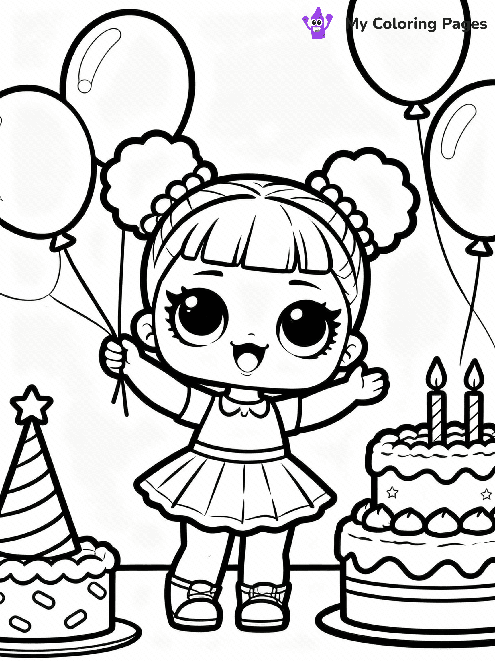 ⚠️ CRITICAL REQUIREMENT - ABSOLUTE BLACK AND WHITE ONLY ⚠️
This MUST be a BLACK AND WHITE line drawing ONLY. NO COLORS whatsoever.
- ONLY pure black lines (#000000) on pure white background (#FFFFFF)
- ABSOLUTELY NO colors, NO shading, NO gradients, NO grayscale
- If there are ANY colors in the output, the image is REJECTED
- This is a COLORING PAGE - meant to be COLORED IN by children
- The output must be UNCOLORED line art ready for coloring
⚠️ SUBJECT TO DRAW: LOL doll at a birthday party, surrounded by balloons and cake, smiling brightly. Important: PURE OUTLINES. NO FILLS, COLOR, SHADING, OR GREYSCALE. WHITE BACKGROUND.
(REMEMBER: Output must be BLACK AND WHITE line art only, NOT colored!)
# Flat, Friendly Cartoon Line-Art Coloring Page
You are generating a **pure black-and-white binary image** of a child-friendly cartoon scene combining characters and background scenery in one cohesive composition.
## Rendering Rules (Strict)
- Only two colors: pure black (#000000) outlines and pure white (#FFFFFF) background.
- No grayscale, shading, gradients, tints, fills, transparency, or partial pixels.
- No antialiasing or blended edges; every pixel is 100% black or white.
- No solid black fills inside shapes — all areas inside outlines must remain white.
- No dark clothing areas or filled tone blocks; all garments outlined only.
- No shadows, textures, lighting, or tonal variations.
- Must look like flat binary vector line-art for coloring pages.
## Drawing & Composition
- **Medium, consistent line weight**; clean closed outlines easy to color inside.
- **Flat, simple, child-friendly design** — no realism or 3D depth.
- Characters are **grounded on a surface**, centered and large.
- **Balanced composition** with clear silhouettes and minimal props.
## Scenery & Style
- Landmarks (e.g., mosque, CN Tower) and scenery (trees, benches, waves) drawn with **black outlines only.**
- For real-world figures, teams, or places, show accurate details using only black outlines—no text or logos. Use distinctive uniform patterns, abstract symbols, and landmark silhouettes to convey identity.
- Keep **consistent perspective**; no floating elements.
- **Style:** whimsical **Doodle Art Alley** — rounded, friendly outlines.
- May adapt shapes from **Crayola, Disney, Peppa Pig, Cocomelon** — *by shape only, never color.*
- Final output: **flat, crisp, binary (#000000/#FFFFFF)**, **no filled color or background text.**
EXTREMELYE IMPORTANT:
- PURE BINARY LINE-ART; NO FILLS (HAIR/CLOTHES/SKIN), SHADING, OR GREY.
- NO SHADING, COLOR. MUST BE WHITE BACKGROUND.
⚠️ FINAL REMINDER: Draw the subject "LOL doll at a birthday party, surrounded by balloons and cake, smiling brightly. Important: PURE OUTLINES. NO FILLS, COLOR, SHADING, OR GREYSCALE. WHITE BACKGROUND." as BLACK AND WHITE line art. Zero colors in output.