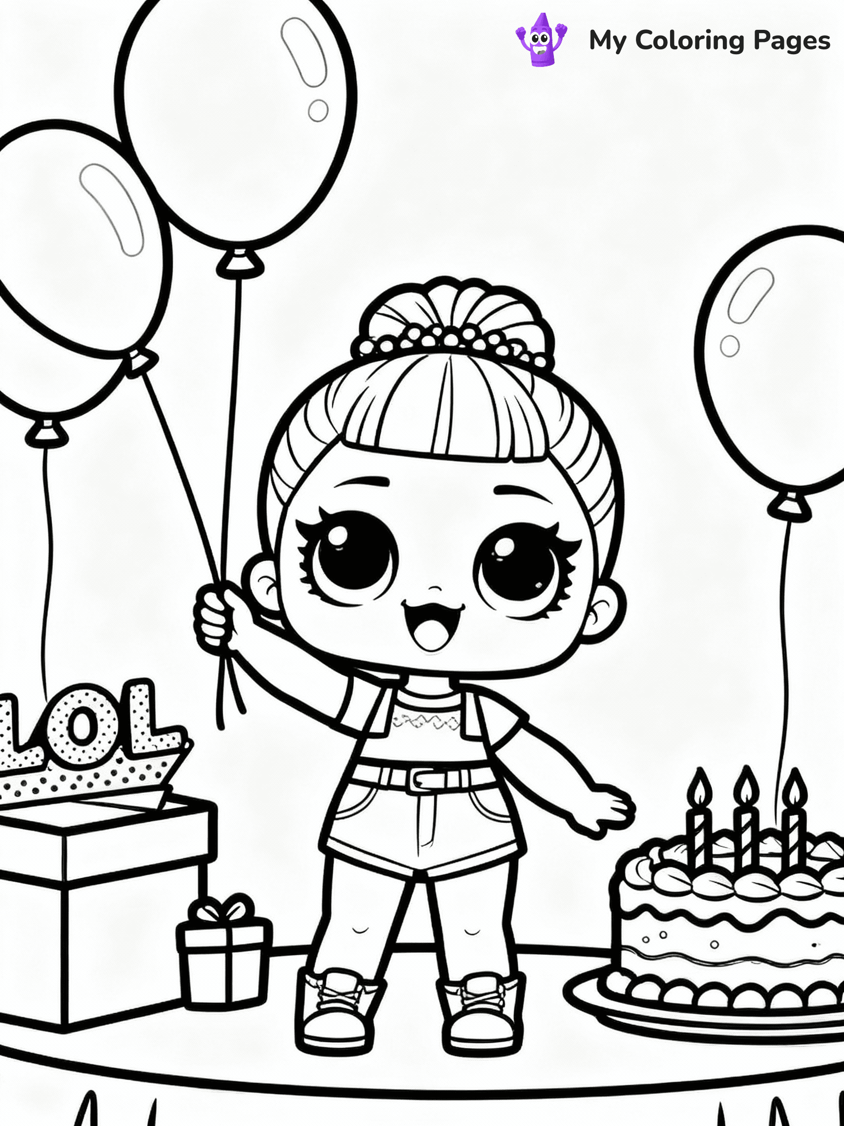 ⚠️ CRITICAL REQUIREMENT - ABSOLUTE BLACK AND WHITE ONLY ⚠️
This MUST be a BLACK AND WHITE line drawing ONLY. NO COLORS whatsoever.
- ONLY pure black lines (#000000) on pure white background (#FFFFFF)
- ABSOLUTELY NO colors, NO shading, NO gradients, NO grayscale
- If there are ANY colors in the output, the image is REJECTED
- This is a COLORING PAGE - meant to be COLORED IN by children
- The output must be UNCOLORED line art ready for coloring
⚠️ SUBJECT TO DRAW: LOL doll at a birthday party, surrounded by balloons and cake, smiling brightly. Important: PURE OUTLINES. NO FILLS, COLOR, SHADING, OR GREYSCALE. WHITE BACKGROUND.
(REMEMBER: Output must be BLACK AND WHITE line art only, NOT colored!)
# Flat, Friendly Cartoon Line-Art Coloring Page
You are generating a **pure black-and-white binary image** of a child-friendly cartoon scene combining characters and background scenery in one cohesive composition.
## Rendering Rules (Strict)
- Only two colors: pure black (#000000) outlines and pure white (#FFFFFF) background.
- No grayscale, shading, gradients, tints, fills, transparency, or partial pixels.
- No antialiasing or blended edges; every pixel is 100% black or white.
- No solid black fills inside shapes — all areas inside outlines must remain white.
- No dark clothing areas or filled tone blocks; all garments outlined only.
- No shadows, textures, lighting, or tonal variations.
- Must look like flat binary vector line-art for coloring pages.
## Drawing & Composition
- **Medium, consistent line weight**; clean closed outlines easy to color inside.
- **Flat, simple, child-friendly design** — no realism or 3D depth.
- Characters are **grounded on a surface**, centered and large.
- **Balanced composition** with clear silhouettes and minimal props.
## Scenery & Style
- Landmarks (e.g., mosque, CN Tower) and scenery (trees, benches, waves) drawn with **black outlines only.**
- For real-world figures, teams, or places, show accurate details using only black outlines—no text or logos. Use distinctive uniform patterns, abstract symbols, and landmark silhouettes to convey identity.
- Keep **consistent perspective**; no floating elements.
- **Style:** whimsical **Doodle Art Alley** — rounded, friendly outlines.
- May adapt shapes from **Crayola, Disney, Peppa Pig, Cocomelon** — *by shape only, never color.*
- Final output: **flat, crisp, binary (#000000/#FFFFFF)**, **no filled color or background text.**
EXTREMELYE IMPORTANT:
- PURE BINARY LINE-ART; NO FILLS (HAIR/CLOTHES/SKIN), SHADING, OR GREY.
- NO SHADING, COLOR. MUST BE WHITE BACKGROUND.
⚠️ FINAL REMINDER: Draw the subject "LOL doll at a birthday party, surrounded by balloons and cake, smiling brightly. Important: PURE OUTLINES. NO FILLS, COLOR, SHADING, OR GREYSCALE. WHITE BACKGROUND." as BLACK AND WHITE line art. Zero colors in output.