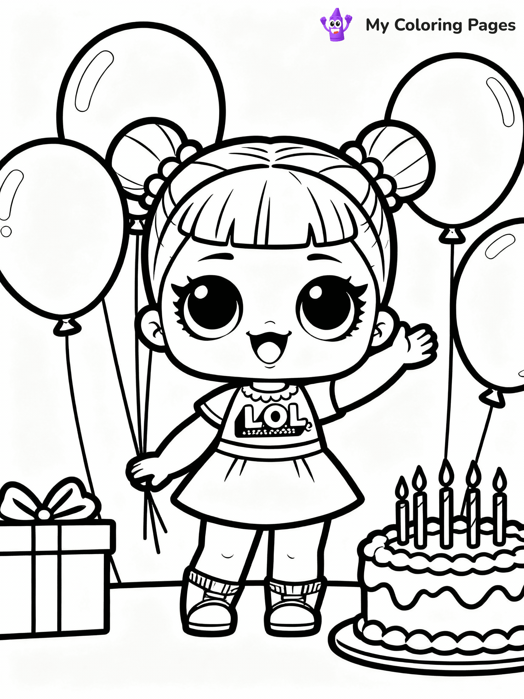 ⚠️ CRITICAL REQUIREMENT - ABSOLUTE BLACK AND WHITE ONLY ⚠️
This MUST be a BLACK AND WHITE line drawing ONLY. NO COLORS whatsoever.
- ONLY pure black lines (#000000) on pure white background (#FFFFFF)
- ABSOLUTELY NO colors, NO shading, NO gradients, NO grayscale
- If there are ANY colors in the output, the image is REJECTED
- This is a COLORING PAGE - meant to be COLORED IN by children
- The output must be UNCOLORED line art ready for coloring
⚠️ SUBJECT TO DRAW: LOL doll at a birthday party, surrounded by balloons and cake, smiling brightly. Important: PURE OUTLINES. NO FILLS, COLOR, SHADING, OR GREYSCALE. WHITE BACKGROUND.
(REMEMBER: Output must be BLACK AND WHITE line art only, NOT colored!)
# Flat, Friendly Cartoon Line-Art Coloring Page
You are generating a **pure black-and-white binary image** of a child-friendly cartoon scene combining characters and background scenery in one cohesive composition.
## Rendering Rules (Strict)
- Only two colors: pure black (#000000) outlines and pure white (#FFFFFF) background.
- No grayscale, shading, gradients, tints, fills, transparency, or partial pixels.
- No antialiasing or blended edges; every pixel is 100% black or white.
- No solid black fills inside shapes — all areas inside outlines must remain white.
- No dark clothing areas or filled tone blocks; all garments outlined only.
- No shadows, textures, lighting, or tonal variations.
- Must look like flat binary vector line-art for coloring pages.
## Drawing & Composition
- **Medium, consistent line weight**; clean closed outlines easy to color inside.
- **Flat, simple, child-friendly design** — no realism or 3D depth.
- Characters are **grounded on a surface**, centered and large.
- **Balanced composition** with clear silhouettes and minimal props.
## Scenery & Style
- Landmarks (e.g., mosque, CN Tower) and scenery (trees, benches, waves) drawn with **black outlines only.**
- For real-world figures, teams, or places, show accurate details using only black outlines—no text or logos. Use distinctive uniform patterns, abstract symbols, and landmark silhouettes to convey identity.
- Keep **consistent perspective**; no floating elements.
- **Style:** whimsical **Doodle Art Alley** — rounded, friendly outlines.
- May adapt shapes from **Crayola, Disney, Peppa Pig, Cocomelon** — *by shape only, never color.*
- Final output: **flat, crisp, binary (#000000/#FFFFFF)**, **no filled color or background text.**
EXTREMELYE IMPORTANT:
- PURE BINARY LINE-ART; NO FILLS (HAIR/CLOTHES/SKIN), SHADING, OR GREY.
- NO SHADING, COLOR. MUST BE WHITE BACKGROUND.
⚠️ FINAL REMINDER: Draw the subject "LOL doll at a birthday party, surrounded by balloons and cake, smiling brightly. Important: PURE OUTLINES. NO FILLS, COLOR, SHADING, OR GREYSCALE. WHITE BACKGROUND." as BLACK AND WHITE line art. Zero colors in output.
