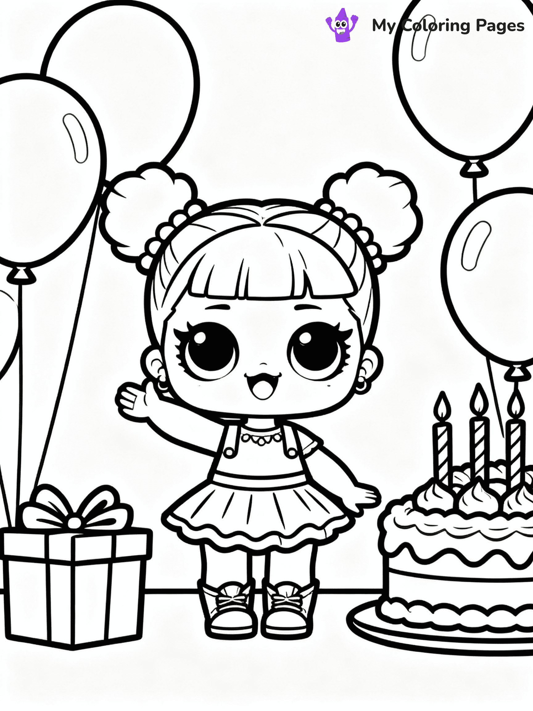 ⚠️ CRITICAL REQUIREMENT - ABSOLUTE BLACK AND WHITE ONLY ⚠️
This MUST be a BLACK AND WHITE line drawing ONLY. NO COLORS whatsoever.
- ONLY pure black lines (#000000) on pure white background (#FFFFFF)
- ABSOLUTELY NO colors, NO shading, NO gradients, NO grayscale
- If there are ANY colors in the output, the image is REJECTED
- This is a COLORING PAGE - meant to be COLORED IN by children
- The output must be UNCOLORED line art ready for coloring
⚠️ SUBJECT TO DRAW: LOL doll at a birthday party, surrounded by balloons and cake, smiling brightly. Important: PURE OUTLINES. NO FILLS, COLOR, SHADING, OR GREYSCALE. WHITE BACKGROUND.
(REMEMBER: Output must be BLACK AND WHITE line art only, NOT colored!)
# Flat, Friendly Cartoon Line-Art Coloring Page
You are generating a **pure black-and-white binary image** of a child-friendly cartoon scene combining characters and background scenery in one cohesive composition.
## Rendering Rules (Strict)
- Only two colors: pure black (#000000) outlines and pure white (#FFFFFF) background.
- No grayscale, shading, gradients, tints, fills, transparency, or partial pixels.
- No antialiasing or blended edges; every pixel is 100% black or white.
- No solid black fills inside shapes — all areas inside outlines must remain white.
- No dark clothing areas or filled tone blocks; all garments outlined only.
- No shadows, textures, lighting, or tonal variations.
- Must look like flat binary vector line-art for coloring pages.
## Drawing & Composition
- **Medium, consistent line weight**; clean closed outlines easy to color inside.
- **Flat, simple, child-friendly design** — no realism or 3D depth.
- Characters are **grounded on a surface**, centered and large.
- **Balanced composition** with clear silhouettes and minimal props.
## Scenery & Style
- Landmarks (e.g., mosque, CN Tower) and scenery (trees, benches, waves) drawn with **black outlines only.**
- For real-world figures, teams, or places, show accurate details using only black outlines—no text or logos. Use distinctive uniform patterns, abstract symbols, and landmark silhouettes to convey identity.
- Keep **consistent perspective**; no floating elements.
- **Style:** whimsical **Doodle Art Alley** — rounded, friendly outlines.
- May adapt shapes from **Crayola, Disney, Peppa Pig, Cocomelon** — *by shape only, never color.*
- Final output: **flat, crisp, binary (#000000/#FFFFFF)**, **no filled color or background text.**
EXTREMELYE IMPORTANT:
- PURE BINARY LINE-ART; NO FILLS (HAIR/CLOTHES/SKIN), SHADING, OR GREY.
- NO SHADING, COLOR. MUST BE WHITE BACKGROUND.
⚠️ FINAL REMINDER: Draw the subject "LOL doll at a birthday party, surrounded by balloons and cake, smiling brightly. Important: PURE OUTLINES. NO FILLS, COLOR, SHADING, OR GREYSCALE. WHITE BACKGROUND." as BLACK AND WHITE line art. Zero colors in output.