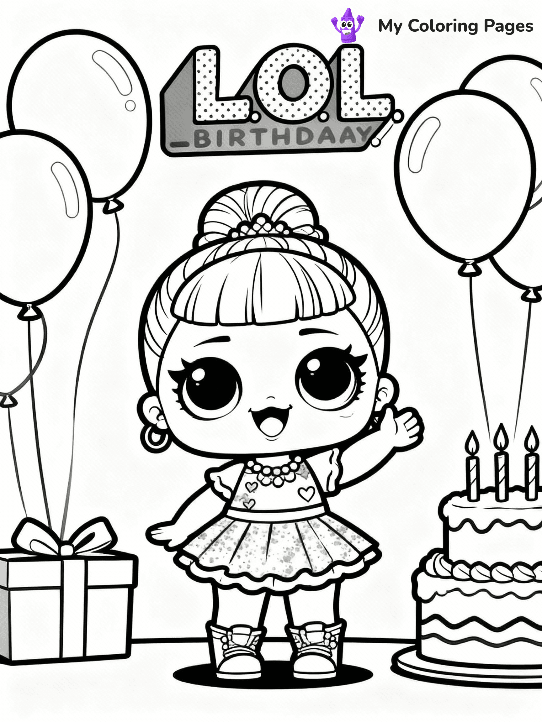 ⚠️ CRITICAL REQUIREMENT - ABSOLUTE BLACK AND WHITE ONLY ⚠️
This MUST be a BLACK AND WHITE line drawing ONLY. NO COLORS whatsoever.
- ONLY pure black lines (#000000) on pure white background (#FFFFFF)
- ABSOLUTELY NO colors, NO shading, NO gradients, NO grayscale
- If there are ANY colors in the output, the image is REJECTED
- This is a COLORING PAGE - meant to be COLORED IN by children
- The output must be UNCOLORED line art ready for coloring
⚠️ SUBJECT TO DRAW: LOL doll at a birthday party, surrounded by balloons and cake, smiling brightly. Important: PURE OUTLINES. NO FILLS, COLOR, SHADING, OR GREYSCALE. WHITE BACKGROUND.
(REMEMBER: Output must be BLACK AND WHITE line art only, NOT colored!)
# Flat, Friendly Cartoon Line-Art Coloring Page
You are generating a **pure black-and-white binary image** of a child-friendly cartoon scene combining characters and background scenery in one cohesive composition.
## Rendering Rules (Strict)
- Only two colors: pure black (#000000) outlines and pure white (#FFFFFF) background.
- No grayscale, shading, gradients, tints, fills, transparency, or partial pixels.
- No antialiasing or blended edges; every pixel is 100% black or white.
- No solid black fills inside shapes — all areas inside outlines must remain white.
- No dark clothing areas or filled tone blocks; all garments outlined only.
- No shadows, textures, lighting, or tonal variations.
- Must look like flat binary vector line-art for coloring pages.
## Drawing & Composition
- **Medium, consistent line weight**; clean closed outlines easy to color inside.
- **Flat, simple, child-friendly design** — no realism or 3D depth.
- Characters are **grounded on a surface**, centered and large.
- **Balanced composition** with clear silhouettes and minimal props.
## Scenery & Style
- Landmarks (e.g., mosque, CN Tower) and scenery (trees, benches, waves) drawn with **black outlines only.**
- For real-world figures, teams, or places, show accurate details using only black outlines—no text or logos. Use distinctive uniform patterns, abstract symbols, and landmark silhouettes to convey identity.
- Keep **consistent perspective**; no floating elements.
- **Style:** whimsical **Doodle Art Alley** — rounded, friendly outlines.
- May adapt shapes from **Crayola, Disney, Peppa Pig, Cocomelon** — *by shape only, never color.*
- Final output: **flat, crisp, binary (#000000/#FFFFFF)**, **no filled color or background text.**
EXTREMELYE IMPORTANT:
- PURE BINARY LINE-ART; NO FILLS (HAIR/CLOTHES/SKIN), SHADING, OR GREY.
- NO SHADING, COLOR. MUST BE WHITE BACKGROUND.
⚠️ FINAL REMINDER: Draw the subject "LOL doll at a birthday party, surrounded by balloons and cake, smiling brightly. Important: PURE OUTLINES. NO FILLS, COLOR, SHADING, OR GREYSCALE. WHITE BACKGROUND." as BLACK AND WHITE line art. Zero colors in output.