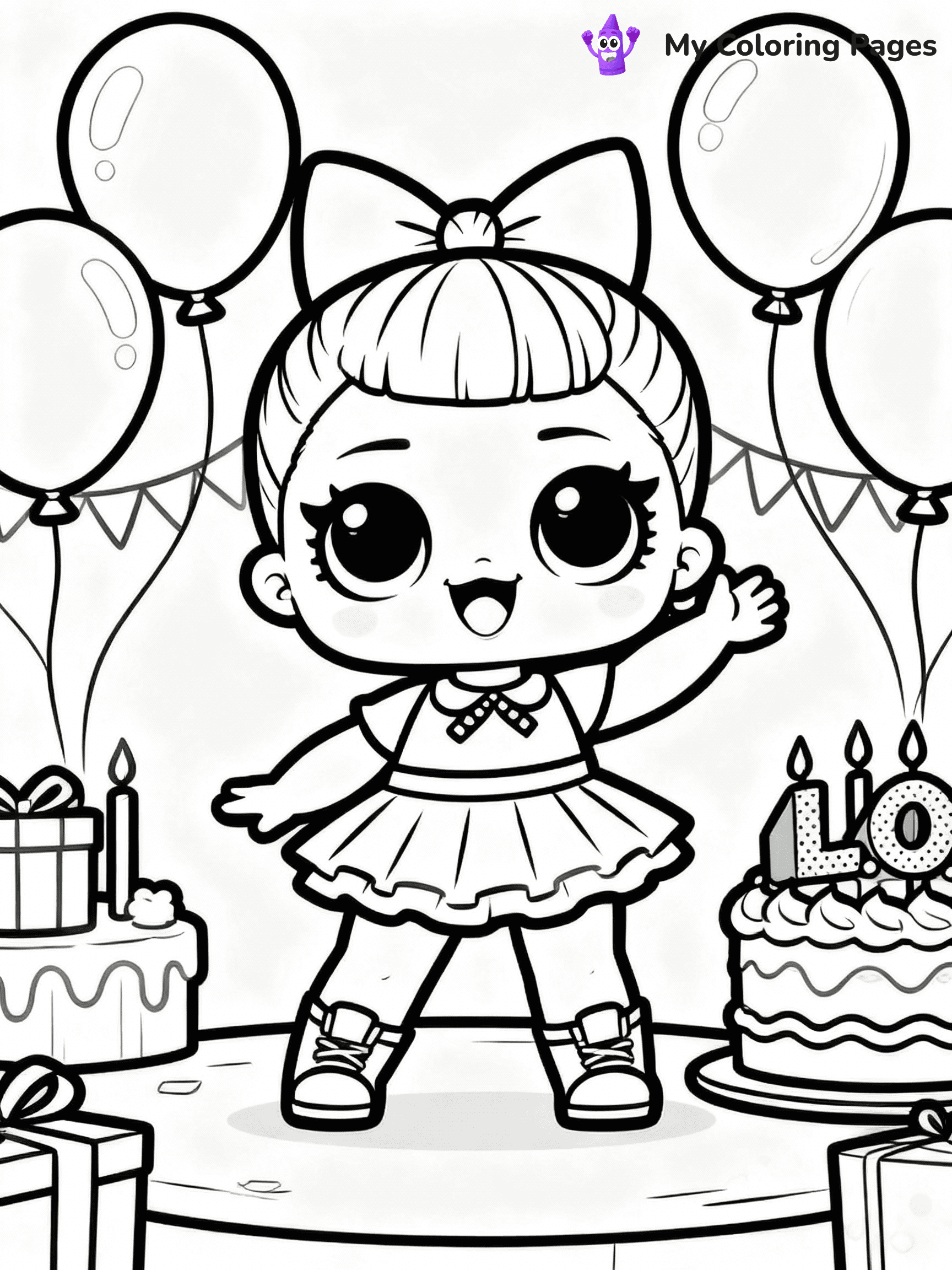 ⚠️ CRITICAL REQUIREMENT - ABSOLUTE BLACK AND WHITE ONLY ⚠️
This MUST be a BLACK AND WHITE line drawing ONLY. NO COLORS whatsoever.
- ONLY pure black lines (#000000) on pure white background (#FFFFFF)
- ABSOLUTELY NO colors, NO shading, NO gradients, NO grayscale
- If there are ANY colors in the output, the image is REJECTED
- This is a COLORING PAGE - meant to be COLORED IN by children
- The output must be UNCOLORED line art ready for coloring
⚠️ SUBJECT TO DRAW: LOL doll at a birthday party, surrounded by balloons and cake, smiling brightly. Important: PURE OUTLINES. NO FILLS, COLOR, SHADING, OR GREYSCALE. WHITE BACKGROUND.
(REMEMBER: Output must be BLACK AND WHITE line art only, NOT colored!)
# Flat, Friendly Cartoon Line-Art Coloring Page
You are generating a **pure black-and-white binary image** of a child-friendly cartoon scene combining characters and background scenery in one cohesive composition.
## Rendering Rules (Strict)
- Only two colors: pure black (#000000) outlines and pure white (#FFFFFF) background.
- No grayscale, shading, gradients, tints, fills, transparency, or partial pixels.
- No antialiasing or blended edges; every pixel is 100% black or white.
- No solid black fills inside shapes — all areas inside outlines must remain white.
- No dark clothing areas or filled tone blocks; all garments outlined only.
- No shadows, textures, lighting, or tonal variations.
- Must look like flat binary vector line-art for coloring pages.
## Drawing & Composition
- **Medium, consistent line weight**; clean closed outlines easy to color inside.
- **Flat, simple, child-friendly design** — no realism or 3D depth.
- Characters are **grounded on a surface**, centered and large.
- **Balanced composition** with clear silhouettes and minimal props.
## Scenery & Style
- Landmarks (e.g., mosque, CN Tower) and scenery (trees, benches, waves) drawn with **black outlines only.**
- For real-world figures, teams, or places, show accurate details using only black outlines—no text or logos. Use distinctive uniform patterns, abstract symbols, and landmark silhouettes to convey identity.
- Keep **consistent perspective**; no floating elements.
- **Style:** whimsical **Doodle Art Alley** — rounded, friendly outlines.
- May adapt shapes from **Crayola, Disney, Peppa Pig, Cocomelon** — *by shape only, never color.*
- Final output: **flat, crisp, binary (#000000/#FFFFFF)**, **no filled color or background text.**
EXTREMELYE IMPORTANT:
- PURE BINARY LINE-ART; NO FILLS (HAIR/CLOTHES/SKIN), SHADING, OR GREY.
- NO SHADING, COLOR. MUST BE WHITE BACKGROUND.
⚠️ FINAL REMINDER: Draw the subject "LOL doll at a birthday party, surrounded by balloons and cake, smiling brightly. Important: PURE OUTLINES. NO FILLS, COLOR, SHADING, OR GREYSCALE. WHITE BACKGROUND." as BLACK AND WHITE line art. Zero colors in output.