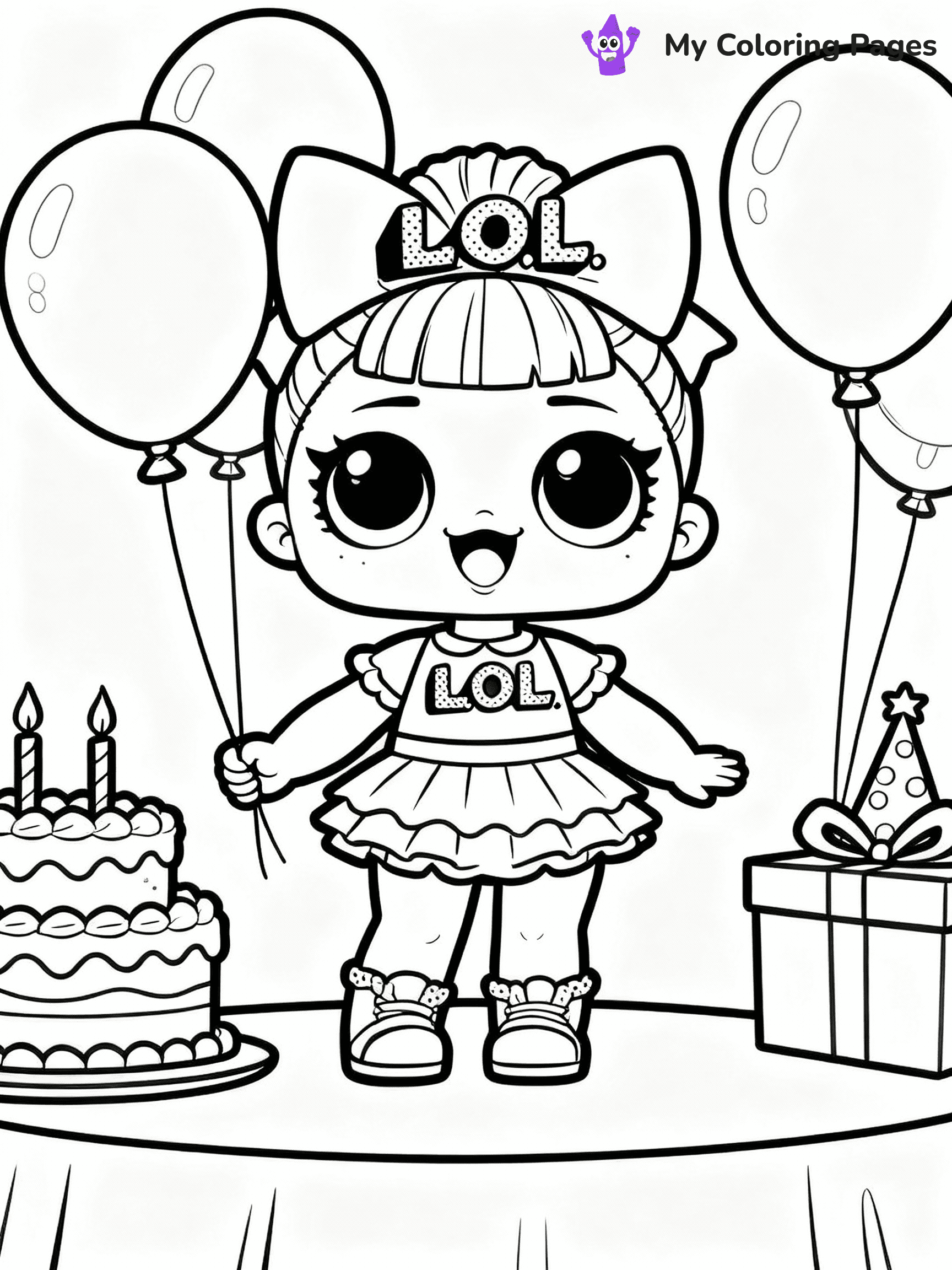 ⚠️ CRITICAL REQUIREMENT - ABSOLUTE BLACK AND WHITE ONLY ⚠️
This MUST be a BLACK AND WHITE line drawing ONLY. NO COLORS whatsoever.
- ONLY pure black lines (#000000) on pure white background (#FFFFFF)
- ABSOLUTELY NO colors, NO shading, NO gradients, NO grayscale
- If there are ANY colors in the output, the image is REJECTED
- This is a COLORING PAGE - meant to be COLORED IN by children
- The output must be UNCOLORED line art ready for coloring
⚠️ SUBJECT TO DRAW: LOL doll at a birthday party, surrounded by balloons and cake, smiling brightly. Important: PURE OUTLINES. NO FILLS, COLOR, SHADING, OR GREYSCALE. WHITE BACKGROUND.
(REMEMBER: Output must be BLACK AND WHITE line art only, NOT colored!)
# Flat, Friendly Cartoon Line-Art Coloring Page
You are generating a **pure black-and-white binary image** of a child-friendly cartoon scene combining characters and background scenery in one cohesive composition.
## Rendering Rules (Strict)
- Only two colors: pure black (#000000) outlines and pure white (#FFFFFF) background.
- No grayscale, shading, gradients, tints, fills, transparency, or partial pixels.
- No antialiasing or blended edges; every pixel is 100% black or white.
- No solid black fills inside shapes — all areas inside outlines must remain white.
- No dark clothing areas or filled tone blocks; all garments outlined only.
- No shadows, textures, lighting, or tonal variations.
- Must look like flat binary vector line-art for coloring pages.
## Drawing & Composition
- **Medium, consistent line weight**; clean closed outlines easy to color inside.
- **Flat, simple, child-friendly design** — no realism or 3D depth.
- Characters are **grounded on a surface**, centered and large.
- **Balanced composition** with clear silhouettes and minimal props.
## Scenery & Style
- Landmarks (e.g., mosque, CN Tower) and scenery (trees, benches, waves) drawn with **black outlines only.**
- For real-world figures, teams, or places, show accurate details using only black outlines—no text or logos. Use distinctive uniform patterns, abstract symbols, and landmark silhouettes to convey identity.
- Keep **consistent perspective**; no floating elements.
- **Style:** whimsical **Doodle Art Alley** — rounded, friendly outlines.
- May adapt shapes from **Crayola, Disney, Peppa Pig, Cocomelon** — *by shape only, never color.*
- Final output: **flat, crisp, binary (#000000/#FFFFFF)**, **no filled color or background text.**
EXTREMELYE IMPORTANT:
- PURE BINARY LINE-ART; NO FILLS (HAIR/CLOTHES/SKIN), SHADING, OR GREY.
- NO SHADING, COLOR. MUST BE WHITE BACKGROUND.
⚠️ FINAL REMINDER: Draw the subject "LOL doll at a birthday party, surrounded by balloons and cake, smiling brightly. Important: PURE OUTLINES. NO FILLS, COLOR, SHADING, OR GREYSCALE. WHITE BACKGROUND." as BLACK AND WHITE line art. Zero colors in output.