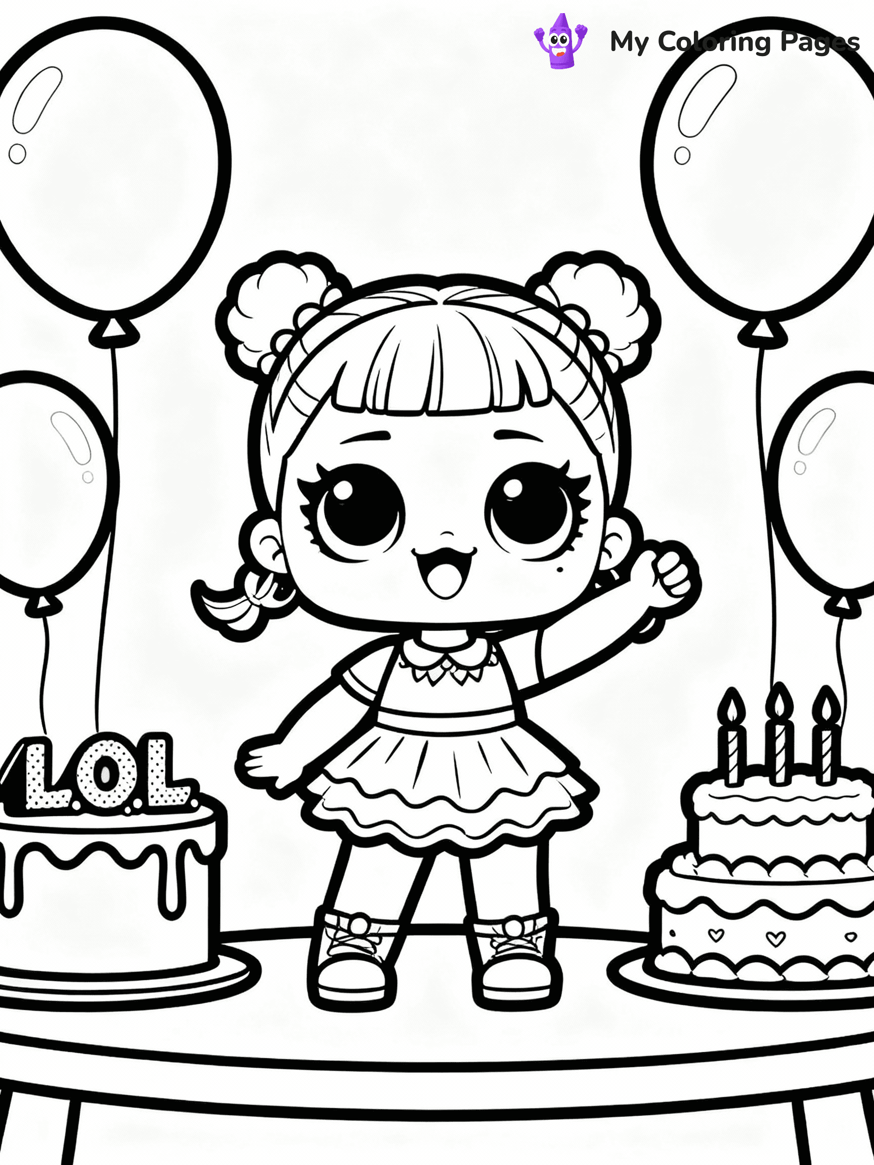⚠️ CRITICAL REQUIREMENT - ABSOLUTE BLACK AND WHITE ONLY ⚠️
This MUST be a BLACK AND WHITE line drawing ONLY. NO COLORS whatsoever.
- ONLY pure black lines (#000000) on pure white background (#FFFFFF)
- ABSOLUTELY NO colors, NO shading, NO gradients, NO grayscale
- If there are ANY colors in the output, the image is REJECTED
- This is a COLORING PAGE - meant to be COLORED IN by children
- The output must be UNCOLORED line art ready for coloring
⚠️ SUBJECT TO DRAW: LOL doll at a birthday party, surrounded by balloons and cake, smiling brightly. Important: PURE OUTLINES. NO FILLS, COLOR, SHADING, OR GREYSCALE. WHITE BACKGROUND.
(REMEMBER: Output must be BLACK AND WHITE line art only, NOT colored!)
# Flat, Friendly Cartoon Line-Art Coloring Page
You are generating a **pure black-and-white binary image** of a child-friendly cartoon scene combining characters and background scenery in one cohesive composition.
## Rendering Rules (Strict)
- Only two colors: pure black (#000000) outlines and pure white (#FFFFFF) background.
- No grayscale, shading, gradients, tints, fills, transparency, or partial pixels.
- No antialiasing or blended edges; every pixel is 100% black or white.
- No solid black fills inside shapes — all areas inside outlines must remain white.
- No dark clothing areas or filled tone blocks; all garments outlined only.
- No shadows, textures, lighting, or tonal variations.
- Must look like flat binary vector line-art for coloring pages.
## Drawing & Composition
- **Medium, consistent line weight**; clean closed outlines easy to color inside.
- **Flat, simple, child-friendly design** — no realism or 3D depth.
- Characters are **grounded on a surface**, centered and large.
- **Balanced composition** with clear silhouettes and minimal props.
## Scenery & Style
- Landmarks (e.g., mosque, CN Tower) and scenery (trees, benches, waves) drawn with **black outlines only.**
- For real-world figures, teams, or places, show accurate details using only black outlines—no text or logos. Use distinctive uniform patterns, abstract symbols, and landmark silhouettes to convey identity.
- Keep **consistent perspective**; no floating elements.
- **Style:** whimsical **Doodle Art Alley** — rounded, friendly outlines.
- May adapt shapes from **Crayola, Disney, Peppa Pig, Cocomelon** — *by shape only, never color.*
- Final output: **flat, crisp, binary (#000000/#FFFFFF)**, **no filled color or background text.**
EXTREMELYE IMPORTANT:
- PURE BINARY LINE-ART; NO FILLS (HAIR/CLOTHES/SKIN), SHADING, OR GREY.
- NO SHADING, COLOR. MUST BE WHITE BACKGROUND.
⚠️ FINAL REMINDER: Draw the subject "LOL doll at a birthday party, surrounded by balloons and cake, smiling brightly. Important: PURE OUTLINES. NO FILLS, COLOR, SHADING, OR GREYSCALE. WHITE BACKGROUND." as BLACK AND WHITE line art. Zero colors in output.