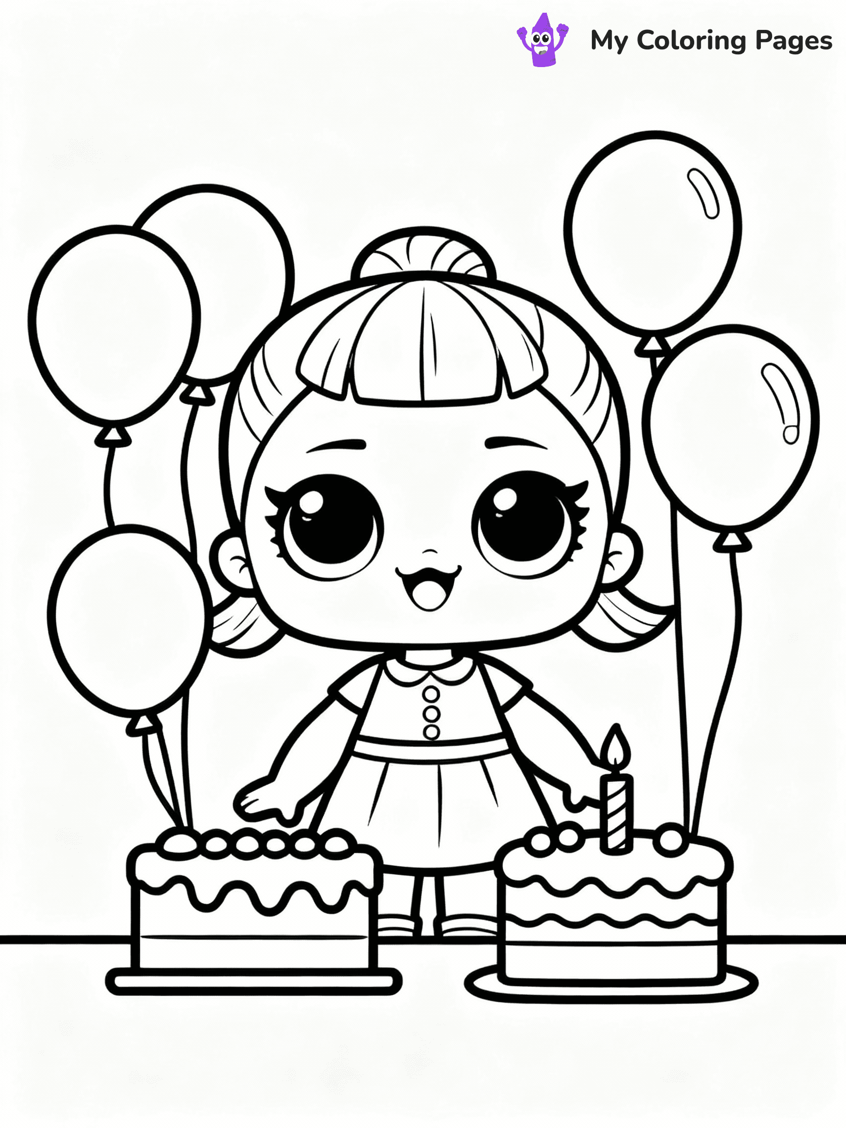 ⚠️ CRITICAL REQUIREMENT - ABSOLUTE BLACK AND WHITE ONLY ⚠️
This MUST be a BLACK AND WHITE line drawing ONLY. NO COLORS whatsoever.
- ONLY pure black lines (#000000) on pure white background (#FFFFFF)
- ABSOLUTELY NO colors, NO shading, NO gradients, NO grayscale
- If there are ANY colors in the output, the image is REJECTED
- This is a COLORING PAGE - meant to be COLORED IN by children
- The output must be UNCOLORED line art ready for coloring
⚠️ SUBJECT TO DRAW: LOL doll at a birthday party, surrounded by balloons and cake, smiling brightly. Important: PURE OUTLINES. NO FILLS, COLOR, SHADING, OR GREYSCALE. WHITE BACKGROUND.
(REMEMBER: Output must be BLACK AND WHITE line art only, NOT colored!)
# Flat, Friendly Cartoon Line-Art Coloring Page
You are generating a **pure black-and-white binary image** of a child-friendly cartoon scene combining characters and background scenery in one cohesive composition.
## Rendering Rules (Strict)
- Only two colors: pure black (#000000) outlines and pure white (#FFFFFF) background.
- No grayscale, shading, gradients, tints, fills, transparency, or partial pixels.
- No antialiasing or blended edges; every pixel is 100% black or white.
- No solid black fills inside shapes — all areas inside outlines must remain white.
- No dark clothing areas or filled tone blocks; all garments outlined only.
- No shadows, textures, lighting, or tonal variations.
- Must look like flat binary vector line-art for coloring pages.
## Drawing & Composition
- **Medium, consistent line weight**; clean closed outlines easy to color inside.
- **Flat, simple, child-friendly design** — no realism or 3D depth.
- Characters are **grounded on a surface**, centered and large.
- **Balanced composition** with clear silhouettes and minimal props.
## Scenery & Style
- Landmarks (e.g., mosque, CN Tower) and scenery (trees, benches, waves) drawn with **black outlines only.**
- For real-world figures, teams, or places, show accurate details using only black outlines—no text or logos. Use distinctive uniform patterns, abstract symbols, and landmark silhouettes to convey identity.
- Keep **consistent perspective**; no floating elements.
- **Style:** whimsical **Doodle Art Alley** — rounded, friendly outlines.
- May adapt shapes from **Crayola, Disney, Peppa Pig, Cocomelon** — *by shape only, never color.*
- Final output: **flat, crisp, binary (#000000/#FFFFFF)**, **no filled color or background text.**
EXTREMELYE IMPORTANT:
- PURE BINARY LINE-ART; NO FILLS (HAIR/CLOTHES/SKIN), SHADING, OR GREY.
- NO SHADING, COLOR. MUST BE WHITE BACKGROUND.
⚠️ FINAL REMINDER: Draw the subject "LOL doll at a birthday party, surrounded by balloons and cake, smiling brightly. Important: PURE OUTLINES. NO FILLS, COLOR, SHADING, OR GREYSCALE. WHITE BACKGROUND." as BLACK AND WHITE line art. Zero colors in output.