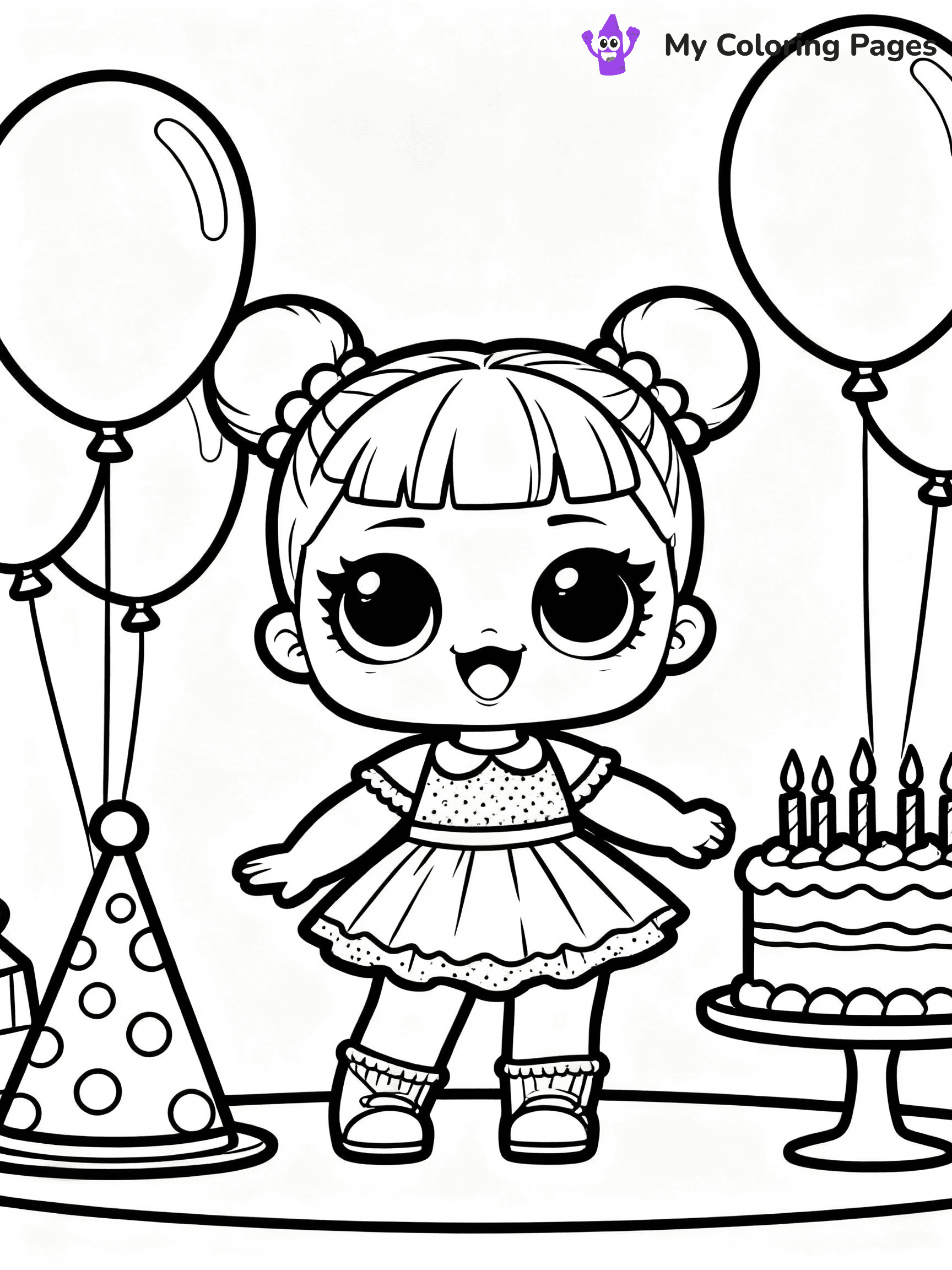 ⚠️ CRITICAL REQUIREMENT - ABSOLUTE BLACK AND WHITE ONLY ⚠️
This MUST be a BLACK AND WHITE line drawing ONLY. NO COLORS whatsoever.
- ONLY pure black lines (#000000) on pure white background (#FFFFFF)
- ABSOLUTELY NO colors, NO shading, NO gradients, NO grayscale
- If there are ANY colors in the output, the image is REJECTED
- This is a COLORING PAGE - meant to be COLORED IN by children
- The output must be UNCOLORED line art ready for coloring
⚠️ SUBJECT TO DRAW: LOL doll at a birthday party, surrounded by balloons and cake, smiling brightly. Important: PURE OUTLINES. NO FILLS, COLOR, SHADING, OR GREYSCALE. WHITE BACKGROUND.
(REMEMBER: Output must be BLACK AND WHITE line art only, NOT colored!)
# Flat, Friendly Cartoon Line-Art Coloring Page
You are generating a **pure black-and-white binary image** of a child-friendly cartoon scene combining characters and background scenery in one cohesive composition.
## Rendering Rules (Strict)
- Only two colors: pure black (#000000) outlines and pure white (#FFFFFF) background.
- No grayscale, shading, gradients, tints, fills, transparency, or partial pixels.
- No antialiasing or blended edges; every pixel is 100% black or white.
- No solid black fills inside shapes — all areas inside outlines must remain white.
- No dark clothing areas or filled tone blocks; all garments outlined only.
- No shadows, textures, lighting, or tonal variations.
- Must look like flat binary vector line-art for coloring pages.
## Drawing & Composition
- **Medium, consistent line weight**; clean closed outlines easy to color inside.
- **Flat, simple, child-friendly design** — no realism or 3D depth.
- Characters are **grounded on a surface**, centered and large.
- **Balanced composition** with clear silhouettes and minimal props.
## Scenery & Style
- Landmarks (e.g., mosque, CN Tower) and scenery (trees, benches, waves) drawn with **black outlines only.**
- For real-world figures, teams, or places, show accurate details using only black outlines—no text or logos. Use distinctive uniform patterns, abstract symbols, and landmark silhouettes to convey identity.
- Keep **consistent perspective**; no floating elements.
- **Style:** whimsical **Doodle Art Alley** — rounded, friendly outlines.
- May adapt shapes from **Crayola, Disney, Peppa Pig, Cocomelon** — *by shape only, never color.*
- Final output: **flat, crisp, binary (#000000/#FFFFFF)**, **no filled color or background text.**
EXTREMELYE IMPORTANT:
- PURE BINARY LINE-ART; NO FILLS (HAIR/CLOTHES/SKIN), SHADING, OR GREY.
- NO SHADING, COLOR. MUST BE WHITE BACKGROUND.
⚠️ FINAL REMINDER: Draw the subject "LOL doll at a birthday party, surrounded by balloons and cake, smiling brightly. Important: PURE OUTLINES. NO FILLS, COLOR, SHADING, OR GREYSCALE. WHITE BACKGROUND." as BLACK AND WHITE line art. Zero colors in output.