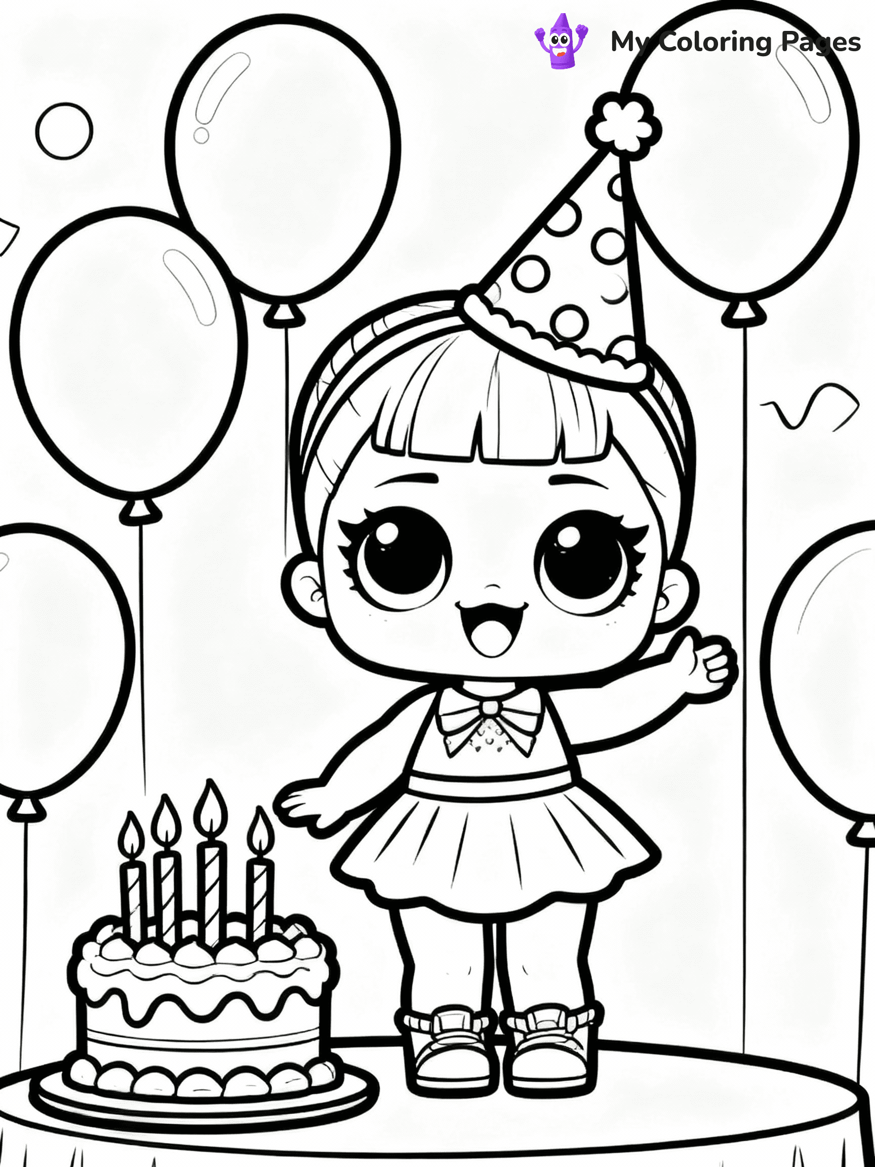 ⚠️ CRITICAL REQUIREMENT - ABSOLUTE BLACK AND WHITE ONLY ⚠️
This MUST be a BLACK AND WHITE line drawing ONLY. NO COLORS whatsoever.
- ONLY pure black lines (#000000) on pure white background (#FFFFFF)
- ABSOLUTELY NO colors, NO shading, NO gradients, NO grayscale
- If there are ANY colors in the output, the image is REJECTED
- This is a COLORING PAGE - meant to be COLORED IN by children
- The output must be UNCOLORED line art ready for coloring
⚠️ SUBJECT TO DRAW: LOL doll at a birthday party, surrounded by balloons and cake, smiling brightly. Important: PURE OUTLINES. NO FILLS, COLOR, SHADING, OR GREYSCALE. WHITE BACKGROUND.
(REMEMBER: Output must be BLACK AND WHITE line art only, NOT colored!)
# Flat, Friendly Cartoon Line-Art Coloring Page
You are generating a **pure black-and-white binary image** of a child-friendly cartoon scene combining characters and background scenery in one cohesive composition.
## Rendering Rules (Strict)
- Only two colors: pure black (#000000) outlines and pure white (#FFFFFF) background.
- No grayscale, shading, gradients, tints, fills, transparency, or partial pixels.
- No antialiasing or blended edges; every pixel is 100% black or white.
- No solid black fills inside shapes — all areas inside outlines must remain white.
- No dark clothing areas or filled tone blocks; all garments outlined only.
- No shadows, textures, lighting, or tonal variations.
- Must look like flat binary vector line-art for coloring pages.
## Drawing & Composition
- **Medium, consistent line weight**; clean closed outlines easy to color inside.
- **Flat, simple, child-friendly design** — no realism or 3D depth.
- Characters are **grounded on a surface**, centered and large.
- **Balanced composition** with clear silhouettes and minimal props.
## Scenery & Style
- Landmarks (e.g., mosque, CN Tower) and scenery (trees, benches, waves) drawn with **black outlines only.**
- For real-world figures, teams, or places, show accurate details using only black outlines—no text or logos. Use distinctive uniform patterns, abstract symbols, and landmark silhouettes to convey identity.
- Keep **consistent perspective**; no floating elements.
- **Style:** whimsical **Doodle Art Alley** — rounded, friendly outlines.
- May adapt shapes from **Crayola, Disney, Peppa Pig, Cocomelon** — *by shape only, never color.*
- Final output: **flat, crisp, binary (#000000/#FFFFFF)**, **no filled color or background text.**
EXTREMELYE IMPORTANT:
- PURE BINARY LINE-ART; NO FILLS (HAIR/CLOTHES/SKIN), SHADING, OR GREY.
- NO SHADING, COLOR. MUST BE WHITE BACKGROUND.
⚠️ FINAL REMINDER: Draw the subject "LOL doll at a birthday party, surrounded by balloons and cake, smiling brightly. Important: PURE OUTLINES. NO FILLS, COLOR, SHADING, OR GREYSCALE. WHITE BACKGROUND." as BLACK AND WHITE line art. Zero colors in output.