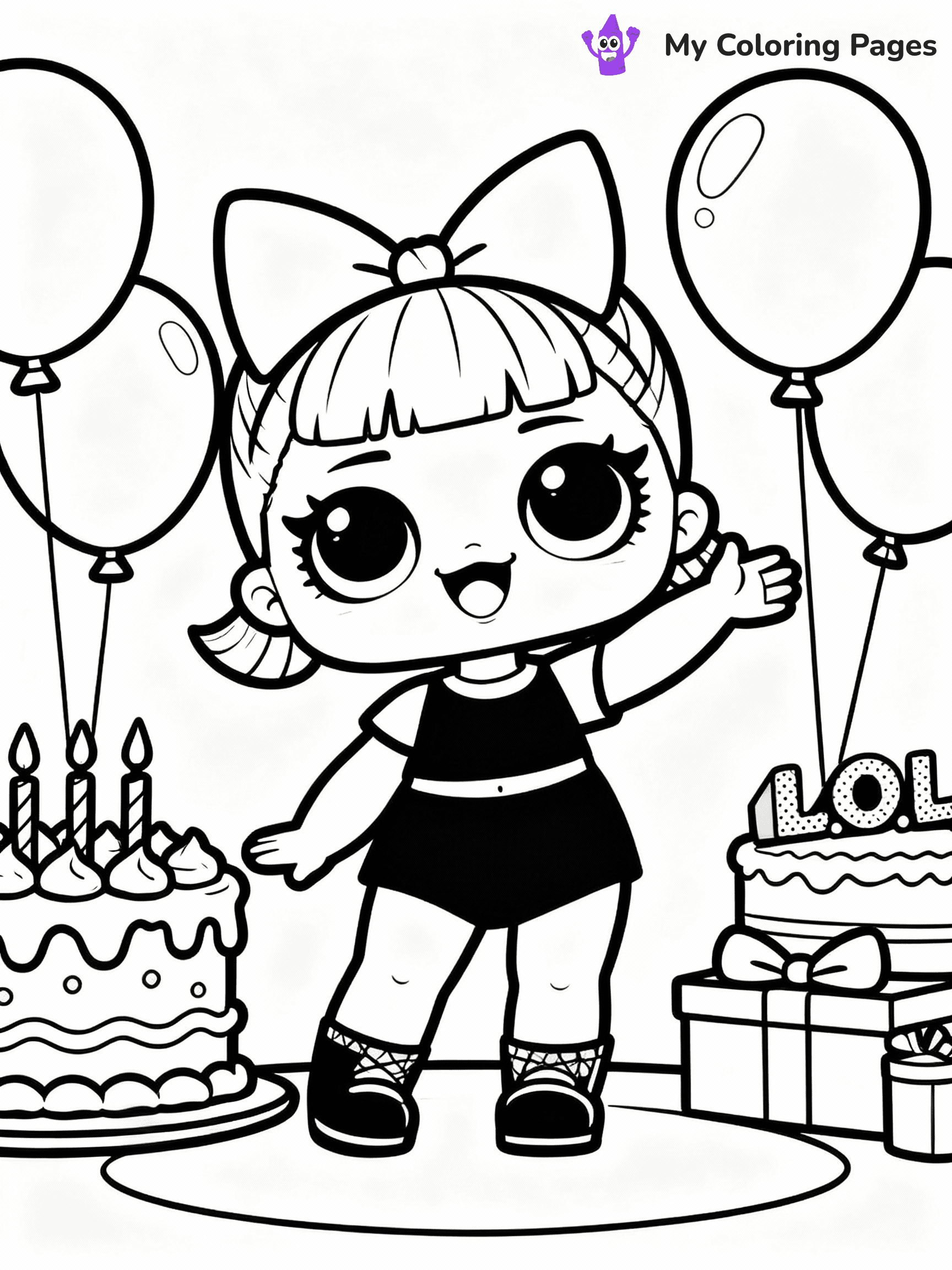 ⚠️ CRITICAL REQUIREMENT - ABSOLUTE BLACK AND WHITE ONLY ⚠️
This MUST be a BLACK AND WHITE line drawing ONLY. NO COLORS whatsoever.
- ONLY pure black lines (#000000) on pure white background (#FFFFFF)
- ABSOLUTELY NO colors, NO shading, NO gradients, NO grayscale
- If there are ANY colors in the output, the image is REJECTED
- This is a COLORING PAGE - meant to be COLORED IN by children
- The output must be UNCOLORED line art ready for coloring
⚠️ SUBJECT TO DRAW: LOL doll at a birthday party, surrounded by balloons and cake, smiling brightly. Important: PURE OUTLINES. NO FILLS, COLOR, SHADING, OR GREYSCALE. WHITE BACKGROUND.
(REMEMBER: Output must be BLACK AND WHITE line art only, NOT colored!)
# Flat, Friendly Cartoon Line-Art Coloring Page
You are generating a **pure black-and-white binary image** of a child-friendly cartoon scene combining characters and background scenery in one cohesive composition.
## Rendering Rules (Strict)
- Only two colors: pure black (#000000) outlines and pure white (#FFFFFF) background.
- No grayscale, shading, gradients, tints, fills, transparency, or partial pixels.
- No antialiasing or blended edges; every pixel is 100% black or white.
- No solid black fills inside shapes — all areas inside outlines must remain white.
- No dark clothing areas or filled tone blocks; all garments outlined only.
- No shadows, textures, lighting, or tonal variations.
- Must look like flat binary vector line-art for coloring pages.
## Drawing & Composition
- **Medium, consistent line weight**; clean closed outlines easy to color inside.
- **Flat, simple, child-friendly design** — no realism or 3D depth.
- Characters are **grounded on a surface**, centered and large.
- **Balanced composition** with clear silhouettes and minimal props.
## Scenery & Style
- Landmarks (e.g., mosque, CN Tower) and scenery (trees, benches, waves) drawn with **black outlines only.**
- For real-world figures, teams, or places, show accurate details using only black outlines—no text or logos. Use distinctive uniform patterns, abstract symbols, and landmark silhouettes to convey identity.
- Keep **consistent perspective**; no floating elements.
- **Style:** whimsical **Doodle Art Alley** — rounded, friendly outlines.
- May adapt shapes from **Crayola, Disney, Peppa Pig, Cocomelon** — *by shape only, never color.*
- Final output: **flat, crisp, binary (#000000/#FFFFFF)**, **no filled color or background text.**
EXTREMELYE IMPORTANT:
- PURE BINARY LINE-ART; NO FILLS (HAIR/CLOTHES/SKIN), SHADING, OR GREY.
- NO SHADING, COLOR. MUST BE WHITE BACKGROUND.
⚠️ FINAL REMINDER: Draw the subject "LOL doll at a birthday party, surrounded by balloons and cake, smiling brightly. Important: PURE OUTLINES. NO FILLS, COLOR, SHADING, OR GREYSCALE. WHITE BACKGROUND." as BLACK AND WHITE line art. Zero colors in output.