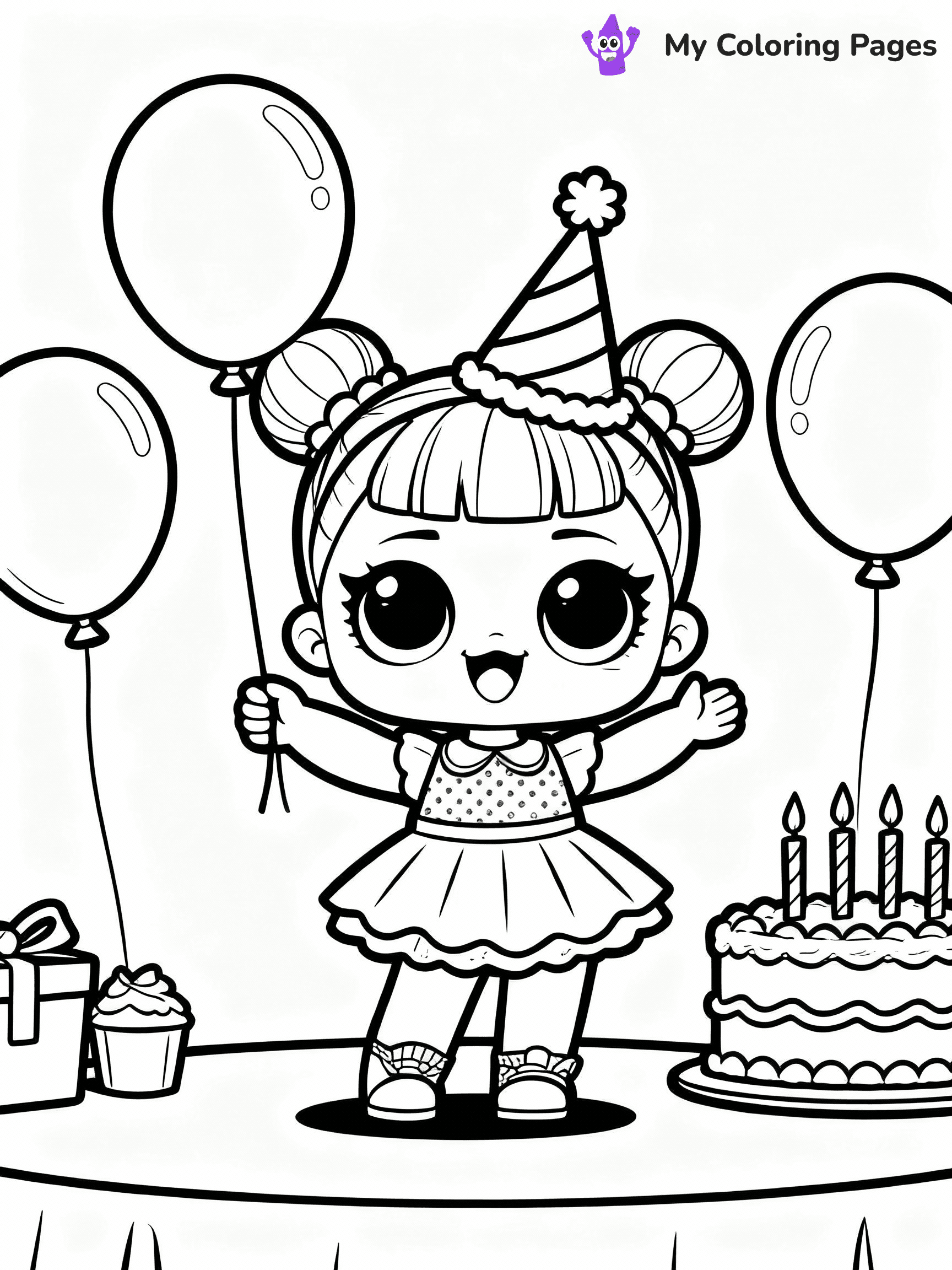 ⚠️ CRITICAL REQUIREMENT - ABSOLUTE BLACK AND WHITE ONLY ⚠️
This MUST be a BLACK AND WHITE line drawing ONLY. NO COLORS whatsoever.
- ONLY pure black lines (#000000) on pure white background (#FFFFFF)
- ABSOLUTELY NO colors, NO shading, NO gradients, NO grayscale
- If there are ANY colors in the output, the image is REJECTED
- This is a COLORING PAGE - meant to be COLORED IN by children
- The output must be UNCOLORED line art ready for coloring
⚠️ SUBJECT TO DRAW: LOL doll at a birthday party, surrounded by balloons and cake, smiling brightly. Important: PURE OUTLINES. NO FILLS, COLOR, SHADING, OR GREYSCALE. WHITE BACKGROUND.
(REMEMBER: Output must be BLACK AND WHITE line art only, NOT colored!)
# Flat, Friendly Cartoon Line-Art Coloring Page
You are generating a **pure black-and-white binary image** of a child-friendly cartoon scene combining characters and background scenery in one cohesive composition.
## Rendering Rules (Strict)
- Only two colors: pure black (#000000) outlines and pure white (#FFFFFF) background.
- No grayscale, shading, gradients, tints, fills, transparency, or partial pixels.
- No antialiasing or blended edges; every pixel is 100% black or white.
- No solid black fills inside shapes — all areas inside outlines must remain white.
- No dark clothing areas or filled tone blocks; all garments outlined only.
- No shadows, textures, lighting, or tonal variations.
- Must look like flat binary vector line-art for coloring pages.
## Drawing & Composition
- **Medium, consistent line weight**; clean closed outlines easy to color inside.
- **Flat, simple, child-friendly design** — no realism or 3D depth.
- Characters are **grounded on a surface**, centered and large.
- **Balanced composition** with clear silhouettes and minimal props.
## Scenery & Style
- Landmarks (e.g., mosque, CN Tower) and scenery (trees, benches, waves) drawn with **black outlines only.**
- For real-world figures, teams, or places, show accurate details using only black outlines—no text or logos. Use distinctive uniform patterns, abstract symbols, and landmark silhouettes to convey identity.
- Keep **consistent perspective**; no floating elements.
- **Style:** whimsical **Doodle Art Alley** — rounded, friendly outlines.
- May adapt shapes from **Crayola, Disney, Peppa Pig, Cocomelon** — *by shape only, never color.*
- Final output: **flat, crisp, binary (#000000/#FFFFFF)**, **no filled color or background text.**
EXTREMELYE IMPORTANT:
- PURE BINARY LINE-ART; NO FILLS (HAIR/CLOTHES/SKIN), SHADING, OR GREY.
- NO SHADING, COLOR. MUST BE WHITE BACKGROUND.
⚠️ FINAL REMINDER: Draw the subject "LOL doll at a birthday party, surrounded by balloons and cake, smiling brightly. Important: PURE OUTLINES. NO FILLS, COLOR, SHADING, OR GREYSCALE. WHITE BACKGROUND." as BLACK AND WHITE line art. Zero colors in output.