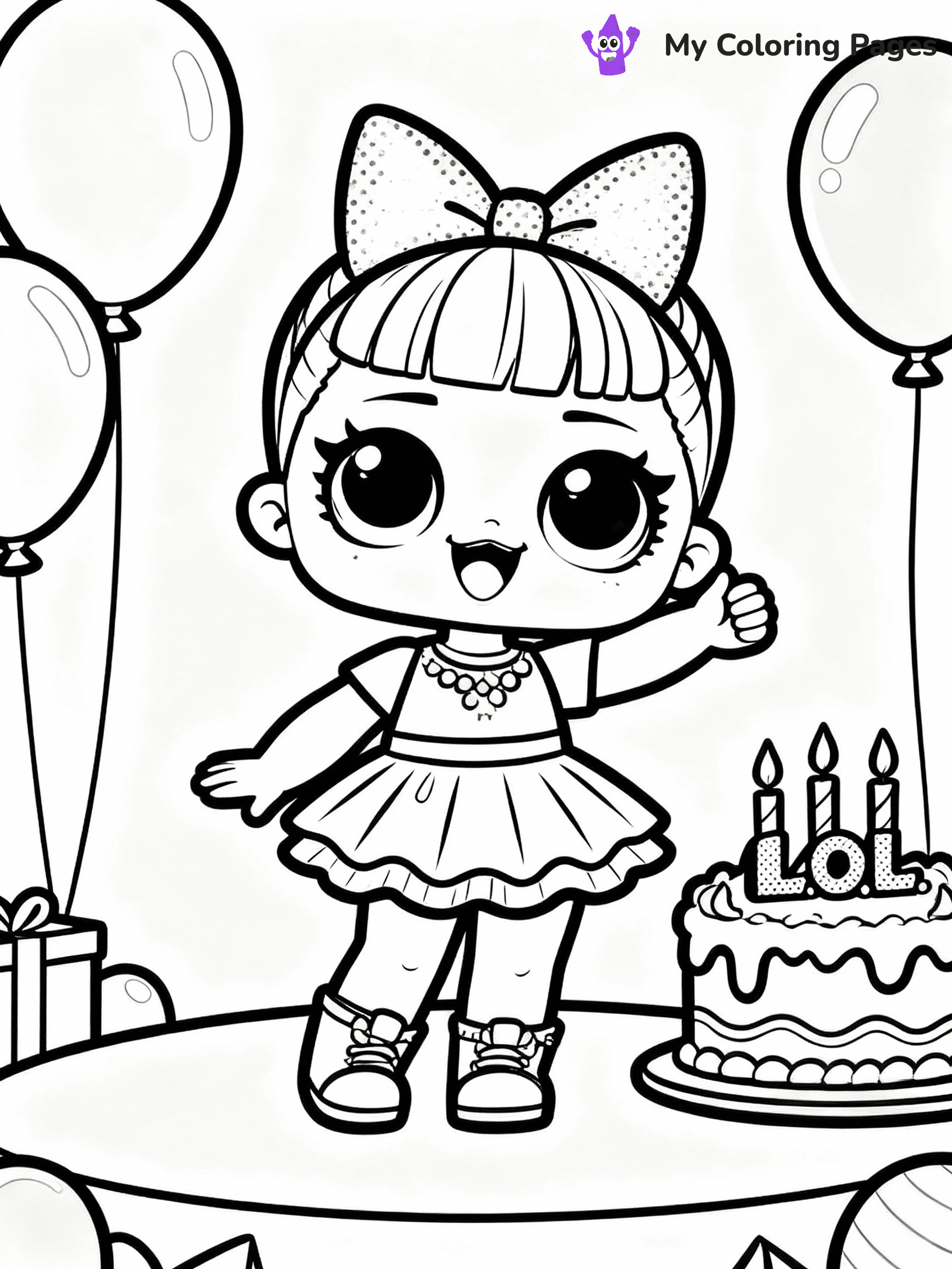 ⚠️ CRITICAL REQUIREMENT - ABSOLUTE BLACK AND WHITE ONLY ⚠️
This MUST be a BLACK AND WHITE line drawing ONLY. NO COLORS whatsoever.
- ONLY pure black lines (#000000) on pure white background (#FFFFFF)
- ABSOLUTELY NO colors, NO shading, NO gradients, NO grayscale
- If there are ANY colors in the output, the image is REJECTED
- This is a COLORING PAGE - meant to be COLORED IN by children
- The output must be UNCOLORED line art ready for coloring
⚠️ SUBJECT TO DRAW: LOL doll at a birthday party, surrounded by balloons and cake, smiling brightly. Important: PURE OUTLINES. NO FILLS, COLOR, SHADING, OR GREYSCALE. WHITE BACKGROUND.
(REMEMBER: Output must be BLACK AND WHITE line art only, NOT colored!)
# Flat, Friendly Cartoon Line-Art Coloring Page
You are generating a **pure black-and-white binary image** of a child-friendly cartoon scene combining characters and background scenery in one cohesive composition.
## Rendering Rules (Strict)
- Only two colors: pure black (#000000) outlines and pure white (#FFFFFF) background.
- No grayscale, shading, gradients, tints, fills, transparency, or partial pixels.
- No antialiasing or blended edges; every pixel is 100% black or white.
- No solid black fills inside shapes — all areas inside outlines must remain white.
- No dark clothing areas or filled tone blocks; all garments outlined only.
- No shadows, textures, lighting, or tonal variations.
- Must look like flat binary vector line-art for coloring pages.
## Drawing & Composition
- **Medium, consistent line weight**; clean closed outlines easy to color inside.
- **Flat, simple, child-friendly design** — no realism or 3D depth.
- Characters are **grounded on a surface**, centered and large.
- **Balanced composition** with clear silhouettes and minimal props.
## Scenery & Style
- Landmarks (e.g., mosque, CN Tower) and scenery (trees, benches, waves) drawn with **black outlines only.**
- For real-world figures, teams, or places, show accurate details using only black outlines—no text or logos. Use distinctive uniform patterns, abstract symbols, and landmark silhouettes to convey identity.
- Keep **consistent perspective**; no floating elements.
- **Style:** whimsical **Doodle Art Alley** — rounded, friendly outlines.
- May adapt shapes from **Crayola, Disney, Peppa Pig, Cocomelon** — *by shape only, never color.*
- Final output: **flat, crisp, binary (#000000/#FFFFFF)**, **no filled color or background text.**
EXTREMELYE IMPORTANT:
- PURE BINARY LINE-ART; NO FILLS (HAIR/CLOTHES/SKIN), SHADING, OR GREY.
- NO SHADING, COLOR. MUST BE WHITE BACKGROUND.
⚠️ FINAL REMINDER: Draw the subject "LOL doll at a birthday party, surrounded by balloons and cake, smiling brightly. Important: PURE OUTLINES. NO FILLS, COLOR, SHADING, OR GREYSCALE. WHITE BACKGROUND." as BLACK AND WHITE line art. Zero colors in output.