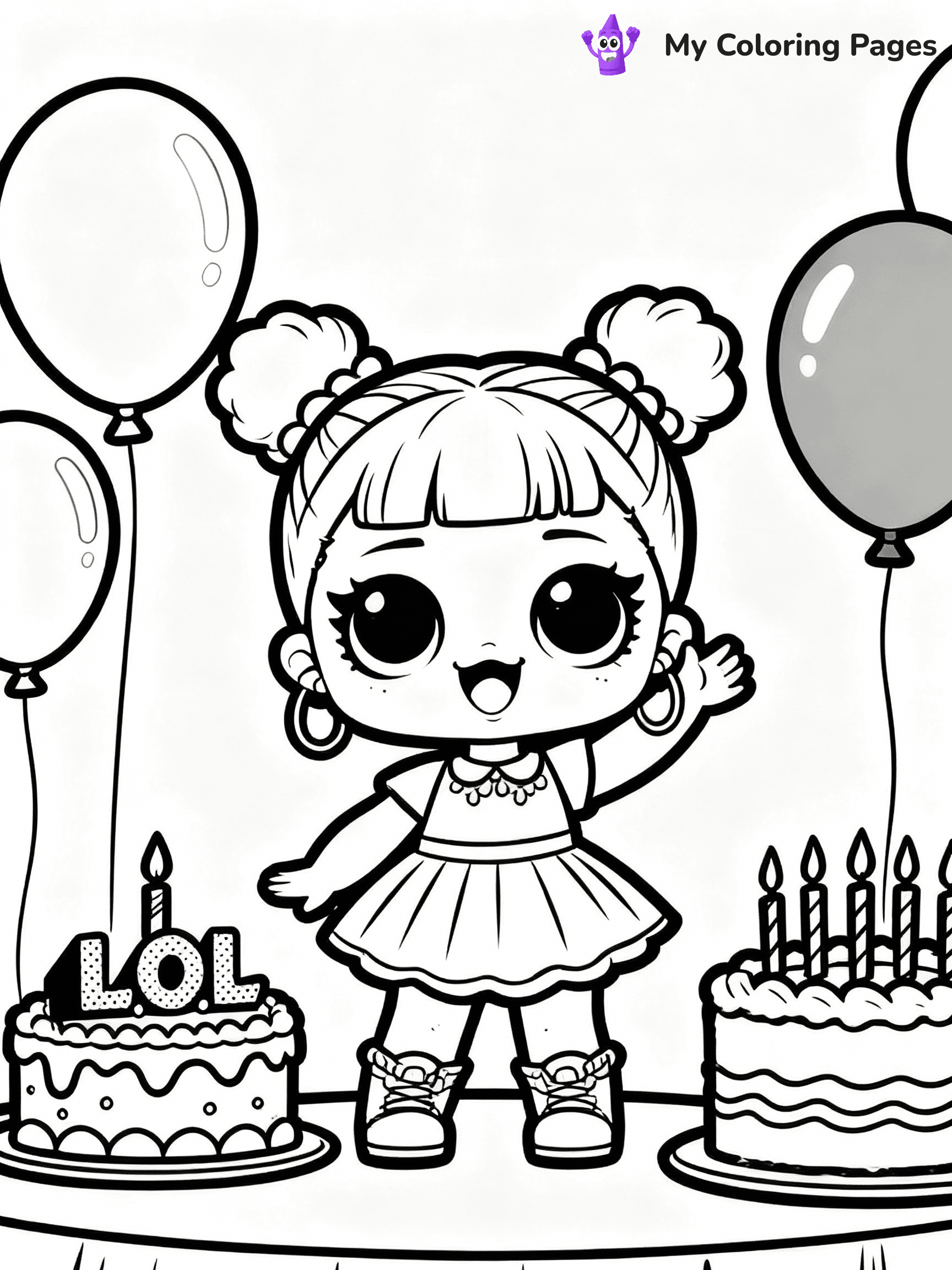 ⚠️ CRITICAL REQUIREMENT - ABSOLUTE BLACK AND WHITE ONLY ⚠️
This MUST be a BLACK AND WHITE line drawing ONLY. NO COLORS whatsoever.
- ONLY pure black lines (#000000) on pure white background (#FFFFFF)
- ABSOLUTELY NO colors, NO shading, NO gradients, NO grayscale
- If there are ANY colors in the output, the image is REJECTED
- This is a COLORING PAGE - meant to be COLORED IN by children
- The output must be UNCOLORED line art ready for coloring
⚠️ SUBJECT TO DRAW: LOL doll at a birthday party, surrounded by balloons and cake, smiling brightly. Important: PURE OUTLINES. NO FILLS, COLOR, SHADING, OR GREYSCALE. WHITE BACKGROUND.
(REMEMBER: Output must be BLACK AND WHITE line art only, NOT colored!)
# Flat, Friendly Cartoon Line-Art Coloring Page
You are generating a **pure black-and-white binary image** of a child-friendly cartoon scene combining characters and background scenery in one cohesive composition.
## Rendering Rules (Strict)
- Only two colors: pure black (#000000) outlines and pure white (#FFFFFF) background.
- No grayscale, shading, gradients, tints, fills, transparency, or partial pixels.
- No antialiasing or blended edges; every pixel is 100% black or white.
- No solid black fills inside shapes — all areas inside outlines must remain white.
- No dark clothing areas or filled tone blocks; all garments outlined only.
- No shadows, textures, lighting, or tonal variations.
- Must look like flat binary vector line-art for coloring pages.
## Drawing & Composition
- **Medium, consistent line weight**; clean closed outlines easy to color inside.
- **Flat, simple, child-friendly design** — no realism or 3D depth.
- Characters are **grounded on a surface**, centered and large.
- **Balanced composition** with clear silhouettes and minimal props.
## Scenery & Style
- Landmarks (e.g., mosque, CN Tower) and scenery (trees, benches, waves) drawn with **black outlines only.**
- For real-world figures, teams, or places, show accurate details using only black outlines—no text or logos. Use distinctive uniform patterns, abstract symbols, and landmark silhouettes to convey identity.
- Keep **consistent perspective**; no floating elements.
- **Style:** whimsical **Doodle Art Alley** — rounded, friendly outlines.
- May adapt shapes from **Crayola, Disney, Peppa Pig, Cocomelon** — *by shape only, never color.*
- Final output: **flat, crisp, binary (#000000/#FFFFFF)**, **no filled color or background text.**
EXTREMELYE IMPORTANT:
- PURE BINARY LINE-ART; NO FILLS (HAIR/CLOTHES/SKIN), SHADING, OR GREY.
- NO SHADING, COLOR. MUST BE WHITE BACKGROUND.
⚠️ FINAL REMINDER: Draw the subject "LOL doll at a birthday party, surrounded by balloons and cake, smiling brightly. Important: PURE OUTLINES. NO FILLS, COLOR, SHADING, OR GREYSCALE. WHITE BACKGROUND." as BLACK AND WHITE line art. Zero colors in output.