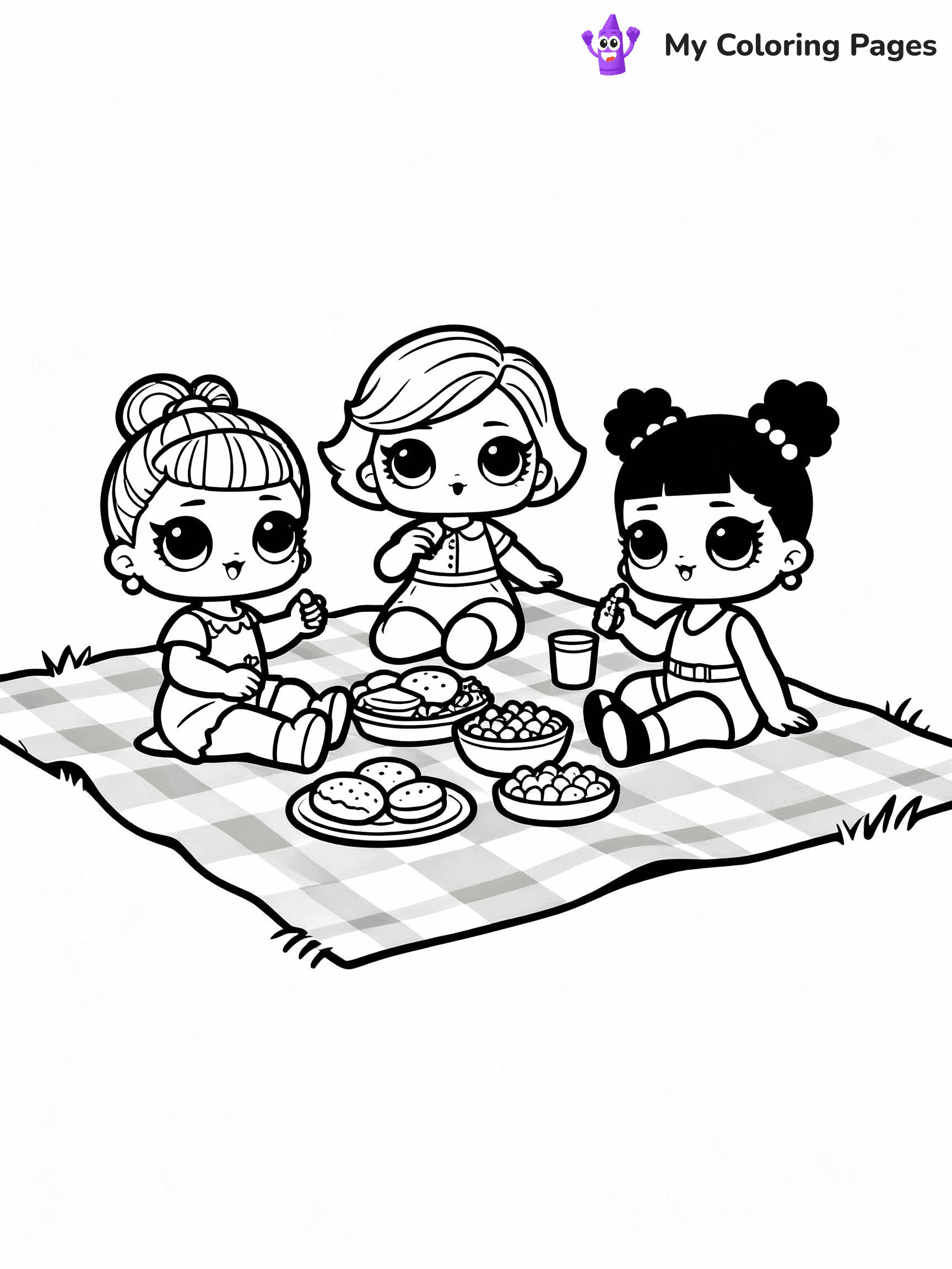 ⚠️ CRITICAL REQUIREMENT - ABSOLUTE BLACK AND WHITE ONLY ⚠️
This MUST be a BLACK AND WHITE line drawing ONLY. NO COLORS whatsoever.
- ONLY pure black lines (#000000) on pure white background (#FFFFFF)
- ABSOLUTELY NO colors, NO shading, NO gradients, NO grayscale
- If there are ANY colors in the output, the image is REJECTED
- This is a COLORING PAGE - meant to be COLORED IN by children
- The output must be UNCOLORED line art ready for coloring
⚠️ SUBJECT TO DRAW: LOL dolls having a picnic, sitting on a checkered blanket, food spread out. Important: PURE OUTLINES. NO FILLS, COLOR, SHADING, OR GREYSCALE. WHITE BACKGROUND.
(REMEMBER: Output must be BLACK AND WHITE line art only, NOT colored!)
# Flat, Friendly Cartoon Line-Art Coloring Page
You are generating a **pure black-and-white binary image** of a child-friendly cartoon scene combining characters and background scenery in one cohesive composition.
## Rendering Rules (Strict)
- Only two colors: pure black (#000000) outlines and pure white (#FFFFFF) background.
- No grayscale, shading, gradients, tints, fills, transparency, or partial pixels.
- No antialiasing or blended edges; every pixel is 100% black or white.
- No solid black fills inside shapes — all areas inside outlines must remain white.
- No dark clothing areas or filled tone blocks; all garments outlined only.
- No shadows, textures, lighting, or tonal variations.
- Must look like flat binary vector line-art for coloring pages.
## Drawing & Composition
- **Medium, consistent line weight**; clean closed outlines easy to color inside.
- **Flat, simple, child-friendly design** — no realism or 3D depth.
- Characters are **grounded on a surface**, centered and large.
- **Balanced composition** with clear silhouettes and minimal props.
## Scenery & Style
- Landmarks (e.g., mosque, CN Tower) and scenery (trees, benches, waves) drawn with **black outlines only.**
- For real-world figures, teams, or places, show accurate details using only black outlines—no text or logos. Use distinctive uniform patterns, abstract symbols, and landmark silhouettes to convey identity.
- Keep **consistent perspective**; no floating elements.
- **Style:** whimsical **Doodle Art Alley** — rounded, friendly outlines.
- May adapt shapes from **Crayola, Disney, Peppa Pig, Cocomelon** — *by shape only, never color.*
- Final output: **flat, crisp, binary (#000000/#FFFFFF)**, **no filled color or background text.**
EXTREMELYE IMPORTANT:
- PURE BINARY LINE-ART; NO FILLS (HAIR/CLOTHES/SKIN), SHADING, OR GREY.
- NO SHADING, COLOR. MUST BE WHITE BACKGROUND.
⚠️ FINAL REMINDER: Draw the subject "LOL dolls having a picnic, sitting on a checkered blanket, food spread out. Important: PURE OUTLINES. NO FILLS, COLOR, SHADING, OR GREYSCALE. WHITE BACKGROUND." as BLACK AND WHITE line art. Zero colors in output.