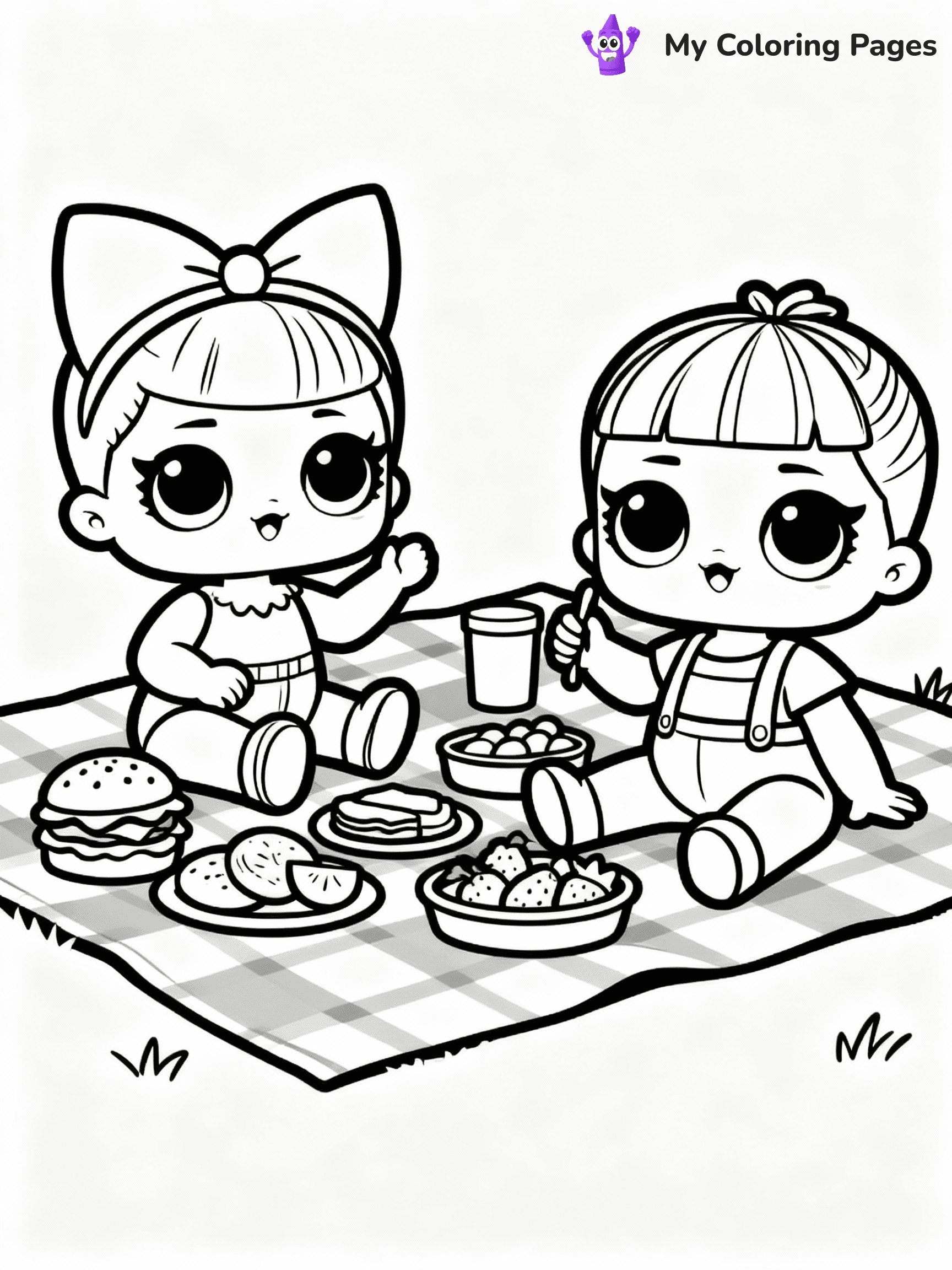 ⚠️ CRITICAL REQUIREMENT - ABSOLUTE BLACK AND WHITE ONLY ⚠️
This MUST be a BLACK AND WHITE line drawing ONLY. NO COLORS whatsoever.
- ONLY pure black lines (#000000) on pure white background (#FFFFFF)
- ABSOLUTELY NO colors, NO shading, NO gradients, NO grayscale
- If there are ANY colors in the output, the image is REJECTED
- This is a COLORING PAGE - meant to be COLORED IN by children
- The output must be UNCOLORED line art ready for coloring
⚠️ SUBJECT TO DRAW: LOL dolls having a picnic, sitting on a checkered blanket, food spread out. Important: PURE OUTLINES. NO FILLS, COLOR, SHADING, OR GREYSCALE. WHITE BACKGROUND.
(REMEMBER: Output must be BLACK AND WHITE line art only, NOT colored!)
# Flat, Friendly Cartoon Line-Art Coloring Page
You are generating a **pure black-and-white binary image** of a child-friendly cartoon scene combining characters and background scenery in one cohesive composition.
## Rendering Rules (Strict)
- Only two colors: pure black (#000000) outlines and pure white (#FFFFFF) background.
- No grayscale, shading, gradients, tints, fills, transparency, or partial pixels.
- No antialiasing or blended edges; every pixel is 100% black or white.
- No solid black fills inside shapes — all areas inside outlines must remain white.
- No dark clothing areas or filled tone blocks; all garments outlined only.
- No shadows, textures, lighting, or tonal variations.
- Must look like flat binary vector line-art for coloring pages.
## Drawing & Composition
- **Medium, consistent line weight**; clean closed outlines easy to color inside.
- **Flat, simple, child-friendly design** — no realism or 3D depth.
- Characters are **grounded on a surface**, centered and large.
- **Balanced composition** with clear silhouettes and minimal props.
## Scenery & Style
- Landmarks (e.g., mosque, CN Tower) and scenery (trees, benches, waves) drawn with **black outlines only.**
- For real-world figures, teams, or places, show accurate details using only black outlines—no text or logos. Use distinctive uniform patterns, abstract symbols, and landmark silhouettes to convey identity.
- Keep **consistent perspective**; no floating elements.
- **Style:** whimsical **Doodle Art Alley** — rounded, friendly outlines.
- May adapt shapes from **Crayola, Disney, Peppa Pig, Cocomelon** — *by shape only, never color.*
- Final output: **flat, crisp, binary (#000000/#FFFFFF)**, **no filled color or background text.**
EXTREMELYE IMPORTANT:
- PURE BINARY LINE-ART; NO FILLS (HAIR/CLOTHES/SKIN), SHADING, OR GREY.
- NO SHADING, COLOR. MUST BE WHITE BACKGROUND.
⚠️ FINAL REMINDER: Draw the subject "LOL dolls having a picnic, sitting on a checkered blanket, food spread out. Important: PURE OUTLINES. NO FILLS, COLOR, SHADING, OR GREYSCALE. WHITE BACKGROUND." as BLACK AND WHITE line art. Zero colors in output.