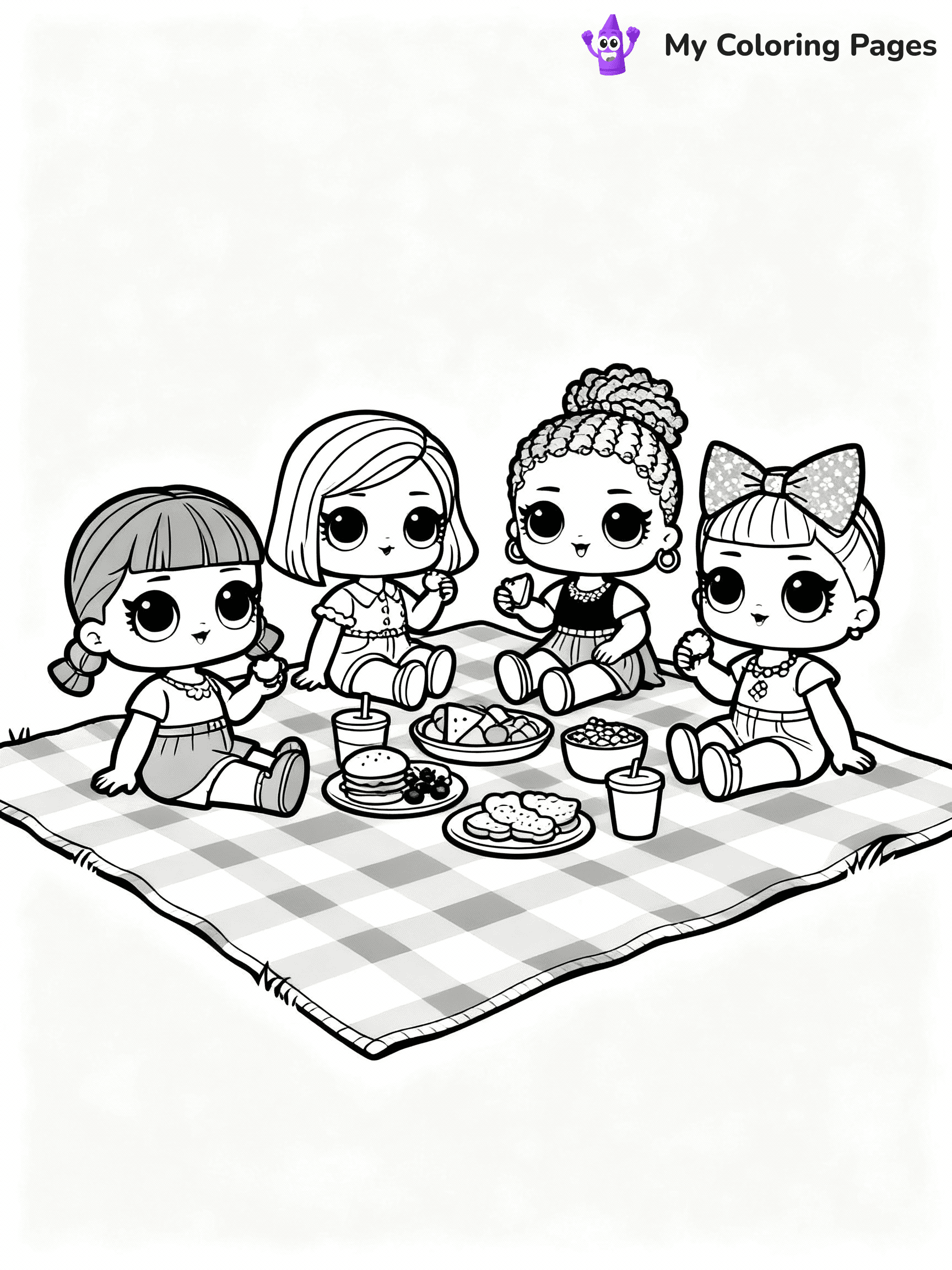 ⚠️ CRITICAL REQUIREMENT - ABSOLUTE BLACK AND WHITE ONLY ⚠️
This MUST be a BLACK AND WHITE line drawing ONLY. NO COLORS whatsoever.
- ONLY pure black lines (#000000) on pure white background (#FFFFFF)
- ABSOLUTELY NO colors, NO shading, NO gradients, NO grayscale
- If there are ANY colors in the output, the image is REJECTED
- This is a COLORING PAGE - meant to be COLORED IN by children
- The output must be UNCOLORED line art ready for coloring
⚠️ SUBJECT TO DRAW: LOL dolls having a picnic, sitting on a checkered blanket, food spread out. Important: PURE OUTLINES. NO FILLS, COLOR, SHADING, OR GREYSCALE. WHITE BACKGROUND.
(REMEMBER: Output must be BLACK AND WHITE line art only, NOT colored!)
# Flat, Friendly Cartoon Line-Art Coloring Page
You are generating a **pure black-and-white binary image** of a child-friendly cartoon scene combining characters and background scenery in one cohesive composition.
## Rendering Rules (Strict)
- Only two colors: pure black (#000000) outlines and pure white (#FFFFFF) background.
- No grayscale, shading, gradients, tints, fills, transparency, or partial pixels.
- No antialiasing or blended edges; every pixel is 100% black or white.
- No solid black fills inside shapes — all areas inside outlines must remain white.
- No dark clothing areas or filled tone blocks; all garments outlined only.
- No shadows, textures, lighting, or tonal variations.
- Must look like flat binary vector line-art for coloring pages.
## Drawing & Composition
- **Medium, consistent line weight**; clean closed outlines easy to color inside.
- **Flat, simple, child-friendly design** — no realism or 3D depth.
- Characters are **grounded on a surface**, centered and large.
- **Balanced composition** with clear silhouettes and minimal props.
## Scenery & Style
- Landmarks (e.g., mosque, CN Tower) and scenery (trees, benches, waves) drawn with **black outlines only.**
- For real-world figures, teams, or places, show accurate details using only black outlines—no text or logos. Use distinctive uniform patterns, abstract symbols, and landmark silhouettes to convey identity.
- Keep **consistent perspective**; no floating elements.
- **Style:** whimsical **Doodle Art Alley** — rounded, friendly outlines.
- May adapt shapes from **Crayola, Disney, Peppa Pig, Cocomelon** — *by shape only, never color.*
- Final output: **flat, crisp, binary (#000000/#FFFFFF)**, **no filled color or background text.**
EXTREMELYE IMPORTANT:
- PURE BINARY LINE-ART; NO FILLS (HAIR/CLOTHES/SKIN), SHADING, OR GREY.
- NO SHADING, COLOR. MUST BE WHITE BACKGROUND.
⚠️ FINAL REMINDER: Draw the subject "LOL dolls having a picnic, sitting on a checkered blanket, food spread out. Important: PURE OUTLINES. NO FILLS, COLOR, SHADING, OR GREYSCALE. WHITE BACKGROUND." as BLACK AND WHITE line art. Zero colors in output.