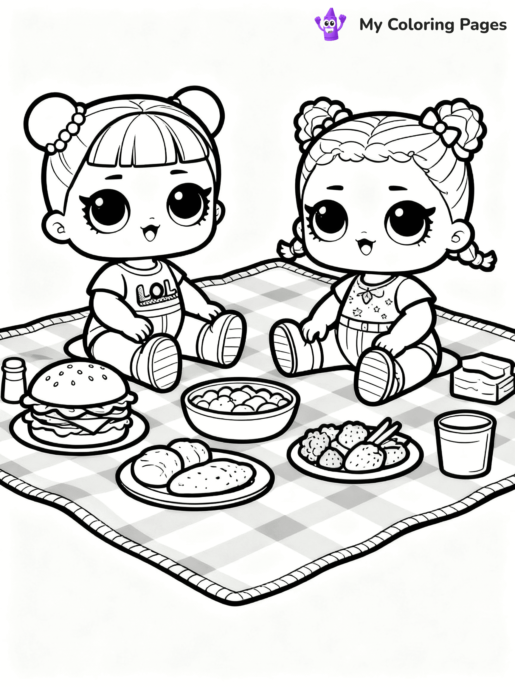 ⚠️ CRITICAL REQUIREMENT - ABSOLUTE BLACK AND WHITE ONLY ⚠️
This MUST be a BLACK AND WHITE line drawing ONLY. NO COLORS whatsoever.
- ONLY pure black lines (#000000) on pure white background (#FFFFFF)
- ABSOLUTELY NO colors, NO shading, NO gradients, NO grayscale
- If there are ANY colors in the output, the image is REJECTED
- This is a COLORING PAGE - meant to be COLORED IN by children
- The output must be UNCOLORED line art ready for coloring
⚠️ SUBJECT TO DRAW: LOL dolls having a picnic, sitting on a checkered blanket, food spread out. Important: PURE OUTLINES. NO FILLS, COLOR, SHADING, OR GREYSCALE. WHITE BACKGROUND.
(REMEMBER: Output must be BLACK AND WHITE line art only, NOT colored!)
# Flat, Friendly Cartoon Line-Art Coloring Page
You are generating a **pure black-and-white binary image** of a child-friendly cartoon scene combining characters and background scenery in one cohesive composition.
## Rendering Rules (Strict)
- Only two colors: pure black (#000000) outlines and pure white (#FFFFFF) background.
- No grayscale, shading, gradients, tints, fills, transparency, or partial pixels.
- No antialiasing or blended edges; every pixel is 100% black or white.
- No solid black fills inside shapes — all areas inside outlines must remain white.
- No dark clothing areas or filled tone blocks; all garments outlined only.
- No shadows, textures, lighting, or tonal variations.
- Must look like flat binary vector line-art for coloring pages.
## Drawing & Composition
- **Medium, consistent line weight**; clean closed outlines easy to color inside.
- **Flat, simple, child-friendly design** — no realism or 3D depth.
- Characters are **grounded on a surface**, centered and large.
- **Balanced composition** with clear silhouettes and minimal props.
## Scenery & Style
- Landmarks (e.g., mosque, CN Tower) and scenery (trees, benches, waves) drawn with **black outlines only.**
- For real-world figures, teams, or places, show accurate details using only black outlines—no text or logos. Use distinctive uniform patterns, abstract symbols, and landmark silhouettes to convey identity.
- Keep **consistent perspective**; no floating elements.
- **Style:** whimsical **Doodle Art Alley** — rounded, friendly outlines.
- May adapt shapes from **Crayola, Disney, Peppa Pig, Cocomelon** — *by shape only, never color.*
- Final output: **flat, crisp, binary (#000000/#FFFFFF)**, **no filled color or background text.**
EXTREMELYE IMPORTANT:
- PURE BINARY LINE-ART; NO FILLS (HAIR/CLOTHES/SKIN), SHADING, OR GREY.
- NO SHADING, COLOR. MUST BE WHITE BACKGROUND.
⚠️ FINAL REMINDER: Draw the subject "LOL dolls having a picnic, sitting on a checkered blanket, food spread out. Important: PURE OUTLINES. NO FILLS, COLOR, SHADING, OR GREYSCALE. WHITE BACKGROUND." as BLACK AND WHITE line art. Zero colors in output.