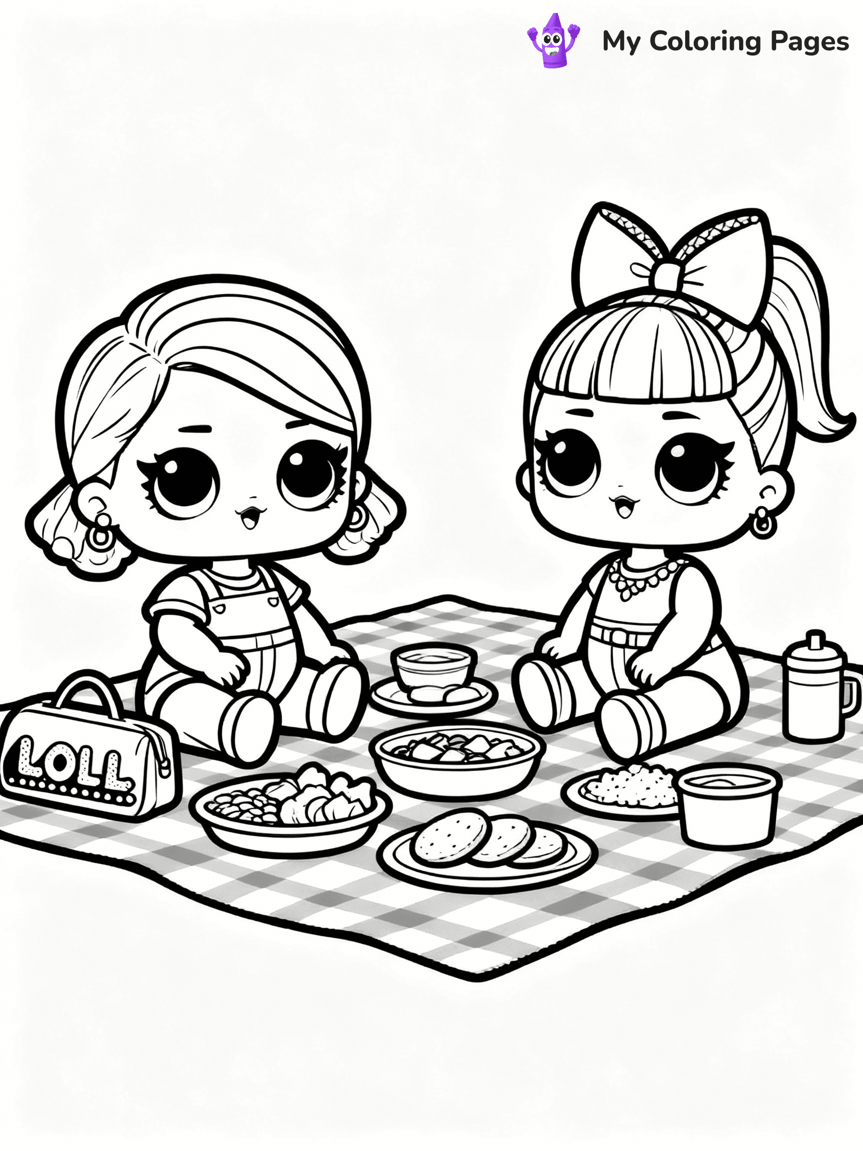 ⚠️ CRITICAL REQUIREMENT - ABSOLUTE BLACK AND WHITE ONLY ⚠️
This MUST be a BLACK AND WHITE line drawing ONLY. NO COLORS whatsoever.
- ONLY pure black lines (#000000) on pure white background (#FFFFFF)
- ABSOLUTELY NO colors, NO shading, NO gradients, NO grayscale
- If there are ANY colors in the output, the image is REJECTED
- This is a COLORING PAGE - meant to be COLORED IN by children
- The output must be UNCOLORED line art ready for coloring
⚠️ SUBJECT TO DRAW: LOL dolls having a picnic, sitting on a checkered blanket, food spread out. Important: PURE OUTLINES. NO FILLS, COLOR, SHADING, OR GREYSCALE. WHITE BACKGROUND.
(REMEMBER: Output must be BLACK AND WHITE line art only, NOT colored!)
# Flat, Friendly Cartoon Line-Art Coloring Page
You are generating a **pure black-and-white binary image** of a child-friendly cartoon scene combining characters and background scenery in one cohesive composition.
## Rendering Rules (Strict)
- Only two colors: pure black (#000000) outlines and pure white (#FFFFFF) background.
- No grayscale, shading, gradients, tints, fills, transparency, or partial pixels.
- No antialiasing or blended edges; every pixel is 100% black or white.
- No solid black fills inside shapes — all areas inside outlines must remain white.
- No dark clothing areas or filled tone blocks; all garments outlined only.
- No shadows, textures, lighting, or tonal variations.
- Must look like flat binary vector line-art for coloring pages.
## Drawing & Composition
- **Medium, consistent line weight**; clean closed outlines easy to color inside.
- **Flat, simple, child-friendly design** — no realism or 3D depth.
- Characters are **grounded on a surface**, centered and large.
- **Balanced composition** with clear silhouettes and minimal props.
## Scenery & Style
- Landmarks (e.g., mosque, CN Tower) and scenery (trees, benches, waves) drawn with **black outlines only.**
- For real-world figures, teams, or places, show accurate details using only black outlines—no text or logos. Use distinctive uniform patterns, abstract symbols, and landmark silhouettes to convey identity.
- Keep **consistent perspective**; no floating elements.
- **Style:** whimsical **Doodle Art Alley** — rounded, friendly outlines.
- May adapt shapes from **Crayola, Disney, Peppa Pig, Cocomelon** — *by shape only, never color.*
- Final output: **flat, crisp, binary (#000000/#FFFFFF)**, **no filled color or background text.**
EXTREMELYE IMPORTANT:
- PURE BINARY LINE-ART; NO FILLS (HAIR/CLOTHES/SKIN), SHADING, OR GREY.
- NO SHADING, COLOR. MUST BE WHITE BACKGROUND.
⚠️ FINAL REMINDER: Draw the subject "LOL dolls having a picnic, sitting on a checkered blanket, food spread out. Important: PURE OUTLINES. NO FILLS, COLOR, SHADING, OR GREYSCALE. WHITE BACKGROUND." as BLACK AND WHITE line art. Zero colors in output.