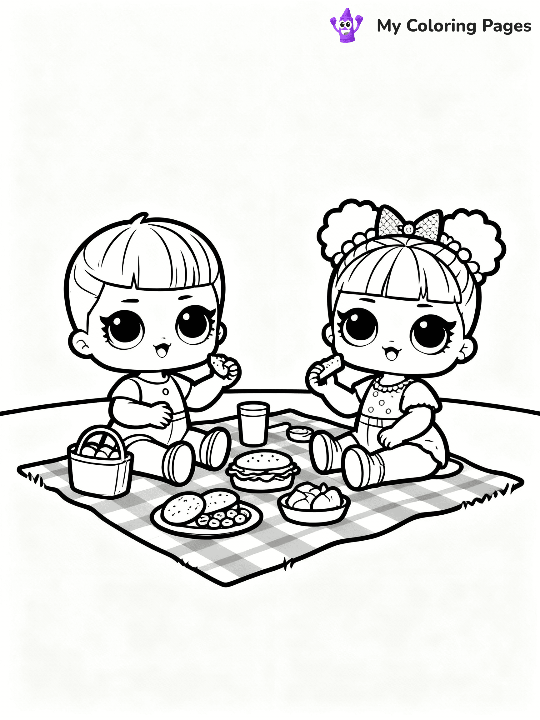 ⚠️ CRITICAL REQUIREMENT - ABSOLUTE BLACK AND WHITE ONLY ⚠️
This MUST be a BLACK AND WHITE line drawing ONLY. NO COLORS whatsoever.
- ONLY pure black lines (#000000) on pure white background (#FFFFFF)
- ABSOLUTELY NO colors, NO shading, NO gradients, NO grayscale
- If there are ANY colors in the output, the image is REJECTED
- This is a COLORING PAGE - meant to be COLORED IN by children
- The output must be UNCOLORED line art ready for coloring
⚠️ SUBJECT TO DRAW: LOL dolls having a picnic, sitting on a checkered blanket, food spread out. Important: PURE OUTLINES. NO FILLS, COLOR, SHADING, OR GREYSCALE. WHITE BACKGROUND.
(REMEMBER: Output must be BLACK AND WHITE line art only, NOT colored!)
# Flat, Friendly Cartoon Line-Art Coloring Page
You are generating a **pure black-and-white binary image** of a child-friendly cartoon scene combining characters and background scenery in one cohesive composition.
## Rendering Rules (Strict)
- Only two colors: pure black (#000000) outlines and pure white (#FFFFFF) background.
- No grayscale, shading, gradients, tints, fills, transparency, or partial pixels.
- No antialiasing or blended edges; every pixel is 100% black or white.
- No solid black fills inside shapes — all areas inside outlines must remain white.
- No dark clothing areas or filled tone blocks; all garments outlined only.
- No shadows, textures, lighting, or tonal variations.
- Must look like flat binary vector line-art for coloring pages.
## Drawing & Composition
- **Medium, consistent line weight**; clean closed outlines easy to color inside.
- **Flat, simple, child-friendly design** — no realism or 3D depth.
- Characters are **grounded on a surface**, centered and large.
- **Balanced composition** with clear silhouettes and minimal props.
## Scenery & Style
- Landmarks (e.g., mosque, CN Tower) and scenery (trees, benches, waves) drawn with **black outlines only.**
- For real-world figures, teams, or places, show accurate details using only black outlines—no text or logos. Use distinctive uniform patterns, abstract symbols, and landmark silhouettes to convey identity.
- Keep **consistent perspective**; no floating elements.
- **Style:** whimsical **Doodle Art Alley** — rounded, friendly outlines.
- May adapt shapes from **Crayola, Disney, Peppa Pig, Cocomelon** — *by shape only, never color.*
- Final output: **flat, crisp, binary (#000000/#FFFFFF)**, **no filled color or background text.**
EXTREMELYE IMPORTANT:
- PURE BINARY LINE-ART; NO FILLS (HAIR/CLOTHES/SKIN), SHADING, OR GREY.
- NO SHADING, COLOR. MUST BE WHITE BACKGROUND.
⚠️ FINAL REMINDER: Draw the subject "LOL dolls having a picnic, sitting on a checkered blanket, food spread out. Important: PURE OUTLINES. NO FILLS, COLOR, SHADING, OR GREYSCALE. WHITE BACKGROUND." as BLACK AND WHITE line art. Zero colors in output.