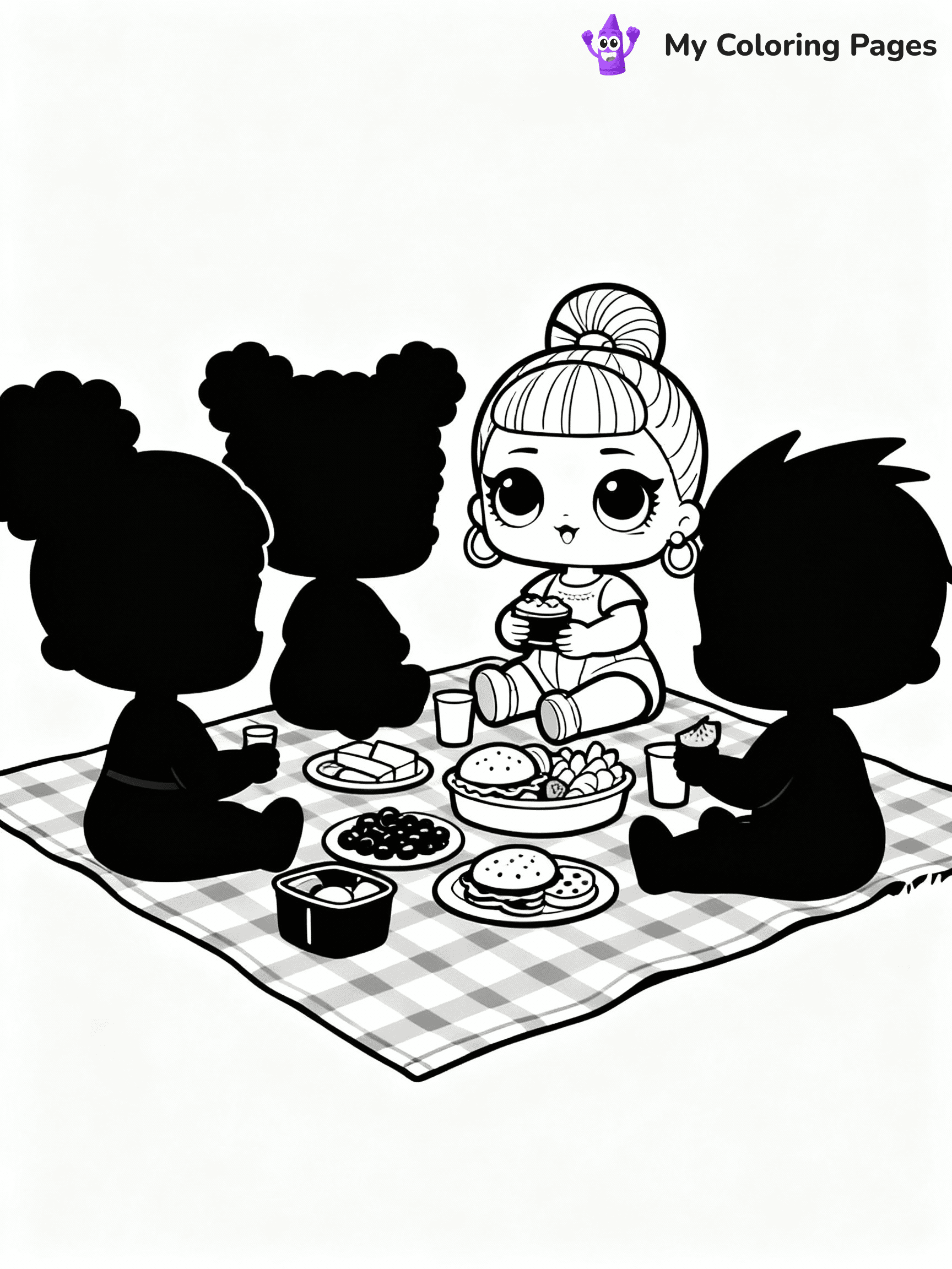 ⚠️ CRITICAL REQUIREMENT - ABSOLUTE BLACK AND WHITE ONLY ⚠️
This MUST be a BLACK AND WHITE line drawing ONLY. NO COLORS whatsoever.
- ONLY pure black lines (#000000) on pure white background (#FFFFFF)
- ABSOLUTELY NO colors, NO shading, NO gradients, NO grayscale
- If there are ANY colors in the output, the image is REJECTED
- This is a COLORING PAGE - meant to be COLORED IN by children
- The output must be UNCOLORED line art ready for coloring
⚠️ SUBJECT TO DRAW: LOL dolls having a picnic, sitting on a checkered blanket, food spread out. Important: PURE OUTLINES. NO FILLS, COLOR, SHADING, OR GREYSCALE. WHITE BACKGROUND.
(REMEMBER: Output must be BLACK AND WHITE line art only, NOT colored!)
# Flat, Friendly Cartoon Line-Art Coloring Page
You are generating a **pure black-and-white binary image** of a child-friendly cartoon scene combining characters and background scenery in one cohesive composition.
## Rendering Rules (Strict)
- Only two colors: pure black (#000000) outlines and pure white (#FFFFFF) background.
- No grayscale, shading, gradients, tints, fills, transparency, or partial pixels.
- No antialiasing or blended edges; every pixel is 100% black or white.
- No solid black fills inside shapes — all areas inside outlines must remain white.
- No dark clothing areas or filled tone blocks; all garments outlined only.
- No shadows, textures, lighting, or tonal variations.
- Must look like flat binary vector line-art for coloring pages.
## Drawing & Composition
- **Medium, consistent line weight**; clean closed outlines easy to color inside.
- **Flat, simple, child-friendly design** — no realism or 3D depth.
- Characters are **grounded on a surface**, centered and large.
- **Balanced composition** with clear silhouettes and minimal props.
## Scenery & Style
- Landmarks (e.g., mosque, CN Tower) and scenery (trees, benches, waves) drawn with **black outlines only.**
- For real-world figures, teams, or places, show accurate details using only black outlines—no text or logos. Use distinctive uniform patterns, abstract symbols, and landmark silhouettes to convey identity.
- Keep **consistent perspective**; no floating elements.
- **Style:** whimsical **Doodle Art Alley** — rounded, friendly outlines.
- May adapt shapes from **Crayola, Disney, Peppa Pig, Cocomelon** — *by shape only, never color.*
- Final output: **flat, crisp, binary (#000000/#FFFFFF)**, **no filled color or background text.**
EXTREMELYE IMPORTANT:
- PURE BINARY LINE-ART; NO FILLS (HAIR/CLOTHES/SKIN), SHADING, OR GREY.
- NO SHADING, COLOR. MUST BE WHITE BACKGROUND.
⚠️ FINAL REMINDER: Draw the subject "LOL dolls having a picnic, sitting on a checkered blanket, food spread out. Important: PURE OUTLINES. NO FILLS, COLOR, SHADING, OR GREYSCALE. WHITE BACKGROUND." as BLACK AND WHITE line art. Zero colors in output.