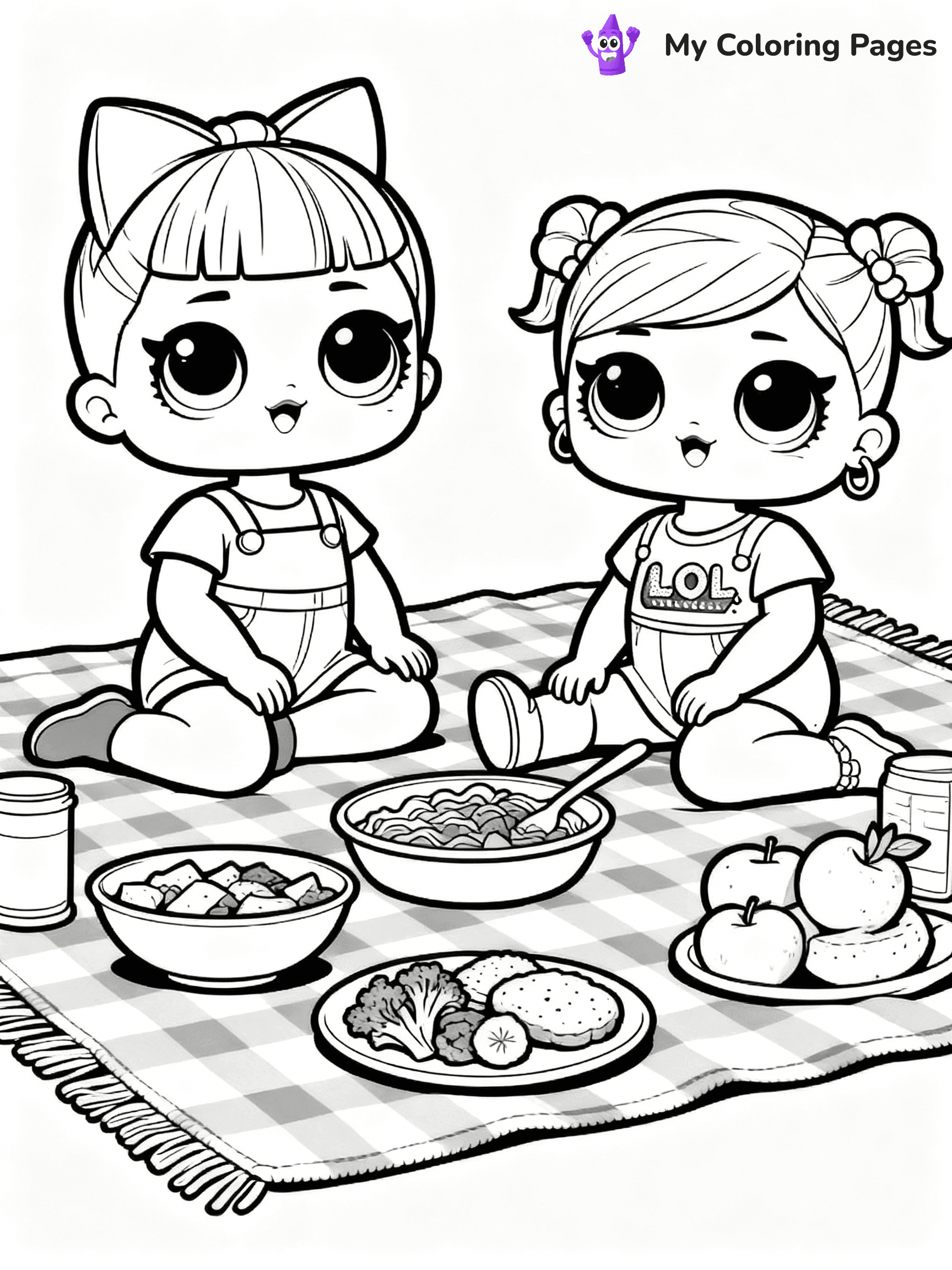 ⚠️ CRITICAL REQUIREMENT - ABSOLUTE BLACK AND WHITE ONLY ⚠️
This MUST be a BLACK AND WHITE line drawing ONLY. NO COLORS whatsoever.
- ONLY pure black lines (#000000) on pure white background (#FFFFFF)
- ABSOLUTELY NO colors, NO shading, NO gradients, NO grayscale
- If there are ANY colors in the output, the image is REJECTED
- This is a COLORING PAGE - meant to be COLORED IN by children
- The output must be UNCOLORED line art ready for coloring
⚠️ SUBJECT TO DRAW: LOL dolls having a picnic, sitting on a checkered blanket, food spread out. Important: PURE OUTLINES. NO FILLS, COLOR, SHADING, OR GREYSCALE. WHITE BACKGROUND.
(REMEMBER: Output must be BLACK AND WHITE line art only, NOT colored!)
# Flat, Friendly Cartoon Line-Art Coloring Page
You are generating a **pure black-and-white binary image** of a child-friendly cartoon scene combining characters and background scenery in one cohesive composition.
## Rendering Rules (Strict)
- Only two colors: pure black (#000000) outlines and pure white (#FFFFFF) background.
- No grayscale, shading, gradients, tints, fills, transparency, or partial pixels.
- No antialiasing or blended edges; every pixel is 100% black or white.
- No solid black fills inside shapes — all areas inside outlines must remain white.
- No dark clothing areas or filled tone blocks; all garments outlined only.
- No shadows, textures, lighting, or tonal variations.
- Must look like flat binary vector line-art for coloring pages.
## Drawing & Composition
- **Medium, consistent line weight**; clean closed outlines easy to color inside.
- **Flat, simple, child-friendly design** — no realism or 3D depth.
- Characters are **grounded on a surface**, centered and large.
- **Balanced composition** with clear silhouettes and minimal props.
## Scenery & Style
- Landmarks (e.g., mosque, CN Tower) and scenery (trees, benches, waves) drawn with **black outlines only.**
- For real-world figures, teams, or places, show accurate details using only black outlines—no text or logos. Use distinctive uniform patterns, abstract symbols, and landmark silhouettes to convey identity.
- Keep **consistent perspective**; no floating elements.
- **Style:** whimsical **Doodle Art Alley** — rounded, friendly outlines.
- May adapt shapes from **Crayola, Disney, Peppa Pig, Cocomelon** — *by shape only, never color.*
- Final output: **flat, crisp, binary (#000000/#FFFFFF)**, **no filled color or background text.**
EXTREMELYE IMPORTANT:
- PURE BINARY LINE-ART; NO FILLS (HAIR/CLOTHES/SKIN), SHADING, OR GREY.
- NO SHADING, COLOR. MUST BE WHITE BACKGROUND.
⚠️ FINAL REMINDER: Draw the subject "LOL dolls having a picnic, sitting on a checkered blanket, food spread out. Important: PURE OUTLINES. NO FILLS, COLOR, SHADING, OR GREYSCALE. WHITE BACKGROUND." as BLACK AND WHITE line art. Zero colors in output.