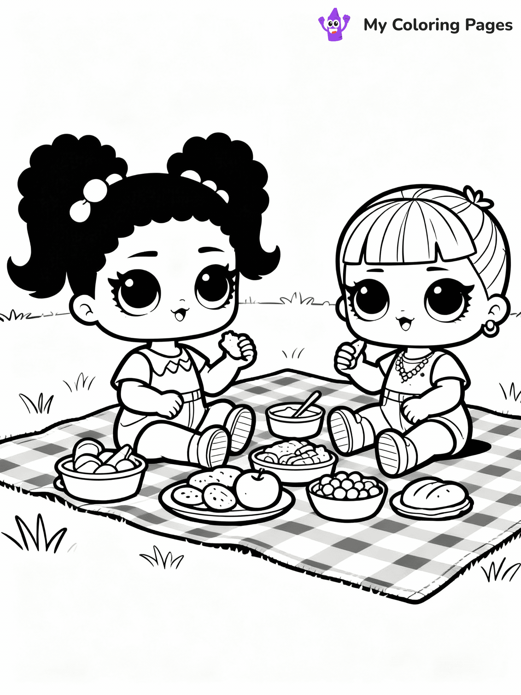 ⚠️ CRITICAL REQUIREMENT - ABSOLUTE BLACK AND WHITE ONLY ⚠️
This MUST be a BLACK AND WHITE line drawing ONLY. NO COLORS whatsoever.
- ONLY pure black lines (#000000) on pure white background (#FFFFFF)
- ABSOLUTELY NO colors, NO shading, NO gradients, NO grayscale
- If there are ANY colors in the output, the image is REJECTED
- This is a COLORING PAGE - meant to be COLORED IN by children
- The output must be UNCOLORED line art ready for coloring
⚠️ SUBJECT TO DRAW: LOL dolls having a picnic, sitting on a checkered blanket, food spread out. Important: PURE OUTLINES. NO FILLS, COLOR, SHADING, OR GREYSCALE. WHITE BACKGROUND.
(REMEMBER: Output must be BLACK AND WHITE line art only, NOT colored!)
# Flat, Friendly Cartoon Line-Art Coloring Page
You are generating a **pure black-and-white binary image** of a child-friendly cartoon scene combining characters and background scenery in one cohesive composition.
## Rendering Rules (Strict)
- Only two colors: pure black (#000000) outlines and pure white (#FFFFFF) background.
- No grayscale, shading, gradients, tints, fills, transparency, or partial pixels.
- No antialiasing or blended edges; every pixel is 100% black or white.
- No solid black fills inside shapes — all areas inside outlines must remain white.
- No dark clothing areas or filled tone blocks; all garments outlined only.
- No shadows, textures, lighting, or tonal variations.
- Must look like flat binary vector line-art for coloring pages.
## Drawing & Composition
- **Medium, consistent line weight**; clean closed outlines easy to color inside.
- **Flat, simple, child-friendly design** — no realism or 3D depth.
- Characters are **grounded on a surface**, centered and large.
- **Balanced composition** with clear silhouettes and minimal props.
## Scenery & Style
- Landmarks (e.g., mosque, CN Tower) and scenery (trees, benches, waves) drawn with **black outlines only.**
- For real-world figures, teams, or places, show accurate details using only black outlines—no text or logos. Use distinctive uniform patterns, abstract symbols, and landmark silhouettes to convey identity.
- Keep **consistent perspective**; no floating elements.
- **Style:** whimsical **Doodle Art Alley** — rounded, friendly outlines.
- May adapt shapes from **Crayola, Disney, Peppa Pig, Cocomelon** — *by shape only, never color.*
- Final output: **flat, crisp, binary (#000000/#FFFFFF)**, **no filled color or background text.**
EXTREMELYE IMPORTANT:
- PURE BINARY LINE-ART; NO FILLS (HAIR/CLOTHES/SKIN), SHADING, OR GREY.
- NO SHADING, COLOR. MUST BE WHITE BACKGROUND.
⚠️ FINAL REMINDER: Draw the subject "LOL dolls having a picnic, sitting on a checkered blanket, food spread out. Important: PURE OUTLINES. NO FILLS, COLOR, SHADING, OR GREYSCALE. WHITE BACKGROUND." as BLACK AND WHITE line art. Zero colors in output.