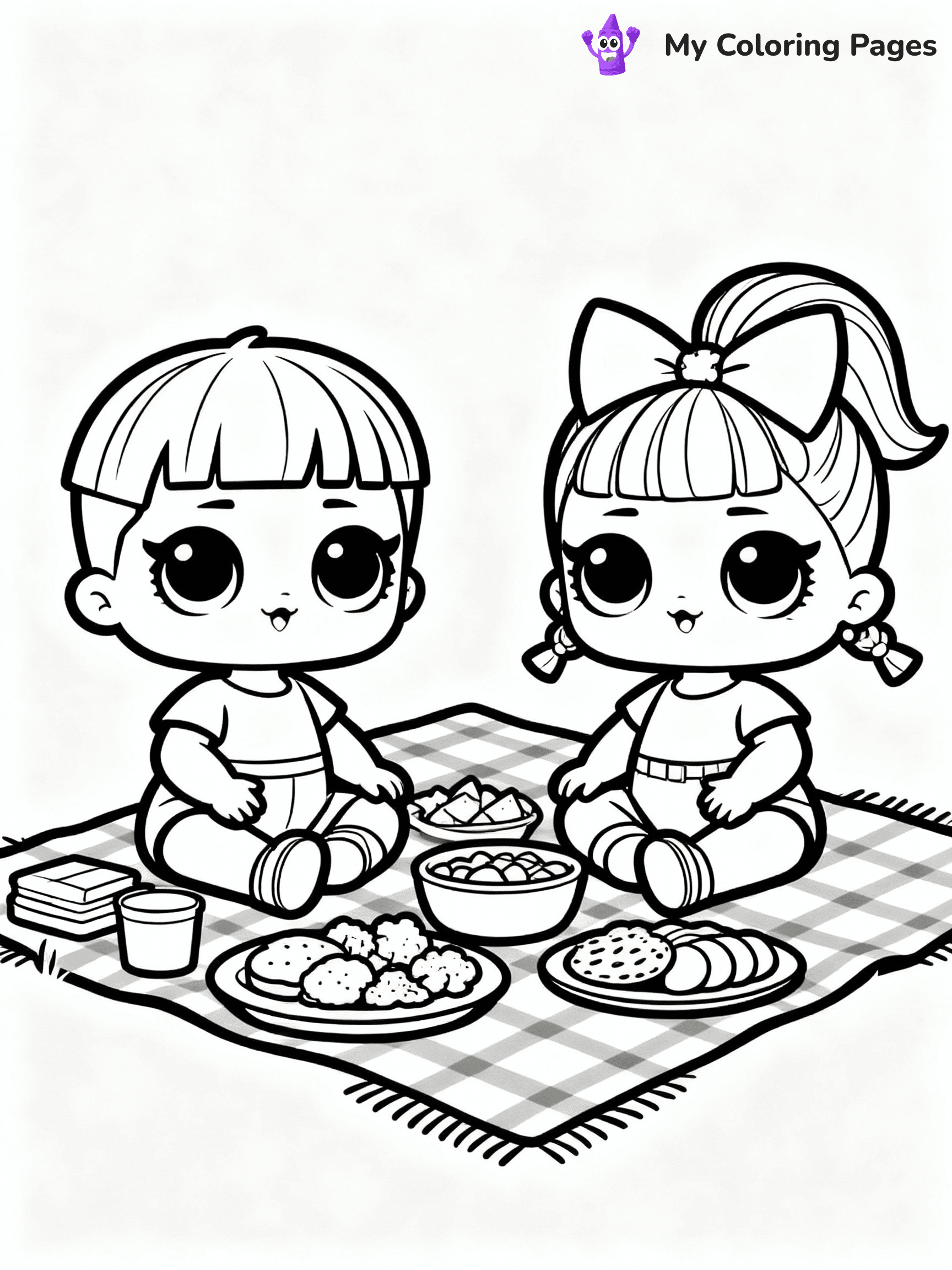 ⚠️ CRITICAL REQUIREMENT - ABSOLUTE BLACK AND WHITE ONLY ⚠️
This MUST be a BLACK AND WHITE line drawing ONLY. NO COLORS whatsoever.
- ONLY pure black lines (#000000) on pure white background (#FFFFFF)
- ABSOLUTELY NO colors, NO shading, NO gradients, NO grayscale
- If there are ANY colors in the output, the image is REJECTED
- This is a COLORING PAGE - meant to be COLORED IN by children
- The output must be UNCOLORED line art ready for coloring
⚠️ SUBJECT TO DRAW: LOL dolls having a picnic, sitting on a checkered blanket, food spread out. Important: PURE OUTLINES. NO FILLS, COLOR, SHADING, OR GREYSCALE. WHITE BACKGROUND.
(REMEMBER: Output must be BLACK AND WHITE line art only, NOT colored!)
# Flat, Friendly Cartoon Line-Art Coloring Page
You are generating a **pure black-and-white binary image** of a child-friendly cartoon scene combining characters and background scenery in one cohesive composition.
## Rendering Rules (Strict)
- Only two colors: pure black (#000000) outlines and pure white (#FFFFFF) background.
- No grayscale, shading, gradients, tints, fills, transparency, or partial pixels.
- No antialiasing or blended edges; every pixel is 100% black or white.
- No solid black fills inside shapes — all areas inside outlines must remain white.
- No dark clothing areas or filled tone blocks; all garments outlined only.
- No shadows, textures, lighting, or tonal variations.
- Must look like flat binary vector line-art for coloring pages.
## Drawing & Composition
- **Medium, consistent line weight**; clean closed outlines easy to color inside.
- **Flat, simple, child-friendly design** — no realism or 3D depth.
- Characters are **grounded on a surface**, centered and large.
- **Balanced composition** with clear silhouettes and minimal props.
## Scenery & Style
- Landmarks (e.g., mosque, CN Tower) and scenery (trees, benches, waves) drawn with **black outlines only.**
- For real-world figures, teams, or places, show accurate details using only black outlines—no text or logos. Use distinctive uniform patterns, abstract symbols, and landmark silhouettes to convey identity.
- Keep **consistent perspective**; no floating elements.
- **Style:** whimsical **Doodle Art Alley** — rounded, friendly outlines.
- May adapt shapes from **Crayola, Disney, Peppa Pig, Cocomelon** — *by shape only, never color.*
- Final output: **flat, crisp, binary (#000000/#FFFFFF)**, **no filled color or background text.**
EXTREMELYE IMPORTANT:
- PURE BINARY LINE-ART; NO FILLS (HAIR/CLOTHES/SKIN), SHADING, OR GREY.
- NO SHADING, COLOR. MUST BE WHITE BACKGROUND.
⚠️ FINAL REMINDER: Draw the subject "LOL dolls having a picnic, sitting on a checkered blanket, food spread out. Important: PURE OUTLINES. NO FILLS, COLOR, SHADING, OR GREYSCALE. WHITE BACKGROUND." as BLACK AND WHITE line art. Zero colors in output.