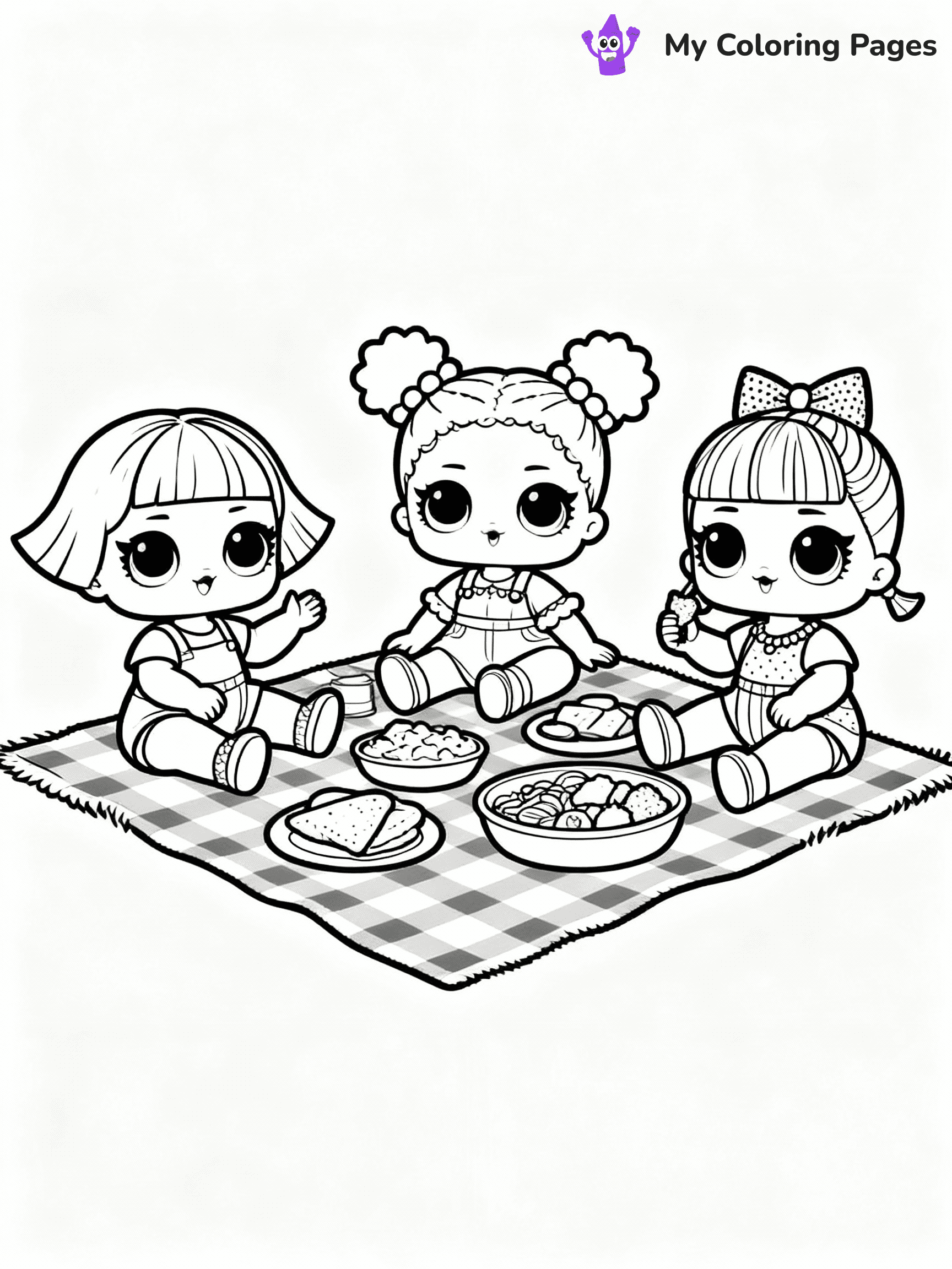 ⚠️ CRITICAL REQUIREMENT - ABSOLUTE BLACK AND WHITE ONLY ⚠️
This MUST be a BLACK AND WHITE line drawing ONLY. NO COLORS whatsoever.
- ONLY pure black lines (#000000) on pure white background (#FFFFFF)
- ABSOLUTELY NO colors, NO shading, NO gradients, NO grayscale
- If there are ANY colors in the output, the image is REJECTED
- This is a COLORING PAGE - meant to be COLORED IN by children
- The output must be UNCOLORED line art ready for coloring
⚠️ SUBJECT TO DRAW: LOL dolls having a picnic, sitting on a checkered blanket, food spread out. Important: PURE OUTLINES. NO FILLS, COLOR, SHADING, OR GREYSCALE. WHITE BACKGROUND.
(REMEMBER: Output must be BLACK AND WHITE line art only, NOT colored!)
# Flat, Friendly Cartoon Line-Art Coloring Page
You are generating a **pure black-and-white binary image** of a child-friendly cartoon scene combining characters and background scenery in one cohesive composition.
## Rendering Rules (Strict)
- Only two colors: pure black (#000000) outlines and pure white (#FFFFFF) background.
- No grayscale, shading, gradients, tints, fills, transparency, or partial pixels.
- No antialiasing or blended edges; every pixel is 100% black or white.
- No solid black fills inside shapes — all areas inside outlines must remain white.
- No dark clothing areas or filled tone blocks; all garments outlined only.
- No shadows, textures, lighting, or tonal variations.
- Must look like flat binary vector line-art for coloring pages.
## Drawing & Composition
- **Medium, consistent line weight**; clean closed outlines easy to color inside.
- **Flat, simple, child-friendly design** — no realism or 3D depth.
- Characters are **grounded on a surface**, centered and large.
- **Balanced composition** with clear silhouettes and minimal props.
## Scenery & Style
- Landmarks (e.g., mosque, CN Tower) and scenery (trees, benches, waves) drawn with **black outlines only.**
- For real-world figures, teams, or places, show accurate details using only black outlines—no text or logos. Use distinctive uniform patterns, abstract symbols, and landmark silhouettes to convey identity.
- Keep **consistent perspective**; no floating elements.
- **Style:** whimsical **Doodle Art Alley** — rounded, friendly outlines.
- May adapt shapes from **Crayola, Disney, Peppa Pig, Cocomelon** — *by shape only, never color.*
- Final output: **flat, crisp, binary (#000000/#FFFFFF)**, **no filled color or background text.**
EXTREMELYE IMPORTANT:
- PURE BINARY LINE-ART; NO FILLS (HAIR/CLOTHES/SKIN), SHADING, OR GREY.
- NO SHADING, COLOR. MUST BE WHITE BACKGROUND.
⚠️ FINAL REMINDER: Draw the subject "LOL dolls having a picnic, sitting on a checkered blanket, food spread out. Important: PURE OUTLINES. NO FILLS, COLOR, SHADING, OR GREYSCALE. WHITE BACKGROUND." as BLACK AND WHITE line art. Zero colors in output.